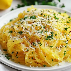 - 1 mittelgroßer Spaghetti-Kürbis - 4 Esslöffel Olivenöl - 4 Knoblauchzehen, fein gehackt - 1 Teelöffel zerdrückte rote Pfefferflocken (optional) - 1/2 Tasse geriebener Parmesan-Käse - Salz und Pfeffer nach Geschmack - Frische Petersilie, gehackt - Zeste von 1 Zitrone Der Spaghetti-Kürbis ist die Hauptzutat. Er hat eine feste Schale und ein süßes, faseriges Inneres. Diese Fasern sehen aus wie Spaghetti, wenn man sie mit einer Gabel auflockert. Für dieses Rezept brauchen wir auch Olivenöl, um den Kürbis zu rösten und ihm Geschmack zu geben. Der Knoblauch bringt ein tolles Aroma. Die roten Pfefferflocken sind optional. Sie geben einen kleinen Kick, wenn du es magst. Parmesan-Käse bringt eine cremige Note. Du kannst auch nach Geschmack Salz und Pfeffer hinzufügen. Für die Garnierung nehmen wir frische Petersilie. Sie sieht nicht nur schön aus, sondern bringt auch Frische ins Gericht. Die Zitronenzeste gibt eine spritzige Note. Das macht das Gericht besonders lecker! {{ingredient_image_2}} Heize deinen Ofen auf 200°C (400°F) vor. Nimm den Spaghetti-Kürbis und schneide ihn vorsichtig der Länge nach auf. Entferne die Samen und die faserigen Teile. Achte darauf, dass du nicht zu viel Fruchtfleisch verlierst. Das ist wichtig, um die besten "Nudeln" zu bekommen. Träufle zwei Esslöffel Olivenöl auf die Schnittflächen des Kürbisses. Würze die Flächen mit Salz und Pfeffer. Leg die Kürbishälften mit der Schnittseite nach unten auf ein mit Backpapier ausgelegtes Backblech. Röste den Kürbis für etwa 40 bis 45 Minuten. Er ist fertig, wenn das Fleisch zart ist und leicht mit einer Gabel durchstochen werden kann. Während der Kürbis röstet, erhitze die restlichen zwei Esslöffel Olivenöl in einer Pfanne. Gib die fein gehackten Knoblauchzehen und die zerdrückten roten Pfefferflocken in die Pfanne. Brate alles für etwa zwei bis drei Minuten an. Achte darauf, dass der Knoblauch nicht bräunt, nur duftet. Nehme den Kürbis aus dem Ofen und lasse ihn kurz abkühlen. Lockere die Innenseite des Kürbisses mit einer Gabel auf, um die Spaghetti-ähnlichen Nudeln zu erzeugen. Füge die Knoblauchmischung zu den Nudeln hinzu und vermenge alles gut. Rühre den geriebenen Parmesan und die Zitronenzeste unter. Mische alles, bis es gut verteilt ist. Dein köstlicher Genuss ist nun bereit! Um den Kürbis richtig zu rösten, heizen Sie den Ofen auf 200°C vor. Halbe Kürbisse sollten mit der Schnittfläche nach unten auf ein Blech gelegt werden. Rösten Sie sie 40 bis 45 Minuten. So wird das Fleisch zart, aber nicht matschig. Wenn Sie etwas Biss mögen, können Sie die Kochzeit um 5 Minuten verkürzen oder verlängern. Verwenden Sie frisch gehackten Knoblauch für den besten Geschmack. Er bringt die Aromen besser zur Geltung. Wenn Sie keinen frischen Knoblauch haben, können Sie auch Knoblauchpulver verwenden. Dieses hat nicht den gleichen Geschmack, ist aber eine schnelle Lösung. Wählen Sie einen hochwertigen Parmesan. Dieser bringt den besten Geschmack in Ihr Gericht. Achten Sie auf die Reifung, je älter, desto aromatischer. Für eine vegane Option können Sie veganen Parmesan verwenden. Dieser hat meist einen nussigen Geschmack und passt gut zu den anderen Aromen. Pro Tipps Kürbis richtig schneiden: Achten Sie darauf, ein scharfes Messer zu verwenden, um den Spaghetti-Kürbis sicher und gleichmäßig zu schneiden. Olivenöl variieren: Experimentieren Sie mit verschiedenen Ölen wie Avocado- oder Knoblauchöl für einen zusätzlichen Geschmackskick. Parmesan frisch reiben: Verwenden Sie frisch geriebenen Parmesan anstelle von vorgeriebenem Käse, um den besten Geschmack und die beste Textur zu erzielen. Zitronenzeste perfekt vorbereiten: Verwenden Sie einen Zestenreißer, um die Zeste gleichmäßig und ohne die bittere weiße Schicht zu erhalten. {{image_4}} Du kannst das Gericht interessanter machen, indem du mehr Gemüse hinzufügst. Spinat passt gut zu Knoblauch und Parmesan. Cherry-Tomaten bringen eine süße Note. Diese Vielfalt macht dein Gericht bunt und lecker. Eine mediterrane Variante ist ebenfalls eine tolle Idee! Füge Oliven hinzu. Sie geben dem Gericht eine salzige Tiefe. Du kannst schwarze oder grüne Oliven verwenden. Beide Varianten sind köstlich. Experimentiere mit Kräutern, um mehr Geschmack zu erzielen. Thymian und Oregano sind tolle Optionen. Diese Kräuter fügen ein frisches Aroma hinzu. Zitronensaft gibt dem Gericht eine spritzige Frische. Ein Spritzer über die fertigen Spaghetti sorgt für einen tollen Kick. Probiere es aus, um zu sehen, wie sich der Geschmack verändert! Das Gericht wird noch besser, wenn du Protein hinzufügst. Hähnchen ist eine gute Wahl. Es schmeckt gut mit den Aromen des Kürbisses. Wenn du eine Meeresfrüchte-Option möchtest, füge Garnelen hinzu. Sie sind schnell zuzubereiten und sehr schmackhaft. Für eine pflanzliche Option kannst du Kichererbsen verwenden. Sie geben dir die nötige Fülle und einen tollen Geschmack. Experimentiere mit diesen Ideen für dein perfektes Essen! Um Reste von Knoblauch-Parmesan-Spaghetti-Kürbis zu lagern, folge diesen einfachen Tipps: - Kühlschranklagerung: Lege die Reste in einen luftdichten Behälter. So bleibt der Kürbis frisch. Er hält sich für etwa 3 bis 5 Tage im Kühlschrank. - Gefrieroptionen: Wenn du länger aufbewahren möchtest, kannst du den Kürbis auch einfrieren. Fülle ihn in einen gefrierfesten Behälter oder einen Beutel. So bleibt er bis zu 3 Monate gut. Zum Wiedererwärmen ohne Qualitätsverlust, gehe so vor: - Beste Methoden: Erhitze den Kürbis in der Mikrowelle oder in einer Pfanne. Wenn du die Pfanne wählst, füge etwas Olivenöl hinzu, um das Gericht lebendig zu machen. - Tipps zur Vermeidung von matschigem Kürbis: Achte darauf, nicht zu viel Wasser hinzuzufügen. Das hält die Konsistenz schön fest. Wenn du den Kürbis in der Mikrowelle erwärmst, nutze eine niedrige Leistung. So wird der Kürbis gleichmäßig warm ohne zu viel Dampf. Es dauert etwa 40 bis 45 Minuten, einen Spaghetti-Kürbis zu rösten. Heize den Ofen auf 200°C vor. Schneide den Kürbis in zwei Hälften, entferne die Kerne und würze ihn. Lege die Hälften mit der Schnittseite nach unten auf ein Blech. Röste den Kürbis, bis er zart ist und leicht mit einer Gabel durchstochen werden kann. Ja, du kannst den Spaghetti-Kürbis im Voraus zubereiten. Koche ihn und lass ihn abkühlen. Bewahre die gekochten Kürbisnudeln in einem luftdichten Behälter im Kühlschrank auf. So bleibt er bis zu vier Tage frisch. Du kannst ihn auch einfrieren, wenn du ihn länger lagern möchtest. Spaghetti-Kürbis passt gut zu vielen Beilagen. Probiere ihn mit gebratenem Gemüse, einer leichten Tomatensauce oder einem frischen Salat. Auch gegrilltes Hähnchen oder Garnelen ergänzen das Gericht perfekt. Füge frische Kräuter wie Basilikum oder Petersilie hinzu, um den Geschmack zu verbessern. Ja, Spaghetti-Kürbis ist sehr gesund. Er ist kalorienarm und reich an Ballaststoffen. Der Kürbis enthält auch Vitamine wie A und C. Diese Nährstoffe unterstützen das Immunsystem und die Hautgesundheit. Außerdem ist er glutenfrei, was ihn ideal für viele Ernährungsweisen macht. Zusammenfassend haben wir gelernt, wie man einen köstlichen Spaghetti-Kürbis zubereitet. Wir haben die Hauptzutaten und Toppings besprochen sowie die Schritt-für-Schritt-Anleitung zur Zubereitung. Ich habe dir Tipps gegeben, wie du den Geschmack verbessern und das Gericht variieren kannst. Denke daran, dass Aufbewahrung und Wiedererwärmung wichtig sind, um die Frische zu erhalten. Mit diesen einfachen Schritten und Ideen kannst du ein leckeres Gericht kreieren. Viel Spaß beim Kochen und Experimentieren!
