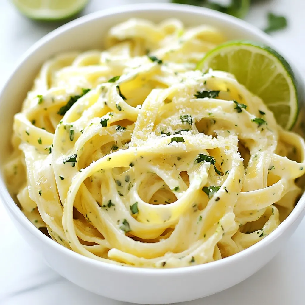 Hier sind die Zutaten für die cremige Koriander-Limetten-Pasta. Mit diesen frischen und einfachen Zutaten machst du ein tolles Gericht. - 225 g Fettuccine oder Spaghetti - 1 Esslöffel Olivenöl - 3 Knoblauchzehen, gehackt - 240 ml Sahne - 50 g geriebener Parmesan - 60 g frischer Koriander, gehackt (plus mehr für die Garnitur) - Schale und Saft von 2 Limetten - Salz und Pfeffer nach Geschmack - Rote Pfefferflocken (optional) Jede Zutat trägt zum Gesamtgeschmack bei. Die Pasta sorgt für die Basis. Das Olivenöl bringt einen feinen Geschmack. Knoblauch sorgt für ein tolles Aroma. Sahne macht die Soße reichhaltig. Parmesan fügt einen herzhaften Touch hinzu. Der Koriander gibt Frische. Limette bringt einen spritzigen Kick. Salz und Pfeffer runden alles ab. Rote Pfefferflocken sind für einen zusätzlichen Schärfekick. Du kannst die Zutaten leicht anpassen. Wenn du keine Fettuccine magst, verwende einfach Spaghetti. Alle diese Zutaten sind einfach zu finden. So kannst du schnell mit dem Kochen beginnen. {{ingredient_image_2}} - Bringen Sie einen großen Topf mit gesalzenem Wasser zum Kochen. - Fügen Sie die Fettuccine hinzu und kochen Sie sie al dente. - Bewahren Sie 120 ml des Nudelwassers auf, bevor Sie die Pasta abgießen. Pasta zu kochen ist einfach. Das Wasser muss sprudelnd kochen. Die Fettuccine braucht etwa 8 bis 10 Minuten. Wenn die Pasta fertig ist, heben Sie das Wasser auf. Es hilft später, die Soße zu verdünnen. - Erhitzen Sie das Olivenöl in einer großen Pfanne. - Fügen Sie den gehackten Knoblauch hinzu und braten Sie ihn kurz an. Hier kommt der aromatische Geschmack! Wenn das Olivenöl heiß ist, geben Sie den Knoblauch dazu. Braten Sie ihn nicht zu lange, nur etwa eine Minute. So bleibt er zart und duftet. - Gießen Sie die Sahne in die Pfanne und lassen Sie sie sanft simmern. - Rühren Sie den Parmesan unter, bis er geschmolzen ist. Jetzt wird es cremig! Die Sahne muss sanft erhitzt werden. Wenn sie dampft, mischen Sie den Parmesan hinein. Rühren Sie gut um, bis die Soße glatt ist. - Fügen Sie den Koriander, die Limettenschale und den Limettensaft hinzu. - Würzen Sie die Soße mit Salz, Pfeffer und optionalen roten Pfefferflocken. Hier kommt das Beste! Der Koriander gibt Frische. Der Limettensaft bringt eine tolle Säure. Vergessen Sie nicht zu würzen! Die roten Pfefferflocken sind für den kleinen Kick. - Geben Sie die gekochte Pasta in die Pfanne und vermengen Sie sie gründlich. - Lassen Sie alles 2-3 Minuten köcheln. Mischen Sie die Pasta gut mit der Soße. Jede Nudel sollte die cremige Soße berühren. Die Aromen verbinden sich, wenn Sie alles einige Minuten köcheln lassen. - Teilen Sie die Pasta auf Teller auf. - Garnieren Sie sie mit Koriander, Limettenschnitzen und Parmesan. Servieren Sie die Pasta heiß. Die Garnitur macht es schön und einladend. Koriander und Limettenschnitze sind nicht nur hübsch, sie bringen auch mehr Geschmack. Um die Soße perfekt zu machen, ist Nudelwasser dein bester Freund. Bevor du die Pasta abgießt, hebst du 120 ml des Nudelwassers auf. Das Wasser enthält Stärke, die hilft, die Soße zu binden. Wenn die Soße zu dick ist, füge einfach etwas Nudelwasser hinzu. Rühre gut um, bis du die gewünschte Konsistenz erreichst. So wird die Soße schön cremig und haftet perfekt an der Pasta. Du kannst die Aromen dieser Pasta ganz leicht variieren. Füge frische Kräuter wie Petersilie oder Basilikum hinzu. Auch etwas Zitronenschale kann einen frischen Kick geben. Wenn du es schärfer magst, sind rote Pfefferflocken eine tolle Wahl. Experimentiere mit verschiedenen Gewürzen, um deine eigene Note zu finden. So bleibt das Gericht spannend und neu. Zeitmanagement ist beim Kochen wichtig. Während die Pasta kocht, kannst du die Soße zubereiten. So sparst du Zeit und die Pasta bleibt warm. Achte darauf, die Pasta al dente zu kochen, damit sie nicht zu weich wird. Wenn du beide Komponenten gleichzeitig zubereitest, kannst du sicherstellen, dass alles frisch und lecker ist. So wird deine cremige Koriander-Limetten-Pasta perfekt! Pro Tipps Pasta nicht überkochen: Achte darauf, die Pasta al dente zu kochen. Sie sollte beim Biss noch etwas Festigkeit haben, da sie beim Mischen mit der Soße weitergart. Frische Kräuter hinzufügen: Verwende frischen Koriander, um den Geschmack zu intensivieren. Du kannst auch andere frische Kräuter wie Basilikum oder Petersilie ausprobieren. Sahne ersetzen: Für eine leichtere Variante kannst du die Sahne durch griechischen Joghurt oder eine pflanzliche Sahnealternative ersetzen, um den Fettgehalt zu reduzieren. Limettenzeste für mehr Geschmack: Die Limettenschale verstärkt das Aroma der Soße. Reibe sie frisch, um den besten Geschmack zu erzielen, und achte darauf, nur den grünen Teil zu verwenden. {{image_4}} Wenn du eine vegane Version dieser Pasta machen möchtest, gibt es tolle Alternativen. Statt Sahne kannst du Kokosmilch oder Cashewcreme verwenden. Beide geben der Soße eine schöne Cremigkeit. Für den Parmesan nimmst du einfach Hefeflocken. Diese sorgen für einen würzigen Geschmack. Du kannst auch eine vegane Käsealternative wählen, die schmilzt und gut schmeckt. Um mehr Proteine zu deiner cremigen Koriander-Limetten-Pasta hinzuzufügen, probiere Hühnchen, Garnelen oder Tofu. Wenn du Hühnchen nimmst, brate es einfach in der Pfanne an, bevor du den Knoblauch hinzufügst. Garnelen kannst du kurz in der Soße garen, bis sie rosa sind. Tofu lässt sich gut anbraten und passt wunderbar in das Gericht. Diese Optionen sorgen für mehr Fülle und machen die Pasta noch nahrhafter. Füge saisonales Gemüse oder Blattgemüse hinzu, um die Pasta bunter und gesünder zu machen. Zucchini oder Paprika passen gut. Du kannst sie einfach mit dem Knoblauch anbraten. Spinat oder Rucola kannst du am Ende unter die Pasta mischen. So bleibt das Gemüse frisch und knackig. Diese Variationen bringen neue Aromen und Nährstoffe in dein Gericht. Um die cremige Koriander-Limetten-Pasta frisch zu halten, lagere sie in einem luftdichten Behälter im Kühlschrank. Sie bleibt dort bis zu drei Tage haltbar. Achte darauf, dass die Pasta gut abgekühlt ist, bevor du sie verpackst. So vermeidest du Kondenswasser und Schimmelbildung. Es ist wichtig, die Pasta nicht zu lange stehen zu lassen, damit der frische Geschmack erhalten bleibt. Wenn du deine Pasta aufwärmen möchtest, kannst du das in der Mikrowelle oder in einer Pfanne tun. - Mikrowelle: Stelle die Pasta in eine mikrowellengeeignete Schüssel. Füge einen Esslöffel Wasser hinzu, um die Feuchtigkeit zu erhöhen. Decke die Schüssel mit einem Mikrowellendeckel oder einem feuchten Papiertuch ab. Erhitze sie in 30-Sekunden-Intervallen, bis sie warm ist. Rühre zwischendurch um, um eine gleichmäßige Erwärmung zu gewährleisten. - Pfanne: Erhitze die Pasta in einer Pfanne bei mittlerer Hitze. Füge etwas Sahne oder Nudelwasser hinzu, um die Soße wieder cremig zu machen. Rühre gut um, bis alles gleichmäßig warm ist. So bleibt der cremige Geschmack der Pasta erhalten, und du kannst sie genießen, als wäre sie frisch zubereitet. Die Zubereitung dieser Pasta dauert insgesamt 25 Minuten. Die Vorbereitungszeit beträgt etwa 10 Minuten. In dieser Zeit kannst du die Zutaten sammeln und die Pasta kochen. Die Kochzeit für die Fettuccine oder Spaghetti ist meist 10 bis 12 Minuten, je nach Packungsanweisung. Ja, du kannst die Pasta im Voraus zubereiten. Koche die Nudeln und bereite die Soße. Lasse alles abkühlen und stelle es in den Kühlschrank. Wenn du servieren möchtest, wärme die Pasta in einer Pfanne auf. Füge eventuell etwas Nudelwasser hinzu, um die Soße cremig zu halten. Zu dieser cremigen Koriander-Limetten-Pasta passen viele Beilagen. Hier sind einige Ideen: - Ein frischer grüner Salat mit Limetten-Dressing. - Gegrilltes Gemüse für mehr Geschmack. - Knuspriges Baguette, um die Soße aufzutunken. - Gegrillte Hähnchenbrust für zusätzliches Protein. Ja, die Pasta kann an verschiedene Diäten angepasst werden. Um sie glutenfrei zu machen, wähle glutenfreie Nudeln. Für vegane Optionen kannst du die Sahne durch Kokosmilch oder pflanzliche Sahne ersetzen. Verwende veganen Käse oder lasse den Parmesan ganz weg. Diese cremige Koriander-Limetten-Pasta ist leicht zuzubereiten und voller Geschmack. Wir haben die Zutaten, die Zubereitung und nützliche Tipps besprochen. Diese Pasta lässt sich auch einfach variieren und anpassen. Egal, ob du sie vegan machst oder mit Proteinen ergänzt, es bleibt ein Genuss. Denke daran, die Pasta gut zu lagern und die Reste clever aufzuwärmen. Probiere die Rezepte aus und entdecke, wie einfach gutes Essen sein kann!