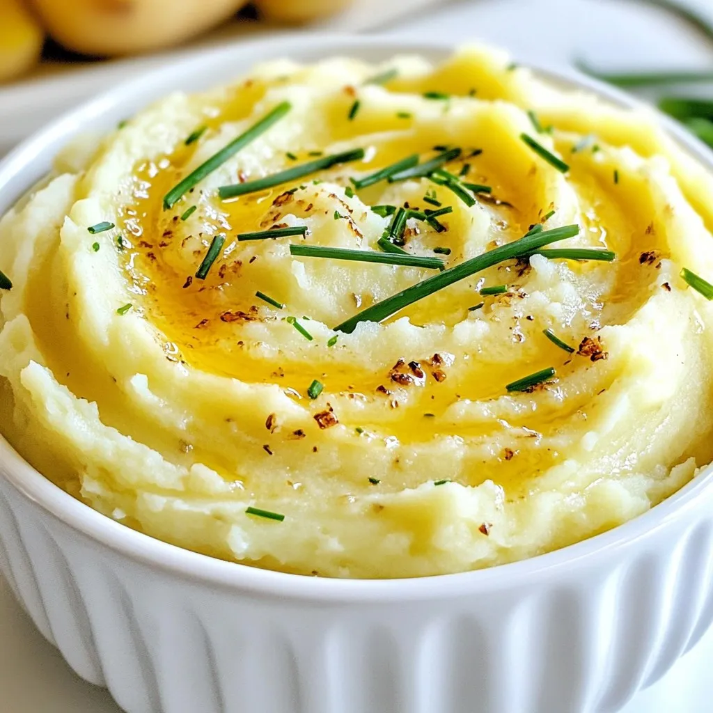 Für cremige Knoblauch-Stampfkartoffeln benötigen Sie nur einige wenige, aber wichtige Zutaten. Hier sind die Hauptbestandteile: - 900 g Yukon-Gold-Kartoffeln, geschält und in Würfel geschnitten - 1 ganze Knoblauchzehe - 240 ml Schlagsahne - 56 g ungesalzene Butter - Salz und Pfeffer nach Geschmack - 2 Esslöffel frische Schnittlauch, gehackt (zum Garnieren) - 1 Teelöffel Olivenöl Die Yukon-Gold-Kartoffeln sind ideal, da sie eine cremige Textur bieten. Sie sind perfekt zum Stampfen. Der Knoblauch wird geröstet, um einen süßen, reichen Geschmack zu entwickeln. Schlagsahne und Butter sorgen für die nötige Cremigkeit. Frischer Schnittlauch ist mehr als nur eine Garnitur. Er bringt Farbe und einen milden, zwiebelartigen Geschmack. Schnittlauch ergänzt den Knoblauch und die Kartoffeln perfekt. Ein bisschen Schnittlauch macht das Gericht einladender und frischer. Ich empfehle, den Schnittlauch erst kurz vor dem Servieren hinzuzufügen. So bleibt die Farbe schön. Salz und Pfeffer sind die Grundgewürze, die Sie nicht vergessen sollten. Sie helfen, die Aromen der Zutaten hervorzuheben. Ich rate, die Gewürze in kleinen Mengen hinzuzufügen, während Sie die Kartoffeln pürieren. Probieren Sie es aus und passen Sie die Menge nach Ihrem Geschmack an. Wenn Sie etwas mehr Würze möchten, können Sie auch eine Prise Muskatnuss hinzufügen. Es gibt den Stampfkartoffeln eine warme Note. {{ingredient_image_2}} Heize deinen Ofen auf 200 °C vor. Nimm eine ganze Knoblauchzehe und schneide die Spitze ab. So kannst du die Zehen später leichter herausdrücken. Beträufle den Knoblauch mit etwas Olivenöl. Wickele ihn fest in Aluminiumfolie ein. Lege den Knoblauch in den Ofen und röste ihn etwa 30 bis 35 Minuten. Wenn die Zehen weich und karamellisiert sind, ist er fertig. Während der Knoblauch röstet, nimm 900 g Yukon-Gold-Kartoffeln. Schäle sie und schneide sie in gleichmäßige Würfel. Gib die Kartoffeln in einen großen Topf und bedecke sie mit kaltem Wasser. Füge eine großzügige Prise Salz hinzu. Bringe das Wasser zum Kochen und reduziere dann die Hitze. Lass die Kartoffeln 15 bis 20 Minuten köcheln, bis sie weich sind. Wenn sie gar sind, gieße das Wasser ab und gib die Kartoffeln zurück in den Topf. Nimm die gerösteten Knoblauchzehen aus der Folie und drücke sie direkt zu den Kartoffeln. Füge 240 ml Schlagsahne und 56 g ungesalzene Butter hinzu. Zerdrücke alles zusammen mit einem Kartoffelstampfer oder einem Handmixer. So wird die Mischung schön glatt und cremig. Schmecke die Stampfkartoffeln mit Salz und Pfeffer ab. Rühre alles gut um, damit sich die Aromen verbinden. Genieß deine cremigen Knoblauch-Stampfkartoffeln warm. Garniere sie mit frischem, gehacktem Schnittlauch für einen tollen Farb- und Geschmacksakzent. Um die perfekte cremige Konsistenz zu erreichen, müssen Sie die Kartoffeln gut zerdrücken. Verwenden Sie einen Kartoffelstampfer oder einen Handmixer. Ich empfehle, die Mischung nicht zu lange zu bearbeiten. Zu viel Rühren kann die Kartoffeln gummiartig machen. Fügen Sie die Schlagsahne und die Butter nach und nach hinzu. So können Sie die Textur besser kontrollieren. Die Wahl der richtigen Kartoffeln ist wichtig. Yukon-Gold-Kartoffeln sind ideal für diese Art von Rezept. Sie haben einen hohen Stärkegehalt und sind von Natur aus cremig. Diese Sorte bringt einen süßen, butterartigen Geschmack mit. Vermeiden Sie mehlige Sorten wie Russets, da diese nicht die gewünschte Konsistenz bieten. Ein häufiger Fehler ist, die Kartoffeln zu früh zu stampfen. Lassen Sie sie zuerst gut abtropfen. Wenn zu viel Wasser bleibt, werden die Kartoffeln wässrig. Auch das Hinzufügen von kalten Zutaten kann die Cremigkeit beeinträchtigen. Sorgen Sie dafür, dass die Butter und die Sahne Raumtemperatur haben. Diese Tipps helfen Ihnen, perfekte cremige Knoblauch-Stampfkartoffeln zuzubereiten. Pro Tipps Die richtige Kartoffelsorte wählen: Yukon Gold-Kartoffeln sind ideal für cremige Stampfkartoffeln, da sie eine natürliche Süße und eine butterartige Textur haben. Knoblauch richtig rösten: Achten Sie darauf, den Knoblauch vollständig in Folie einzuwickeln, damit er gleichmäßig weich und karamellisiert wird. Für extra Cremigkeit sorgen: Verwenden Sie einen Handmixer, um die Kartoffeln noch fluffiger zu machen. Das gibt Ihnen eine besonders luftige Konsistenz. Die richtige Gewürzmischung: Schmecken Sie die Stampfkartoffeln mit Salz und frisch gemahlenem Pfeffer ab, um die Aromen zu intensivieren und zu harmonisieren. {{image_4}} Um Ihre cremigen Knoblauch-Stampfkartoffeln noch besser zu machen, fügen Sie Käse hinzu. Cheddar oder Parmesan geben einen tollen Geschmack. Sie können auch mehr Sahne verwenden, um die Konsistenz noch cremiger zu machen. Gewürze wie Muskatnuss oder Paprika bringen eine neue Note. Probieren Sie, etwas von diesen Zutaten hinzuzufügen, um Ihre eigene Variante zu schaffen. Wenn Sie eine vegane Version möchten, ersetzen Sie die Butter durch pflanzliche Margarine. Nutzen Sie auch Hafer- oder Mandeldrink anstelle der Sahne. Diese Alternativen geben Ihnen eine gute Konsistenz und den nötigen Geschmack. Sie können auch Cashew-Nüsse einweichen und pürieren, um eine besonders cremige Mischung zu erreichen. In den kälteren Monaten können Sie zusätzliche Aromen hinzufügen. Kürbis oder Süßkartoffeln sind tolle Ergänzungen. Diese Zutaten geben eine süßliche Note und machen das Gericht nahrhafter. Fügen Sie in der Herbstzeit etwas Zimt oder Muskatnuss hinzu. Im Winter sind geröstete Haselnüsse oder Walnüsse eine schöne Option. Diese Variationen machen die Stampfkartoffeln zu einem besonderen Erlebnis. Wenn du Reste von deinen cremigen Knoblauch-Stampfkartoffeln hast, bewahre sie am besten in einem luftdichten Behälter auf. Lass die Kartoffeln zuerst auf Raumtemperatur abkühlen, bevor du sie in den Kühlschrank stellst. So vermeidest du, dass sich Kondenswasser bildet. Du kannst die Reste bis zu drei Tage im Kühlschrank aufbewahren. Um die Stampfkartoffeln wieder warm zu machen, gibt es einige einfache Methoden. Du kannst sie in einem Topf auf dem Herd bei mittlerer Hitze aufwärmen. Füge einen Schuss Milch oder Sahne hinzu, damit sie nicht austrocknen. Rühre gut um, bis sie heiß sind. Alternativ kannst du die Kartoffeln auch in der Mikrowelle aufwärmen. Verwende dazu eine passende Schüssel und decke sie mit einem feuchten Tuch ab, um die Feuchtigkeit zu halten. Im Kühlschrank halten sich die Stampfkartoffeln etwa drei Tage. Wenn du sie länger aufbewahren möchtest, friere sie ein. Fülle die Kartoffeln in einen gefriergeeigneten Behälter oder in einen Gefrierbeutel. Achte darauf, die Luft gut herauszudrücken, um Gefrierbrand zu vermeiden. Im Gefrierschrank sind sie bis zu drei Monate haltbar. Um sie aufzutauen, lasse sie über Nacht im Kühlschrank oder erwärme sie direkt im Topf oder in der Mikrowelle. Cremige Knoblauch-Stampfkartoffeln sind im Kühlschrank etwa drei bis fünf Tage haltbar. Achte darauf, sie in einem luftdichten Behälter zu lagern. Wenn du sie länger aufbewahren möchtest, kannst du sie einfrieren. Im Gefrierschrank halten sie bis zu drei Monate. Achte darauf, sie gut zu verpacken, um Gefrierbrand zu vermeiden. Ja, du kannst die Kartoffeln im Voraus zubereiten. Koche die Kartoffeln und mache die Mischung wie beschrieben. Lass sie abkühlen und lagere sie im Kühlschrank. Wenn du sie servieren möchtest, erwärme sie sanft auf dem Herd oder in der Mikrowelle. Füge bei Bedarf etwas zusätzliche Sahne oder Butter hinzu, um die Cremigkeit zu erhalten. Cremige Knoblauch-Stampfkartoffeln passen hervorragend zu vielen Gerichten. Hier sind einige tolle Beilagen: - Gegrilltes Fleisch, wie Hähnchen oder Rindfleisch - Gebratenes Gemüse, wie grüne Bohnen oder Karotten - Fischgerichte, besonders Lachs oder Forelle - Ein frischer Salat für einen knackigen Kontrast Diese Kombinationen bringen die Aromen der Stampfkartoffeln wirklich zur Geltung. Cremige Knoblauch-Stampfkartoffeln sind einfach zuzubereiten und lecker. Wir haben die Hauptzutaten, die Zubereitung und die besten Tipps betrachtet. Variationen und Lagerinfos helfen dir, das Beste aus deinen Kartoffeln herauszuholen. Denke daran, die richtige Kartoffelsorte zu wählen und häufige Fehler zu vermeiden. Mit diesen Tricks gelingen dir die perfekten, cremigen Stampfkartoffeln jedes Mal. Probiere es aus und genieße dieses köstliche Gericht!