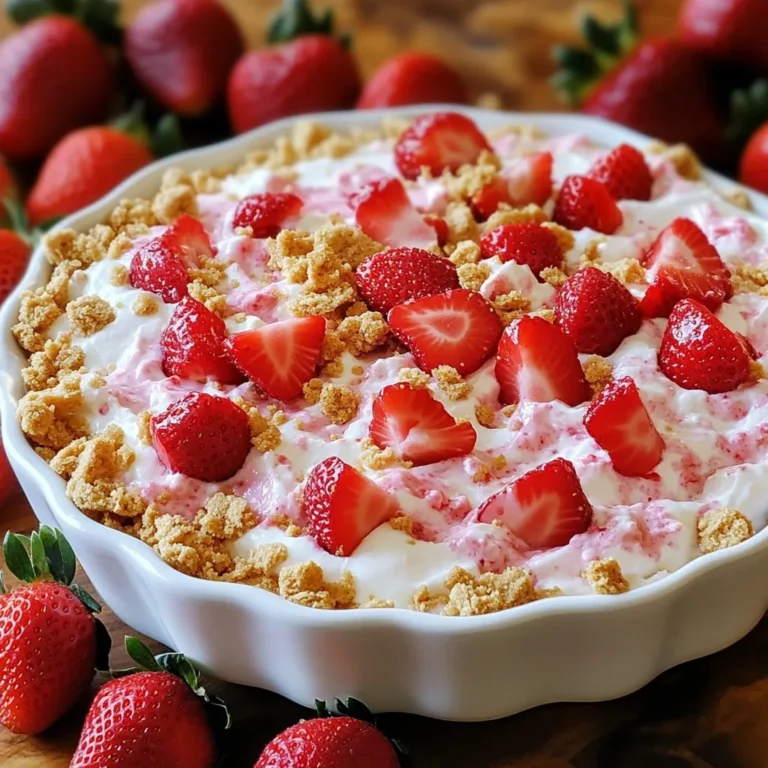 Um einen leckeren Erdbeer-Cheesecake-Dip zuzubereiten, benötigst du folgende Zutaten: - 225 g Frischkäse, weich und zimmerwarm - 60 g Puderzucker - 1 Teelöffel Vanilleextrakt - 120 g Sauerrahm - 180 g frische Erdbeeren, gewürfelt - 30 g zerbröselte Graham-Cracker Diese Zutaten sorgen für eine cremige und süße Basis. Der Frischkäse bringt eine tolle Textur, während der Puderzucker die Süße liefert. Der Sauerrahm gibt dem Dip eine angenehme Frische, die perfekt mit den Erdbeeren harmoniert. Um den Dip noch besser zu machen, kannst du einige Garnituren hinzufügen: - Zusätzliche frische Erdbeeren zur Garnitur - Graham-Cracker zum Eintauchen - Geschnittenes Obst wie Äpfel und Bananen Die Garnituren machen den Dip nicht nur schöner, sondern auch abwechslungsreicher. Es macht Spaß, verschiedene Snacks zu probieren. Du kannst die Zutaten nach deinem Geschmack anpassen. Hier sind einige Ideen: - Verwende andere Früchte wie Himbeeren oder Pfirsiche. - Versuch, den Frischkäse mit griechischem Joghurt zu ersetzen, für eine leichtere Variante. - Füge etwas Schokoladenstückchen hinzu, wenn du Schokolade magst. Mit diesen Variationen kannst du den Dip ganz nach deinem Geschmack gestalten. Das gibt dir die Freiheit, neue Kombinationen zu entdecken. {{ingredient_image_2}} Zuerst nimmst du 225 g Frischkäse. Er sollte weich und zimmerwarm sein. Gib den Frischkäse in eine große Schüssel. Benutze einen Handmixer, um ihn glatt zu schlagen. Achte darauf, keine Klumpen zu lassen. Das Ziel ist eine cremige Basis. Füge 60 g Puderzucker und 1 Teelöffel Vanilleextrakt hinzu. Mixe weiter, bis die Mischung leicht ist. Dann kommt 120 g Sauerrahm dazu. Rühre vorsichtig, bis alles gut vermischt ist. Die Konsistenz soll gleichmäßig sein. Jetzt sind wir fast fertig! Nehme 180 g frische Erdbeeren und würfle sie. Hebe die Erdbeeren sanft unter die Mischung. Jetzt verteile 30 g zerbröselte Graham-Cracker auf der Oberfläche. Das gibt eine schöne Textur. Fülle den Dip in eine dekorative Schüssel. Lass ihn mindestens 30 Minuten im Kühlschrank stehen. So können sich die Aromen gut vermischen. Um die beste Konsistenz für deinen Erdbeer-Cheesecake-Dip zu erreichen, achte auf die Temperatur der Zutaten. Der Frischkäse sollte weich sein, damit er sich leicht vermischen lässt. Mixe ihn zuerst gründlich, bis er ganz glatt ist. Füge dann den Puderzucker und das Vanilleextrakt hinzu. Diese Schritte helfen, eine luftige und cremige Basis zu schaffen. Wenn dein Dip zu fest ist, kannst du mehr Sauerrahm hinzufügen. Das macht ihn weicher und einfacher zu dippen. Ist er zu flüssig? Dann mische etwas mehr Frischkäse oder Graham-Cracker unter. So findest du die perfekte Balance. Die Präsentation macht den Dip noch einladender. Serviere ihn in einer schönen Schüssel. Du kannst frische Erdbeeren um die Schüssel herum anrichten. Das sieht toll aus und gibt den Gästen eine Idee, was sie dippen können. Streue die zerbröselten Graham-Cracker oben drauf. Sie bieten eine schöne Textur und einen tollen Kontrast. Wenn du magst, kannst du auch einige Erdbeeren als Garnitur verwenden. Das macht den Dip noch frischer und ansprechender. Für den perfekten Genuss solltest du verschiedene Snacks zum Dippen anbieten. Graham-Cracker sind ein Muss! Sie passen gut zu dem süßen Dip. Frisches Obst wie geschnittene Äpfel oder Bananen sind ebenfalls eine tolle Wahl. Diese Früchte bringen ein anderes Aroma ins Spiel und sind sehr gesund. Du kannst auch Mini-Kekse oder Brezeln ausprobieren. Sie bieten eine knackige Textur, die gut mit dem cremigen Dip harmoniert. Egal, was du wählst, es wird sicher lecker! Pro Tipps Frischkäse richtig vorbereiten: Stelle sicher, dass der Frischkäse zimmerwarm ist, damit er sich leichter cremig schlagen lässt. Variationen mit Früchten: Probiere auch andere Früchte wie Himbeeren oder Blaubeeren aus, um dem Dip eine neue Geschmacksrichtung zu geben. Graham-Cracker-Alternativen: Verwende zerbröselte Kekse oder Nüsse für eine glutenfreie Variante des Dips. Für einen intensiveren Geschmack: Lass den Dip länger im Kühlschrank, um die Aromen besser zur Geltung zu bringen. {{image_4}} Du kannst den Erdbeer-Cheesecake-Dip leicht abwandeln. Verwende andere Früchte für einen neuen Geschmack. Hier sind einige gute Optionen: - Himbeeren - Blaubeeren - Pfirsiche - Mangos Jede Frucht bringt ihren eigenen Geschmack und ihre eigene Farbe ins Spiel. Probiere, wie die Textur und der Geschmack sich ändern. Wenn du eine vegane Version möchtest, gibt es tolle Alternativen. Ersetze den Frischkäse durch vegane Frischkäse-Alternativen. Nutze auch pflanzlichen Sauerrahm, um die Creme zu erhalten. Hier ist, was du brauchst: - 225 g veganer Frischkäse - 120 g pflanzlicher Sauerrahm - Puderzucker und Vanilleextrakt bleiben gleich Du wirst überrascht sein, wie lecker dieser vegane Dip sein kann! Möchtest du deinen Dip noch aufregender machen? Experimentiere mit verschiedenen Geschmäckern. Hier sind einige Ideen: - Füge Kakaopulver für einen schokoladigen Dip hinzu. - Rühre etwas Karamellsauce unter, um süße Noten zu bekommen. - Probiere auch Zimt oder geröstete Nüsse für einen besonderen Twist. Diese Geschmacksvariationen machen den Dip zu einem echten Highlight bei jeder Feier! Um deinen Erdbeer-Cheesecake-Dip frisch zu halten, verwende einen luftdichten Behälter. Stelle sicher, dass der Dip vollständig abgekühlt ist, bevor du ihn abdeckst. So verhinderst du, dass sich Kondenswasser bildet. Lagere den Dip im Kühlschrank. So bleibt er lecker und cremig. Im Kühlschrank hält sich der Dip bis zu fünf Tage. Achte darauf, dass du ihn gut verpackst. Wenn du den Dip länger aufbewahren möchtest, kannst du ihn auch einfrieren. Beachte jedoch, dass die Textur beim Auftauen leicht verändert sein kann. Wenn du den Dip wieder aufwärmen möchtest, kannst du ihn sanft in der Mikrowelle erhitzen. Stelle die Mikrowelle auf niedrige Stufe und erwärme ihn in kurzen Intervallen. Rühre zwischendurch um, damit er gleichmäßig warm wird. Füge einen Esslöffel Sauerrahm hinzu, um die Cremigkeit zu verbessern. Ja, gefrorene Erdbeeren sind eine gute Wahl. Sie sind praktisch und oft günstig. Achte darauf, sie vorher aufzutauen und gut abzutropfen. So wird der Dip nicht zu wässrig. Wenn du gefrorene Erdbeeren nimmst, schmeckt der Dip trotzdem lecker. Der Dip hält sich gut im Kühlschrank. Du kannst ihn bis zu drei Tage aufbewahren. Stelle sicher, dass du ihn in einem luftdichten Behälter lagerst. So bleibt er frisch und cremig. Vor dem Servieren kannst du ihn kurz umrühren, um die Konsistenz zu verbessern. Wenn dein Dip zu flüssig ist, gibt es Lösungen. Du kannst mehr Frischkäse oder Sauerrahm hinzufügen. Das macht ihn dicker. Eine andere Möglichkeit ist, mehr Graham-Cracker-Brösel unterzumischen. Diese absorbieren die Flüssigkeit und fügen Textur hinzu. Probiere es aus, bis du die richtige Konsistenz erreichst. In diesem Artikel habe ich die wichtigsten Zutaten für den Erdbeer-Cheesecake-Dip vorgestellt. Ich erklärte, wie man die Zutaten richtig mischt und Tipps für die perfekte Konsistenz gibt. Ihr könnt die Rezepte variieren, um neue Geschmäcker auszuprobieren. Denkt daran, den Dip richtig zu lagern, damit er lange frisch bleibt. Mit diesen Informationen seid ihr nun bereit, euren eigenen köstlichen Dip zu machen. Viel Spaß beim Ausprobieren!