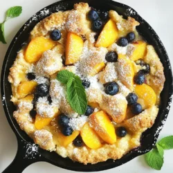 - 2 Tassen Blaubeeren - 2 Tassen Pfirsiche, geschält und in Scheiben geschnitten - 1/2 Tasse Kristallzucker - 1 Teelöffel Vanilleextrakt - 1 Teelöffel gemahlener Zimt - 1 Tasse Weizenmehl - 1 Esslöffel Backpulver - 1/4 Teelöffel Salz - 1/4 Tasse ungesalzene Butter, geschmolzen - 1/2 Tasse Milch - 1 Esslöffel Zitronensaft - Vanilleeis (zum Servieren, optional) Um einen perfekten Blaubeer-Pfirsich-Cobbler zu machen, sind frische Zutaten wichtig. Die Blaubeeren geben eine süße, saftige Note. Die Pfirsiche bringen Frische und einen leichten Pfirsichgeschmack. Der Zucker hilft, die Süße der Früchte zu verstärken und macht die Füllung köstlich. Vanilleextrakt und Zimt geben dem Cobbler zusätzlichen Geschmack. Ein einfacher Teig aus Mehl, Backpulver, Salz und Butter macht die Oberseite leicht und flauschig. Milch und Zitronensaft sorgen für die richtige Konsistenz. Wenn du es magst, füge eine Kugel Vanilleeis hinzu, wenn du servierst. Das Eis schmilzt und macht jedes Stück noch leckerer. - Gusseisenpfanne - Rührschüssel - Backofen Für dieses Rezept brauchst du eine Gusseisenpfanne. Diese Pfanne speichert die Wärme gut und gibt dem Cobbler eine tolle Kruste. Eine große Rührschüssel ist wichtig, um die Früchte und die Teigzutaten gut zu vermischen. Dein Backofen sollte auf 175°C (350°F) vorgeheizt sein, damit der Cobbler gleichmäßig backt. {{ingredient_image_2}} Heizen Sie Ihren Ofen auf 175°C vor. Stellen Sie eine 25 cm große Gusseisenpfanne in den Ofen, während er sich aufheizt. Dies hilft, die Pfanne gleichmäßig zu warmen, was wichtig für das Backen ist. Nehmen Sie eine große Rührschüssel. Mischen Sie hier die 2 Tassen Blaubeeren und die 2 Tassen geschnittene Pfirsiche. Fügen Sie 1/4 Tasse Kristallzucker, 1 Teelöffel Vanilleextrakt und 1 Teelöffel gemahlenen Zimt hinzu. Rühren Sie vorsichtig, bis die Früchte gut bedeckt sind. Stellen Sie die Mischung beiseite, damit die Aromen sich entfalten können. In einer separaten Schüssel vermengen Sie 1 Tasse Weizenmehl, 1 Esslöffel Backpulver, 1/4 Teelöffel Salz und die restlichen 1/4 Tasse Kristallzucker. In einer anderen Schüssel kombinieren Sie 1/4 Tasse geschmolzene Butter, 1/2 Tasse Milch und 1 Esslöffel Zitronensaft. Gießen Sie die feuchten Zutaten in die trockenen. Rühren Sie vorsichtig, bis ein Teig entsteht. Achten Sie darauf, nicht zu übermixen, um die richtige Textur zu erreichen. Um die perfekte Textur zu bekommen, ist es wichtig, dass Sie den Teig nicht übermischen. Wenn Sie die trockenen und feuchten Zutaten kombinieren, rühren Sie nur so lange, bis alles gerade vermischt ist. Kleine Klumpen im Teig sind in Ordnung. Übermäßiges Rühren kann zu einem dichten Cobbler führen. Die Backzeit ist entscheidend für das perfekte Ergebnis. Backen Sie den Cobbler 30 bis 35 Minuten lang. Schauen Sie nach, ob die Oberseite goldbraun ist. Um sicherzustellen, dass er durch ist, stecken Sie einen Zahnstocher in die Mitte. Wenn er sauber herauskommt, ist der Cobbler fertig. Für den besten Genuss empfehle ich, den Cobbler warm zu servieren. Eine Kugel Vanilleeis passt perfekt dazu. Das kalte Eis schmilzt leicht und ergänzt die warmen Früchte. Servieren Sie den Cobbler direkt aus der Pfanne für ein rustikales Erlebnis. Garnieren Sie mit etwas Puderzucker und frischen Minzblättern für Farbe und Geschmack. Pro Tipps Frische Früchte verwenden: Verwenden Sie frische, reife Blaubeeren und Pfirsiche für den besten Geschmack und die beste Textur. Teig nicht übermixen: Mischen Sie den Teig nur so lange, bis die Zutaten kombiniert sind, um einen zarten Cobbler zu erhalten. Variationen ausprobieren: Fühlen Sie sich frei, andere Früchte wie Himbeeren oder Äpfel hinzuzufügen, um verschiedene Geschmacksrichtungen zu kreieren. Warm servieren: Servieren Sie den Cobbler warm direkt aus der Pfanne und fügen Sie eine Kugel Vanilleeis für ein köstliches Dessert hinzu. {{image_4}} Du kannst viele Früchte für diesen Cobbler verwenden. Äpfel, Kirschen oder Erdbeeren passen gut. Achte darauf, die Früchte frisch und reif zu wählen. Sie geben dem Gericht den besten Geschmack. Kombiniere verschiedene Früchte für mehr Vielfalt. Zum Beispiel, Blaubeeren mit Himbeeren oder Pfirsiche mit Aprikosen. Die Möglichkeiten sind endlos! Wenn du glutenfrei kochen möchtest, ersetze das Weizenmehl. Verwende einfaches Mandelmehl oder glutenfreies Mehl. Diese Mehle geben dem Cobbler eine andere Textur. Achte darauf, die Backpulvermenge anzupassen. Manchmal brauchen glutenfreie Mehle mehr Flüssigkeit. Probiere es aus und finde deine perfekte Mischung. Füge dem Teig einige Gewürze hinzu, um den Geschmack zu verbessern. Zimt und Muskatnuss sind gute Optionen. Vanilleextrakt bringt eine süße Note. Experimentiere mit anderen Aromen wie Ingwer oder Kardamom. Diese kleinen Ergänzungen machen den Cobbler noch interessanter. Sie bringen eine neue Dimension in dein Gericht. Um die Reste Ihres Blaubeer-Pfirsich-Cobblers frisch zu halten, lagern Sie ihn im Kühlschrank. Nutzen Sie einen luftdichten Behälter. So bleibt der Geschmack erhalten. Lassen Sie den Cobbler vor dem Abdecken etwas abkühlen. Im Kühlschrank hält er sich etwa drei bis fünf Tage. Prüfen Sie vor dem Servieren immer den Geruch. Wenn er seltsam riecht, werfen Sie ihn besser weg. Wenn Sie den Cobbler länger aufbewahren möchten, können Sie ihn einfrieren. Lassen Sie ihn zuerst ganz abkühlen. Schneiden Sie dann den Cobbler in Portionen. Wickeln Sie jede Portion in Frischhaltefolie ein. Legen Sie sie in einen gefrierfesten Beutel oder Behälter. So bleibt der Cobbler bis zu drei Monate frisch. Beschriften Sie den Beutel mit dem Datum. So wissen Sie, wann Sie ihn eingefroren haben. Um den Cobbler wieder aufzuwärmen, können Sie den Ofen nutzen. Heizen Sie den Ofen auf 175°C vor. Legen Sie den Cobbler in eine Auflaufform. Decken Sie ihn mit Alufolie ab, damit er nicht austrocknet. Backen Sie ihn für etwa 15-20 Minuten. Prüfen Sie, ob er heiß ist. Alternativ können Sie ihn in der Mikrowelle aufwärmen. Stellen Sie die Mikrowelle auf mittlere Leistung und erhitzen Sie ihn für etwa 1-2 Minuten. Genießen Sie ihn warm! Blaubeer-Pfirsich-Cobbler bleibt im Kühlschrank bis zu fünf Tage frisch. Bewahre ihn in einem luftdichten Behälter auf. Um die beste Textur zu erhalten, lasse ihn abkühlen, bevor du ihn lagerst. Wenn du ihn länger aufbewahren möchtest, friere ihn ein. In einem Gefrierbehälter hält er bis zu drei Monate. Zum Aufwärmen kannst du ihn im Ofen oder in der Mikrowelle erhitzen. Ja, gefrorene Früchte sind eine gute Wahl. Sie sind praktisch und oft günstiger. Verwende sie einfach direkt aus dem Gefrierfach. Du musst sie nicht vorher auftauen. Beachte jedoch, dass gefrorenes Obst mehr Flüssigkeit abgeben kann. Du kannst etwas mehr Mehl oder weniger Milch im Teig verwenden, um die Konsistenz anzupassen. Der Cobbler schmeckt auch ohne Zucker, aber er wird weniger süß. Du kannst Honig, Ahornsirup oder Stevia als Alternativen nutzen. Diese Süßstoffe bringen ihren eigenen Geschmack mit. Wenn du den Cobbler mit Früchten wie reifen Pfirsichen zubereitest, könnte er auch ohne Zucker süß genug sein. Probiere verschiedene Optionen, um deinen Lieblingsgeschmack zu finden. Der Blaubeer-Pfirsich-Cobbler ist einfach zuzubereiten und sehr lecker. Du benötigst frische Früchte und einige Küchenutensilien. Die Schritt-für-Schritt-Anleitung hilft dir, alles richtig zu machen. Mit Tipps und Variationen kannst du es an deinen Geschmack anpassen. Denk daran, die Reste gut zu lagern, und mache dir keine Sorgen, wenn du gefrorenes Obst nutzen möchtest. Es schmeckt immer noch großartig. Viel Spaß beim Backen und Genießen!