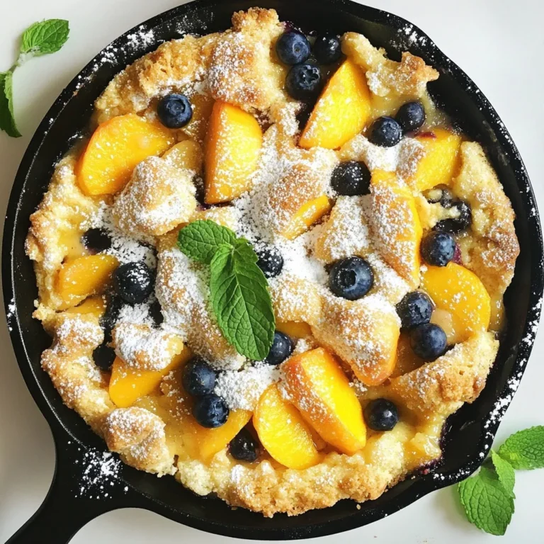 - 2 Tassen Blaubeeren - 2 Tassen Pfirsiche, geschält und in Scheiben geschnitten - 1/2 Tasse Kristallzucker - 1 Teelöffel Vanilleextrakt - 1 Teelöffel gemahlener Zimt - 1 Tasse Weizenmehl - 1 Esslöffel Backpulver - 1/4 Teelöffel Salz - 1/4 Tasse ungesalzene Butter, geschmolzen - 1/2 Tasse Milch - 1 Esslöffel Zitronensaft - Vanilleeis (zum Servieren, optional) Um einen perfekten Blaubeer-Pfirsich-Cobbler zu machen, sind frische Zutaten wichtig. Die Blaubeeren geben eine süße, saftige Note. Die Pfirsiche bringen Frische und einen leichten Pfirsichgeschmack. Der Zucker hilft, die Süße der Früchte zu verstärken und macht die Füllung köstlich. Vanilleextrakt und Zimt geben dem Cobbler zusätzlichen Geschmack. Ein einfacher Teig aus Mehl, Backpulver, Salz und Butter macht die Oberseite leicht und flauschig. Milch und Zitronensaft sorgen für die richtige Konsistenz. Wenn du es magst, füge eine Kugel Vanilleeis hinzu, wenn du servierst. Das Eis schmilzt und macht jedes Stück noch leckerer. - Gusseisenpfanne - Rührschüssel - Backofen Für dieses Rezept brauchst du eine Gusseisenpfanne. Diese Pfanne speichert die Wärme gut und gibt dem Cobbler eine tolle Kruste. Eine große Rührschüssel ist wichtig, um die Früchte und die Teigzutaten gut zu vermischen. Dein Backofen sollte auf 175°C (350°F) vorgeheizt sein, damit der Cobbler gleichmäßig backt. {{ingredient_image_2}} Heizen Sie Ihren Ofen auf 175°C vor. Stellen Sie eine 25 cm große Gusseisenpfanne in den Ofen, während er sich aufheizt. Dies hilft, die Pfanne gleichmäßig zu warmen, was wichtig für das Backen ist. Nehmen Sie eine große Rührschüssel. Mischen Sie hier die 2 Tassen Blaubeeren und die 2 Tassen geschnittene Pfirsiche. Fügen Sie 1/4 Tasse Kristallzucker, 1 Teelöffel Vanilleextrakt und 1 Teelöffel gemahlenen Zimt hinzu. Rühren Sie vorsichtig, bis die Früchte gut bedeckt sind. Stellen Sie die Mischung beiseite, damit die Aromen sich entfalten können. In einer separaten Schüssel vermengen Sie 1 Tasse Weizenmehl, 1 Esslöffel Backpulver, 1/4 Teelöffel Salz und die restlichen 1/4 Tasse Kristallzucker. In einer anderen Schüssel kombinieren Sie 1/4 Tasse geschmolzene Butter, 1/2 Tasse Milch und 1 Esslöffel Zitronensaft. Gießen Sie die feuchten Zutaten in die trockenen. Rühren Sie vorsichtig, bis ein Teig entsteht. Achten Sie darauf, nicht zu übermixen, um die richtige Textur zu erreichen. Um die perfekte Textur zu bekommen, ist es wichtig, dass Sie den Teig nicht übermischen. Wenn Sie die trockenen und feuchten Zutaten kombinieren, rühren Sie nur so lange, bis alles gerade vermischt ist. Kleine Klumpen im Teig sind in Ordnung. Übermäßiges Rühren kann zu einem dichten Cobbler führen. Die Backzeit ist entscheidend für das perfekte Ergebnis. Backen Sie den Cobbler 30 bis 35 Minuten lang. Schauen Sie nach, ob die Oberseite goldbraun ist. Um sicherzustellen, dass er durch ist, stecken Sie einen Zahnstocher in die Mitte. Wenn er sauber herauskommt, ist der Cobbler fertig. Für den besten Genuss empfehle ich, den Cobbler warm zu servieren. Eine Kugel Vanilleeis passt perfekt dazu. Das kalte Eis schmilzt leicht und ergänzt die warmen Früchte. Servieren Sie den Cobbler direkt aus der Pfanne für ein rustikales Erlebnis. Garnieren Sie mit etwas Puderzucker und frischen Minzblättern für Farbe und Geschmack. Pro Tipps Frische Früchte verwenden: Verwenden Sie frische, reife Blaubeeren und Pfirsiche für den besten Geschmack und die beste Textur. Teig nicht übermixen: Mischen Sie den Teig nur so lange, bis die Zutaten kombiniert sind, um einen zarten Cobbler zu erhalten. Variationen ausprobieren: Fühlen Sie sich frei, andere Früchte wie Himbeeren oder Äpfel hinzuzufügen, um verschiedene Geschmacksrichtungen zu kreieren. Warm servieren: Servieren Sie den Cobbler warm direkt aus der Pfanne und fügen Sie eine Kugel Vanilleeis für ein köstliches Dessert hinzu. {{image_4}} Du kannst viele Früchte für diesen Cobbler verwenden. Äpfel, Kirschen oder Erdbeeren passen gut. Achte darauf, die Früchte frisch und reif zu wählen. Sie geben dem Gericht den besten Geschmack. Kombiniere verschiedene Früchte für mehr Vielfalt. Zum Beispiel, Blaubeeren mit Himbeeren oder Pfirsiche mit Aprikosen. Die Möglichkeiten sind endlos! Wenn du glutenfrei kochen möchtest, ersetze das Weizenmehl. Verwende einfaches Mandelmehl oder glutenfreies Mehl. Diese Mehle geben dem Cobbler eine andere Textur. Achte darauf, die Backpulvermenge anzupassen. Manchmal brauchen glutenfreie Mehle mehr Flüssigkeit. Probiere es aus und finde deine perfekte Mischung. Füge dem Teig einige Gewürze hinzu, um den Geschmack zu verbessern. Zimt und Muskatnuss sind gute Optionen. Vanilleextrakt bringt eine süße Note. Experimentiere mit anderen Aromen wie Ingwer oder Kardamom. Diese kleinen Ergänzungen machen den Cobbler noch interessanter. Sie bringen eine neue Dimension in dein Gericht. Um die Reste Ihres Blaubeer-Pfirsich-Cobblers frisch zu halten, lagern Sie ihn im Kühlschrank. Nutzen Sie einen luftdichten Behälter. So bleibt der Geschmack erhalten. Lassen Sie den Cobbler vor dem Abdecken etwas abkühlen. Im Kühlschrank hält er sich etwa drei bis fünf Tage. Prüfen Sie vor dem Servieren immer den Geruch. Wenn er seltsam riecht, werfen Sie ihn besser weg. Wenn Sie den Cobbler länger aufbewahren möchten, können Sie ihn einfrieren. Lassen Sie ihn zuerst ganz abkühlen. Schneiden Sie dann den Cobbler in Portionen. Wickeln Sie jede Portion in Frischhaltefolie ein. Legen Sie sie in einen gefrierfesten Beutel oder Behälter. So bleibt der Cobbler bis zu drei Monate frisch. Beschriften Sie den Beutel mit dem Datum. So wissen Sie, wann Sie ihn eingefroren haben. Um den Cobbler wieder aufzuwärmen, können Sie den Ofen nutzen. Heizen Sie den Ofen auf 175°C vor. Legen Sie den Cobbler in eine Auflaufform. Decken Sie ihn mit Alufolie ab, damit er nicht austrocknet. Backen Sie ihn für etwa 15-20 Minuten. Prüfen Sie, ob er heiß ist. Alternativ können Sie ihn in der Mikrowelle aufwärmen. Stellen Sie die Mikrowelle auf mittlere Leistung und erhitzen Sie ihn für etwa 1-2 Minuten. Genießen Sie ihn warm! Blaubeer-Pfirsich-Cobbler bleibt im Kühlschrank bis zu fünf Tage frisch. Bewahre ihn in einem luftdichten Behälter auf. Um die beste Textur zu erhalten, lasse ihn abkühlen, bevor du ihn lagerst. Wenn du ihn länger aufbewahren möchtest, friere ihn ein. In einem Gefrierbehälter hält er bis zu drei Monate. Zum Aufwärmen kannst du ihn im Ofen oder in der Mikrowelle erhitzen. Ja, gefrorene Früchte sind eine gute Wahl. Sie sind praktisch und oft günstiger. Verwende sie einfach direkt aus dem Gefrierfach. Du musst sie nicht vorher auftauen. Beachte jedoch, dass gefrorenes Obst mehr Flüssigkeit abgeben kann. Du kannst etwas mehr Mehl oder weniger Milch im Teig verwenden, um die Konsistenz anzupassen. Der Cobbler schmeckt auch ohne Zucker, aber er wird weniger süß. Du kannst Honig, Ahornsirup oder Stevia als Alternativen nutzen. Diese Süßstoffe bringen ihren eigenen Geschmack mit. Wenn du den Cobbler mit Früchten wie reifen Pfirsichen zubereitest, könnte er auch ohne Zucker süß genug sein. Probiere verschiedene Optionen, um deinen Lieblingsgeschmack zu finden. Der Blaubeer-Pfirsich-Cobbler ist einfach zuzubereiten und sehr lecker. Du benötigst frische Früchte und einige Küchenutensilien. Die Schritt-für-Schritt-Anleitung hilft dir, alles richtig zu machen. Mit Tipps und Variationen kannst du es an deinen Geschmack anpassen. Denk daran, die Reste gut zu lagern, und mache dir keine Sorgen, wenn du gefrorenes Obst nutzen möchtest. Es schmeckt immer noch großartig. Viel Spaß beim Backen und Genießen!