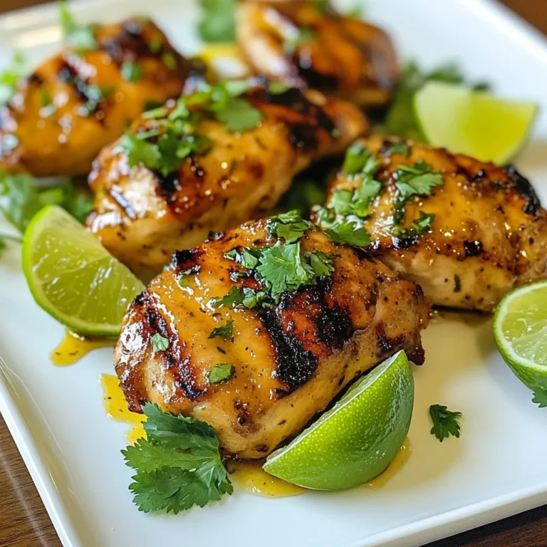 - 4 Hähnchenbrustfilets ohne Knochen und Haut - 60 ml Honig - 60 ml frisch gepresster Limettensaft - 30 ml Sojasauce - 30 ml Olivenöl Hähnchenbrustfilets sind perfekt für dieses Rezept. Sie sind zart und saftig. Honig und Limettensaft geben dem Hähnchen einen süßen und säuerlichen Geschmack. Sojasauce fügt eine salzige Tiefe hinzu, während Olivenöl für ein gutes Grillen sorgt. Diese Zutaten sind einfach zu finden und machen das Gericht besonders lecker. - 2 Knoblauchzehen, fein gehackt - 1 Teelöffel gemahlener Kreuzkümmel - 1 Teelöffel Paprika - Salz und Pfeffer nach Geschmack - Frischer Koriander, gehackt (zur Garnitur) Knoblauch bringt einen starken, aromatischen Geschmack. Kreuzkümmel und Paprika verleihen dem Hähnchen eine warme Note. Salz und Pfeffer sind wichtig, um die Aromen zu verstärken. Frischer Koriander ist die perfekte Garnitur. Er gibt dem Gericht eine frische Note und sieht schön aus. Jede Zutat in diesem Rezept hat eine Rolle. Sie arbeiten zusammen, um ein köstliches und saftiges Hähnchen zu schaffen. Probieren Sie es aus! {{ingredient_image_2}} - Mischen Sie in einer Schüssel Honig, Limettensaft, Sojasauce, Olivenöl, gehackten Knoblauch, Kreuzkümmel, Paprika, Salz und Pfeffer. Rühren Sie gut um. Diese Mischung ist Ihre Marinade. - Legen Sie die Hähnchenbrustfilets in einen Beutel oder eine Schüssel. Gießen Sie die Marinade über das Hähnchen. Verschließen Sie den Beutel oder decken Sie die Schüssel ab. Lassen Sie das Hähnchen mindestens 1 Stunde im Kühlschrank marinieren. Für mehr Geschmack kann es bis zu 4 Stunden marinieren. - Heizen Sie den Grill auf mittelhohe Hitze vor. - Nehmen Sie das Hähnchen aus der Marinade. Lassen Sie die überschüssige Marinade abtropfen. Entsorgen Sie die verwendete Marinade. - Grillen Sie das Hähnchen für etwa 6-7 Minuten pro Seite. Es sollte durchgegart sein und schöne Grillmarken aufweisen. Die Innentemperatur sollte 75 °C erreichen. - Nach dem Grillen entfernen Sie das Hähnchen vom Grill. Lassen Sie es 5 Minuten ruhen. - Schneiden Sie das Hähnchen in Scheiben. Garnieren Sie es mit frisch gehacktem Koriander. - Servieren Sie das gegrillte Hähnchen auf einem großen Teller. Dekorieren Sie es mit Limettenspalten und frischem Koriander. Die Marinade ist der Schlüssel zum Geschmack. Ich empfehle, das Hähnchen mindestens eine Stunde zu marinieren. Wenn du mehr Zeit hast, lass es bis zu vier Stunden im Kühlschrank. So zieht der Geschmack besser ein. Wenn du keinen Honig hast, kannst du auch Agavendicksaft verwenden. Für eine fruchtige Note nutze Orangen- oder Zitronensaft. Beides passt gut. Wähle einen Grill, der gut zu deinem Hähnchen passt. Ein Holzkohlegrill gibt tollen Geschmack. Ein Gasgrill ist einfacher zu handhaben. Um Trockenheit zu vermeiden, grille das Hähnchen bei mittelhoher Hitze. Wende es regelmäßig. So bleibt es saftig und zart. Achte darauf, dass die Innentemperatur 75 °C erreicht. Das sorgt für Sicherheit und perfekten Genuss. Pro Tipps Marinierzeit optimieren: Lassen Sie das Hähnchen für mindestens 1 Stunde, idealerweise 4 Stunden, marinieren, um den Geschmack zu intensivieren. Grilltemperatur beachten: Achten Sie darauf, den Grill auf mittelhohe Hitze zu heizen, um gleichmäßige Grillmarken zu erzielen und das Hähnchen perfekt durchzubraten. Ruhen lassen: Lassen Sie das gegrillte Hähnchen nach dem Grillen 5 Minuten ruhen, damit sich die Säfte setzen und das Fleisch saftig bleibt. Garnierung für den Wow-Faktor: Dekorieren Sie das Hähnchen mit frischem Koriander und Limettenspalten, um nicht nur den Geschmack, sondern auch die Präsentation zu verbessern. {{image_4}} Für mehr Geschmack kann man zusätzliche Gewürze verwenden. Zum Beispiel, probiere ein wenig Chili-Pulver für Schärfe oder Oregano für eine italienische Note. Auch frische Kräuter wie Thymian oder Rosmarin passen gut. Wenn du eine süß-sauer Variante magst, füge ein wenig Ananas oder Mango hinzu. Diese Früchte geben einen frischen Kick und süßen Geschmack. Du kannst auch einen Schuss Apfelessig in die Marinade geben. Das Honig-Limetten-Grillhähnchen passt gut zu vielen Beilagen. Ein einfacher grüner Salat mit einem leichten Dressing ist eine tolle Wahl. Du kannst auch Reis oder Quinoa zubereiten. Diese Beilagen nehmen die Aromen gut auf. Gemüse vom Grill ist ebenfalls lecker. Paprika, Zucchini und Spargel sind großartige Optionen. Sie bringen Farbe und Geschmack auf den Teller. Für Dips und Saucen kannst du eine Joghurtsoße mit Limette machen. Diese Soße ergänzt das Hähnchen wunderbar. Eine scharfe Salsa ist auch eine gute Wahl. So machst du jedes Gericht besonders. Um dein Honig-Limetten-Grillhähnchen frisch zu halten, lege es in einen luftdichten Behälter. So bleibt das Hähnchen saftig und aromatisch. Du kannst das gegrillte Hähnchen bis zu drei Tage im Kühlschrank aufbewahren. Achte darauf, das Hähnchen vollständig abkühlen zu lassen, bevor du es lagerst. Das verhindert Kondensation und hält die Textur besser. Wenn du die Marinade separat aufbewahrst, kann sie bis zu einer Woche im Kühlschrank halten. Wenn du mehr Hähnchen zubereitest, kannst du es auch einfrieren. Wickel die Hähnchenstücke gut in Frischhaltefolie oder lege sie in Gefrierbeutel. So schützt du das Hähnchen vor Gefrierbrand. Du kannst das Hähnchen bis zu drei Monate einfrieren. Zum Auftauen lege das Hähnchen einfach über Nacht in den Kühlschrank. Du kannst es auch in der Mikrowelle auftauen, wenn du es schneller brauchst. Grill das aufgetaute Hähnchen dann wie gewohnt. Sie können die Marinade leicht ändern. Fügen Sie mehr Limettensaft für mehr Frische hinzu. Mögen Sie es schärfer? Geben Sie etwas Chili oder Cayennepfeffer dazu. Für eine süßere Note nutzen Sie mehr Honig oder braunen Zucker. Auch Kräuter wie Oregano oder Thymian sind tolle Ergänzungen. Experimentieren Sie mit verschiedenen Aromen, um Ihren Geschmack zu treffen. Ja, das Rezept kann glutenfrei sein. Verwenden Sie glutenfreie Sojasauce. Diese gibt es in vielen Geschäften. Achten Sie auch darauf, dass alle anderen Zutaten glutenfrei sind. So sichern Sie, dass Ihr Gericht keine Gluten enthält. Ja, das Hähnchen kann auch im Ofen zubereitet werden. Heizen Sie den Ofen auf 200 °C vor. Legen Sie die marinierten Hähnchenbrustfilets auf ein Backblech. Backen Sie sie 25 bis 30 Minuten lang. Prüfen Sie die Innentemperatur. Sie sollte 75 °C erreichen. So wird das Hähnchen saftig und lecker. In diesem Artikel haben wir die Hauptzutaten für ein schmackhaftes Hähnchen-Grillgericht besprochen. Wir haben die Schritt-für-Schritt-Anleitung, Tipps und interessante Variationen sowie Aufbewahrungshinweise behandelt. Gute Marinade und richtige Grilltechnik sind der Schlüssel. Beachte die Präsentation, um das Gericht attraktiv zu servieren. Experimentiere mit Gewürzen und Beilagen. Diese Tipps helfen dir, das Beste aus deinem Grillgericht herauszuholen. Mit diesen einfachen Schritten wirst du bald zum Grillprofi!