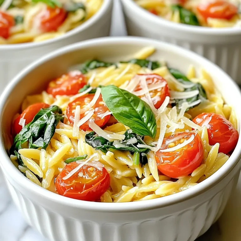 Für dieses schmackhafte Gericht brauchen Sie: - 1 Tasse Orzo-Pasta - 4 Esslöffel ungesalzene Butter - 4 Knoblauchzehen, fein gehackt - 1 kleine Zwiebel, fein gewürfelt - 3 Tassen Gemüsebrühe - 1 Tasse Kirschtomaten, halbiert - 1 Tasse Spinat, grob gehackt - 1 Teelöffel getrockneter Oregano - 1/2 Teelöffel rote Paprikaflocken (optional) - Salz und Pfeffer nach Geschmack - 1/4 Tasse geriebener Parmesan (optional) - Frische Basilikumblätter zur Garnitur Diese Zutaten bieten eine gute Balance aus Geschmack und Textur. Die Orzo-Pasta wird schön cremig, wenn Sie sie mit der Butter und der Brühe kombinieren. Sie können das Rezept leicht anpassen. Einige Ideen sind: - Ersetzen Sie Orzo durch Quinoa oder Reis. - Fügen Sie zusätzliches Gemüse hinzu, wie Paprika oder Zucchini. - Verwenden Sie frische Kräuter wie Petersilie oder Thymian für mehr Aroma. - Für mehr Protein können Sie Hühnchen oder Bohnen hinzufügen. Variationen machen das Gericht spannender und anpassbar für verschiedene Geschmäcker. Frische Zutaten sind der Schlüssel zu einem großartigen Gericht. Hier sind einige Tipps: - Wählen Sie frischen Spinat, der knackig und grün ist. - Achten Sie darauf, dass die Kirschtomaten fest und reif sind. - Kaufen Sie ungesalzene Butter, um den Geschmack besser zu steuern. - Verwenden Sie frischen Knoblauch, wenn möglich. Er hat mehr Geschmack als getrockneter. Mit diesen frischen Zutaten wird Ihr One Pot Garlic Butter Orzo noch schmackhafter. {{ingredient_image_2}} Zuerst schmelze die Butter in einem großen Topf bei mittlerer Hitze. Füge dann die gewürfelte Zwiebel hinzu. Brate die Zwiebel für etwa 2-3 Minuten, bis sie weich und glasig wird. Jetzt kommt der gehackte Knoblauch dazu. Koche ihn zusammen mit der Zwiebel, bis er duftet. Dies gibt deinem Gericht einen tollen Geschmack. Jetzt ist es Zeit für die Orzo-Pasta. Gib die Orzo in den Topf und rühre gut um. Röste die Orzo-Pasta für 1-2 Minuten in der Butter-Mischung. Sie sollte leicht goldbraun werden. Dies hilft, die Aromen freizusetzen. Füge dann die Gemüsebrühe, Kirschtomaten, Oregano und Paprikaflocken hinzu. Vergiss nicht, mit Salz und Pfeffer zu würzen. Bringe die Mischung zum Kochen und reduziere dann die Hitze. Decke den Topf ab und lasse alles für 10-12 Minuten köcheln. Die Orzo sollte jetzt zart sein und die meiste Flüssigkeit aufgenommen haben. Rühre den gehackten Spinat unter und koche weitere 2-3 Minuten. Wenn du magst, füge geriebenen Parmesan für mehr Cremigkeit hinzu. Nimm den Topf vom Herd und garniere das Gericht mit frischen Basilikumblättern. Beim Kochen von Orzo gibt es einige Fehler, die man leicht vermeiden kann. Ein häufiger Fehler ist, die Orzo nicht zu rösten. Rösten bringt den Nussgeschmack hervor. Achte darauf, die Pasta in der Butter zu wenden, bis sie goldbraun ist. Ein weiterer Fehler ist, nicht genug Flüssigkeit zu verwenden. Die Orzo braucht genügend Brühe, um weich zu werden. Verwende immer die in der Anleitung angegebene Menge. Um die perfekte Konsistenz zu erreichen, achte auf die Kochzeit. Die Orzo sollte nach 10-12 Minuten zart sein, aber nicht matschig. Wenn die Flüssigkeit fast aufgesogen ist, rühre den Spinat unter. Koche ihn nur kurz, bis er zusammenfällt. Wenn du Parmesan hinzufügst, wird das Gericht cremiger, also achte auf die Menge. Kräuter und Gewürze geben deinem Gericht mehr Geschmack. Oregano passt gut zu diesem Rezept. Du kannst auch frische Kräuter wie Basilikum verwenden. Wenn du mehr Würze möchtest, füge rote Paprikaflocken hinzu. Diese geben einen kleinen Kick. Experimentiere mit verschiedenen Kräutern, um deinen eigenen Geschmack zu finden. Pro Tipps Frische Kräuter: Verwenden Sie frische Kräuter anstelle von getrockneten, um das Aroma und die Frische des Gerichts zu intensivieren. Rösten der Orzo: Das Rösten der Orzo in der Butter sorgt für einen nussigen Geschmack und eine bessere Textur. Variationen der Brühe: Experimentieren Sie mit verschiedenen Brühen (z. B. Pilz- oder Tomatenbrühe) für ein anderes Geschmacksprofil. Zusätzliche Gemüse: Fügen Sie weiteres Gemüse wie Zucchini oder Paprika hinzu, um Farbe und Nährstoffe zu steigern. {{image_4}} Du kannst das Rezept einfach vegan machen. Ersetze die Butter durch pflanzliche Margarine. Benutze auch einen veganen Käse oder lasse den Parmesan ganz weg. Die Aromen bleiben dennoch stark und köstlich. Der Geschmack von Knoblauch und Gemüse kommt wunderbar zur Geltung. Wenn du eine cremige Textur möchtest, füge etwas Kokosmilch hinzu. So wird das Gericht noch reichhaltiger. Um mehr Proteine hinzuzufügen, kannst du Kichererbsen oder Linsen verwenden. Diese Zutaten passen gut zu Orzo. Füge sie einfach zusammen mit der Brühe hinzu. Du kannst auch gekochtes Hähnchen oder Garnelen ergänzen, wenn du Fleisch magst. Diese Optionen machen das Gericht nahrhafter und sättigender. Du kannst auch Tofu verwenden, um eine herzhaft vegane Mahlzeit zu erhalten. Das Schöne an diesem Rezept ist seine Vielseitigkeit. Du kannst saisonales Gemüse nach Wahl hinzufügen. Im Frühling eignen sich Erbsen und Spargel. Im Sommer sind Zucchini und Paprika lecker. Im Herbst kannst du Kürbis oder Süßkartoffeln verwenden. Dies macht das Gericht bunt und nährstoffreich. Achte darauf, das Gemüse in Stücke zu schneiden, die gleichmäßig garen. So bleibt alles gut im Mund und sieht toll aus. Um deinen Knoblauchbutter-Orzo frisch zu halten, lagere ihn in einem luftdichten Behälter. Lass das Gericht zuerst auf Raumtemperatur abkühlen. Stelle dann sicher, dass der Behälter gut verschlossen ist. Im Kühlschrank bleibt der Orzo bis zu vier Tage haltbar. Achte darauf, dass der Orzo nicht mit anderen Lebensmitteln in Kontakt kommt, um den Geschmack zu bewahren. Wenn du Reste aufwärmen möchtest, nimm eine Pfanne oder einen Topf. Füge einen Schuss Gemüsebrühe oder Wasser hinzu. Dies hilft, den Orzo wieder feucht zu machen. Erhitze ihn bei mittlerer Hitze, bis er warm ist. Rühre dabei gut um, um ein Ankleben zu vermeiden. Du kannst auch etwas frische Butter hinzufügen, um den Geschmack zu verstärken. Um Austrocknung zu vermeiden, lagere den Orzo nicht zu lange im Kühlschrank. Wenn du ihn aufbewahrst, füge etwas Flüssigkeit hinzu, bevor du ihn im Kühlschrank lagerst. Wenn du den Orzo in der Mikrowelle aufwärmst, decke ihn mit einem feuchten Papiertuch ab. Dies hilft, die Feuchtigkeit zu halten. So bleibt der Orzo cremig und lecker. Leider ist Orzo nicht glutenfrei. Orzo wird aus Hartweizengrieß hergestellt, der Gluten enthält. Für glutenfreie Optionen können Sie Reisnudeln oder spezielle glutenfreie Pasta verwenden. Diese Alternativen funktionieren gut in diesem Rezept. Ja, Sie können die Butter ersetzen. Verwenden Sie zum Beispiel Olivenöl oder vegane Butter. Diese Optionen geben dem Gericht einen anderen Geschmack, passen aber gut dazu. Wenn Sie eine milde Note wünschen, versuchen Sie Kokosöl. Das Rezept ist ideal für Meal Prep. Kochen Sie eine große Portion und teilen Sie sie in Behälter. Lassen Sie den Orzo vollständig abkühlen, bevor Sie ihn lagern. Er bleibt im Kühlschrank bis zu vier Tage frisch. Erwärmen Sie ihn einfach in der Mikrowelle oder auf dem Herd. Fügen Sie bei Bedarf frisches Gemüse oder Kräuter hinzu, um den Geschmack zu verbessern. In diesem Artikel haben wir die Zutaten für One Pot Garlic Butter Orzo besprochen. Ich habe die wichtigsten und zusätzlichen Zutaten vorgestellt sowie Tipps zur Auswahl frischer Produkte gegeben. Dann führten wir eine Schritt-für-Schritt-Anleitung durch, um das Gericht zuzubereiten. Ich gab Hinweise zu häufigen Fehlern und der perfekten Konsistenz. Variationen für vegane Optionen und saisonale Zutaten wurden ebenfalls behandelt. Zum Schluss erläuterte ich, wie man Reste richtig lagert. Denke daran, beim Kochen kreativ zu sein. Mit diesen Tipps gelingt dir dieses Rezept sicher!