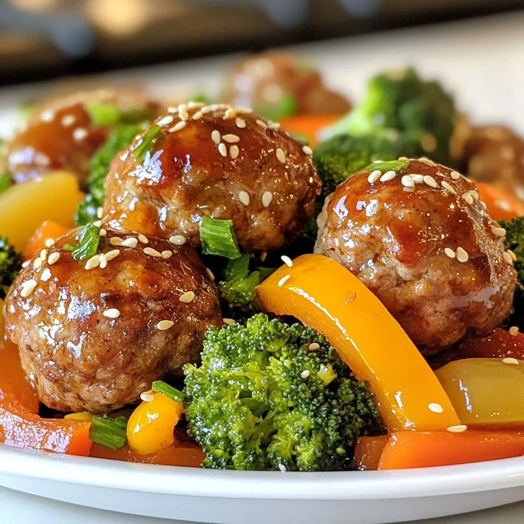 - 450 g gemahlenes Hähnchen oder Putenfleisch - 120 g Panko-Brösel - 60 g Frühlingszwiebeln, fein gehackt - 2 Knoblauchzehen, gehackt - 1 Esslöffel frischer Ingwer, gerieben - 1 Esslöffel Sojasauce (reduzierter Natriumgehalt) - 1 Esslöffel Sesamöl - 1 Teelöffel Honig Die Hauptzutaten sind der Schlüssel zu den leckeren Fleischbällchen. Das mageres Hähnchen oder Putenfleisch gibt eine gute Basis. Panko-Brösel sorgen für eine tolle Textur. Frühlingszwiebeln und Knoblauch bringen Geschmack. Frischer Ingwer gibt den Fleischbällchen eine besondere Note. - 1/2 Teelöffel schwarzer Pfeffer - 1/4 Teelöffel rote Pfefferflocken (optional) - 1 Esslöffel Sesamkörner Die Gewürze sind wichtig für den vollen Geschmack. Schwarzer Pfeffer bringt eine leichte Schärfe. Rote Pfefferflocken sind optional, für die, die es schärfer mögen. Sesamkörner fügen Crunch und Geschmack hinzu. - 300 g gemischtes Gemüse (z. B. Paprika, Brokkoli und Karotten) - 2 Esslöffel Olivenöl - Salz nach Geschmack Gemüse macht das Gericht bunt und gesund. Ich empfehle eine Mischung aus Paprika, Brokkoli und Karotten. Das Olivenöl hilft, das Gemüse zu rösten und den Geschmack zu intensivieren. Ein wenig Salz hebt die Aromen hervor. {{ingredient_image_2}} - Ofen auf 200 °C vorheizen. - Backblech mit Backpapier auslegen. Zuerst heizen wir den Ofen auf 200 °C vor. Dies ist wichtig, damit die Fleischbällchen gleichmäßig garen. Lege dann ein Backblech mit Backpapier aus. Das hilft, dass nichts kleben bleibt und die Reinigung einfach wird. - Zutaten in einer großen Schüssel vermengen. - Fleischbällchen formen. Jetzt kommen die Hauptzutaten in eine große Schüssel. Nimm das gemahlene Hähnchen oder Putenfleisch, die Panko-Brösel, die Frühlingszwiebeln, den Knoblauch, den Ingwer, die Sojasauce, das Sesamöl, den Honig, den schwarzen Pfeffer und das Salz. Vermische alles gut. Formen Sie dann mit deinen Händen kleine Bällchen. Diese sollten etwa die Größe eines Golfballs haben. Lege die Bällchen gleichmäßig auf das Backblech. - Gemüse mit Olivenöl und Gewürzen vermengen. - Gemüse um die Fleischbällchen anordnen. Jetzt ist das Gemüse an der Reihe! Nimm dein gemischtes Gemüse wie Paprika, Brokkoli und Karotten. Gib das Gemüse in eine Schüssel. Füge Olivenöl, Salz und etwas Sesamkörner hinzu. Mische alles gut durch. Verteile das gewürzte Gemüse dann um die Fleischbällchen auf dem Backblech. So garen sie zusammen und die Aromen verbinden sich. - Fleischbällchen und Gemüse für 20-25 Minuten backen. - Innentemperatur der Fleischbällchen überprüfen. Stecke das Backblech in den Ofen. Backe alles für 20 bis 25 Minuten. Die Fleischbällchen sind fertig, wenn ihre Innentemperatur 74 °C erreicht. Das Gemüse wird zart und leicht karamellisiert. Nach dem Backen kannst du die Bällchen mit zusätzlichen Sesamkörnern und gehackten Frühlingszwiebeln garnieren. Um die Konsistenz der Fleischbällchen zu verbessern, mische die Zutaten gut. Achte darauf, das Fleisch nicht zu lange zu kneten. So bleiben die Bällchen zart und saftig. Du kannst auch eine Mischung aus Hähnchen und Putenfleisch verwenden. Das gibt den Fleischbällchen einen interessanten Geschmack. Eine schöne Präsentation macht das Essen aufregender. Lege die Fleischbällchen und das Gemüse auf gedämpften Reis oder Quinoa. Das gibt deinem Gericht eine tolle Basis. Für den letzten Schliff kannst du etwas Sesamöl darüber träufeln. Ein paar zusätzliche Sesamkörner und frische Frühlingszwiebeln darauf machen es noch besser. Um die Vorbereitung zu optimieren, bereite die Zutaten im Voraus vor. Du kannst das Gemüse und die Fleischbällchen am Abend vorher zubereiten. So sparst du Zeit am Kochtag. Wenn du Meal Prep machst, teile die Portionen in Behälter auf. So hast du immer eine schnelle und leckere Mahlzeit zur Hand. Pro Tipps Fleischwahl: Verwenden Sie hochwertiges, mageres Hähnchen- oder Putenfleisch für die besten Ergebnisse und eine saftige Textur. Panko-Brösel: Panko verleiht den Fleischbällchen eine knusprige Textur. Sie können auch selbstgemachtes Panko verwenden, um den Geschmack zu intensivieren. Gemüsevariationen: Experimentieren Sie mit verschiedenen Gemüsesorten, wie Zucchini oder grünem Bohnen, um Abwechslung und zusätzliche Nährstoffe zu bieten. Würzen nach Geschmack: Schmecken Sie die Mischung vor dem Formen der Fleischbällchen ab und passen Sie die Gewürze nach Ihrem persönlichen Geschmack an. {{image_4}} Sie können das Rezept leicht anpassen. Probieren Sie Rinderhack für einen kräftigen Geschmack. Alternativ verwenden Sie vegetarische Alternativen wie Kichererbsen oder Linsen. Diese Optionen sind gesund und lecker. So können Sie Ihre Familie oder Freunde überraschen. Das Gemüse ist flexibel. Verwenden Sie, was gerade Saison hat. Zucchini, grüne Bohnen oder Blumenkohl sind tolle Optionen. Frisches Gemüse gibt Farbe und Geschmack. Es hält die Mahlzeit nahrhaft und spannend. Mixen Sie verschiedene Sorten für mehr Abwechslung. Die Gewürze sind ein wichtiger Teil des Geschmacks. Sie können den Schärfegrad leicht anpassen. Fügen Sie mehr rote Pfefferflocken hinzu für eine würzige Note. Oder lassen Sie sie weg, wenn Sie es milder mögen. Zusätzliche Aromen wie Limettensaft oder Koriander bringen neue Geschmäcker. Experimentieren Sie, um Ihre perfekte Mischung zu finden. Die richtige Aufbewahrungstemperatur für Fleischbällchen liegt bei 4 °C oder kälter. Du kannst die Fleischbällchen und das Gemüse in einem luftdichten Behälter aufbewahren. So bleiben sie frisch und lecker. Die Haltbarkeit von Fleischbällchen beträgt etwa drei bis vier Tage im Kühlschrank. Das Gemüse bleibt ebenfalls für diese Zeit gut. Achte darauf, die Reste schnell zu kühlen, um die Qualität zu sichern. Das Einfrieren von Fleischbällchen ist einfach. Lass die Fleischbällchen zuerst abkühlen. Danach legst du sie auf ein Backblech und frierst sie ein, bis sie fest sind. Das Wiedererhitzen ist auch leicht. Du kannst sie direkt aus dem Gefrierfach in den Ofen legen. Backe sie bei 180 °C für 20 bis 25 Minuten. Wenn du einzelne Portionen einfrieren möchtest, packe sie in kleine Behälter oder Tüten. So hast du immer schnell eine Mahlzeit bereit. Es gibt viele Ideen, um übrig gebliebene Zutaten zu nutzen. Du kannst die Fleischbällchen in einer Suppe verwenden. Sie geben der Suppe einen tollen Geschmack. Das Gemüse kannst du in einem Omelett oder Wrap nutzen. So hast du eine neue und leckere Mahlzeit. Seie kreativ mit deinen Resten! Die Zubereitung dauert etwa 15 Minuten. Die Kochzeit liegt bei 20 bis 25 Minuten. Insgesamt sind Sie in 40 Minuten mit dem Gericht fertig. Das ist schnell und einfach. Ideal für ein schnelles Abendessen oder ein festliches Gericht. Ja, Sie können die Fleischbällchen im Voraus machen. Mischen Sie einfach die Zutaten und formen Sie die Bällchen. Legen Sie diese dann auf ein Blech und decken Sie es ab. So können Sie die Bällchen bis zu einem Tag im Voraus im Kühlschrank lagern. Wenn Sie bereit sind, backen Sie sie einfach. Dies spart Zeit und macht das Kochen stressfreier. Es gibt viele leckere Beilagen zu diesen Fleischbällchen. Gedämpfter Reis passt sehr gut. Quinoa ist eine gesunde Alternative. Auch ein einfacher Salat mit frischem Gemüse ist eine gute Wahl. Sie können auch gegrilltes Gemüse oder einen kleinen Dip dazu reichen. So wird Ihr Gericht noch bunter und schmackhafter. Um zum Schluss zu kommen: In diesem Artikel haben wir die Zutaten, die Zubereitung, Tipps, Varianten und Aufbewahrung der leckeren Fleischbällchen besprochen. Es ist einfach, gesunde und schmackhafte Mahlzeiten zu planen. Experimentiere mit verschiedenen Zutaten und passe alles deinem Geschmack an. So machst du jedes Gericht besonders. Halte Fleischbällchen frisch und genieße sie nach Belieben. Mit diesen Tipps kannst du kreativ und flexibel kochen. Viel Spaß beim Nachkochen!