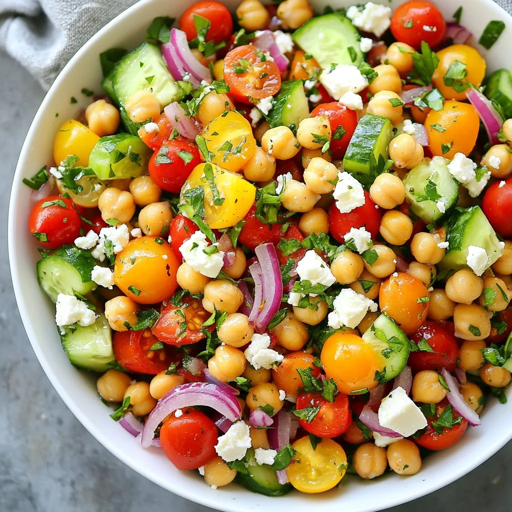 - 1 Dose (425 g) Kichererbsen, abgetropft und abgespült - 1 mittelgroße Gurke, gewürfelt - 1 Tasse Kirschtomaten, halbiert - 1/2 rote Zwiebel, fein gehackt - 1 Paprika (nach Wahl), gewürfelt - 1/2 Tasse Kalamata-Oliven, entsteint und in Scheiben geschnitten - 1/4 Tasse Feta-Käse, zerbröselt - 3 Esslöffel Olivenöl - 2 Esslöffel Rotweinessig (optional, kann durch Zitronensaft ersetzt werden) - Saft von 1 Zitrone - 1 Teelöffel getrockneter Oregano - Salz und Pfeffer nach Geschmack - Frische Petersilie, gehackt (zur Garnierung) Ich empfehle, frische Zutaten zu verwenden. Frische Gurken und Tomaten geben dem Salat mehr Geschmack. Konservierte Kichererbsen sind praktisch und schnell. Spüle sie gut ab. So reduzierst du den Natriumgehalt. Bei Oliven solltest du Kalamata-Oliven wählen. Sie haben einen intensiven Geschmack. Wenn du keinen Feta magst, kannst du ihn weglassen. Der Salat bleibt trotzdem lecker. Frische Kräuter, wie Petersilie, bringen Farbe und Frische. Dieser Kichererbsensalat ist voll von Nährstoffen. Er enthält Proteine, Ballaststoffe und gesunde Fette. Eine Portion hat etwa 250 Kalorien. Kichererbsen sind eine gute Proteinquelle. Sie helfen, die Sättigung zu steigern. Gemüse sorgt für Vitamine und Mineralstoffe. Feta-Käse fügt Calcium hinzu. Dieses Gericht ist ideal für eine gesunde Ernährung. {{ingredient_image_2}} Um einen tollen Kichererbsensalat zu machen, beginne mit der Vorbereitung. Du brauchst eine große Schüssel. Nimm die Kichererbsen aus der Dose und spüle sie gut ab. Das hilft, die Konservierungsstoffe zu entfernen. Schneide die Gurke in kleine Stücke. Halbiere die Kirschtomaten. Hacke die rote Zwiebel fein. Würfle die Paprika in kleine Stücke. Bereite die Kalamata-Oliven vor, indem du sie in Scheiben schneidest. Zerbrösele den Feta-Käse. Halte alles bereit, um schnell zu starten. Für das Dressing nimm eine kleine Schüssel. Gib das Olivenöl hinein. Füge den Rotweinessig oder den Zitronensaft hinzu. Presse eine frische Zitrone aus und gib den Saft dazu. Streue den getrockneten Oregano in die Schüssel. Würze mit Salz und Pfeffer. Verquirle alles gut mit einem kleinen Schneebesen oder einer Gabel. Das Dressing sollte gut gemischt sein. Es gibt dem Salat viel Geschmack. Wenn du die Zutaten in der großen Schüssel hast, sei vorsichtig beim Mischen. Gieße das Dressing gleichmäßig über die Gemüse und Kichererbsen. Verwende einen großen Löffel, um die Mischung sanft zu vermengen. So bleiben die Zutaten ganz. Lass den Salat 10 bis 15 Minuten ruhen. Dies hilft, die Aromen zu verbinden. Vor dem Servieren kannst du die Würze kosten und nach Bedarf anpassen. Um die beste Konsistenz zu erreichen, achte darauf, die Kichererbsen gut abzutropfen. Das hilft, überschüssige Feuchtigkeit zu vermeiden. Schneide die Gurke in kleine Würfel. So bleibt der Salat knackig und frisch. Verwende frische Zutaten, um den besten Geschmack zu erzielen. Lass den Salat nach dem Mischen für 10-15 Minuten ruhen. So verbinden sich die Aromen gut. Ein häufiger Fehler ist, den Salat zu früh zu servieren. Die Aromen brauchen Zeit, um sich zu entfalten. Ein weiterer Fehler ist, zu viel Dressing hinzuzufügen. Zu viel Flüssigkeit macht den Salat matschig. Achte darauf, die Zwiebel fein zu hacken. Große Stücke können den Geschmack dominieren. Probiere den Salat, bevor du ihn servierst. So kannst du die Gewürze nach Bedarf anpassen. Jeder hat andere Vorlieben. Füge mehr Zitronensaft hinzu, wenn du es frischer magst. Wenn du es würziger magst, probiere mehr Pfeffer oder Oregano. Du kannst auch andere Kräuter verwenden, wie Basilikum oder Dill. Für eine herzhaftere Note, füge mehr Feta-Käse hinzu. Lass deiner Kreativität freien Lauf und passe den Salat nach deinem Geschmack an. Pro Tipps Zutaten auf Raumtemperatur bringen: Lassen Sie die Kichererbsen und das Gemüse vor der Zubereitung etwas ruhen, um die Aromen besser zur Geltung zu bringen. Frische Kräuter verwenden: Ersetzen Sie getrocknete Kräuter durch frische, um einen intensiveren Geschmack zu erzielen. Dressing im Voraus zubereiten: Bereiten Sie das Dressing einige Stunden vorher zu, damit sich die Aromen gut entfalten können. Variationen ausprobieren: Fügen Sie andere Zutaten wie Avocado oder geröstete Nüsse hinzu, um dem Salat eine neue Note zu verleihen. {{image_4}} Für einen vegetarischen oder veganen Kichererbsensalat gibt es viele Optionen. Der Feta-Käse ist oft ein Hauptbestandteil, aber du kannst ihn ganz weglassen. Eine tolle Alternative ist veganer Feta aus Nüssen oder Tofu. So bleibt der Geschmack frisch und lecker. Achte darauf, dass du auch das Dressing vegan hältst, indem du den Rotweinessig oder Zitronensaft verwendest. Möchtest du mehr Geschmack in deinem Salat? Probiere, einige zusätzliche Zutaten hinzuzufügen. Gewürfelte Avocado bringt Cremigkeit. Gehackte frische Minze oder Basilikum geben einen tollen frischen Kick. Du kannst auch geröstete Pinienkerne oder Walnüsse hinzufügen. Das gibt dem Salat mehr Textur und Nussigkeit. Die Saison kann den Salat stark beeinflussen. Im Sommer sind reife Tomaten und Gurken besonders lecker. Im Herbst kannst du geröstete Kürbiswürfel hinzufügen. Im Winter sind getrocknete Cranberries oder Apfelstücke eine gute Wahl. So bleibt der Kichererbsensalat immer spannend und frisch. Experimentiere mit den Zutaten, die du zur Hand hast, und finde deine perfekte Mischung! Bewahre deinen Kichererbsensalat in einem luftdichten Behälter auf. So bleibt er frisch. Lege ein Stück Frischhaltefolie auf die Oberfläche. Das hilft, die Feuchtigkeit zu halten. Stelle den Behälter in den Kühlschrank. So bleibt der Salat knackig und schmackhaft. Kichererbsensalat hält sich gut im Kühlschrank. Du kannst ihn bis zu vier Tage aufbewahren. Nach diesem Zeitraum kann der Salat schal werden. Achte auf den Geruch und die Farbe. Wenn etwas seltsam aussieht, wirf es weg. Wenn du Reste hast, kannst du kreativ sein. Füge den Salat zu Wraps hinzu. Das gibt dir einen schnellen Snack. Du kannst auch die Reste auf einem Sandwich verwenden. Das schmeckt frisch und lecker. Eine weitere Option ist, den Salat auf einem Bett aus Spinat zu servieren. So wird eine neue Mahlzeit daraus. Du kannst den Kichererbsensalat bis zu drei Tage im Kühlschrank aufbewahren. Stelle sicher, dass du ihn in einem luftdichten Behälter lagerst. Achte darauf, dass die Zutaten frisch sind, wenn du den Salat zubereitest. Nach ein paar Tagen kann die Konsistenz matschig werden. Ja, du kannst verschiedene Dressings ausprobieren! Ein einfaches Zitronen-Olivenöl-Dressing passt gut dazu. Du kannst auch Joghurt oder Tahini verwenden. Diese Optionen geben dem Salat einen anderen Geschmack. Experimentiere mit Kräutern und Gewürzen, um den perfekten Mix zu finden! Ja, dieser Kichererbsensalat ist sowohl glutenfrei als auch vegan. Alle Zutaten sind pflanzlich und enthalten kein Gluten. Du kannst ihn also unbesorgt genießen. Perfekt für alle, die eine gesunde Ernährung suchen! Zusammenfassend haben wir die Zutaten für Kichererbsensalat besprochen und ihre Vorteile hervorgehoben. Wir haben eine Schritt-für-Schritt-Anleitung gegeben, um dir das Zubereiten zu erleichtern. Tipps und Tricks helfen dir, häufige Fehler zu vermeiden. Variationen bieten dir viel Raum für Kreativität. Abschließend haben wir die besten Aufbewahrungstipps geteilt, damit dein Salat frisch bleibt. Experimentiere mit den Ideen, um deinen perfekten Kichererbsensalat zu kreieren. Kochen sollte Spaß machen! Viel Freude beim Ausprobieren!