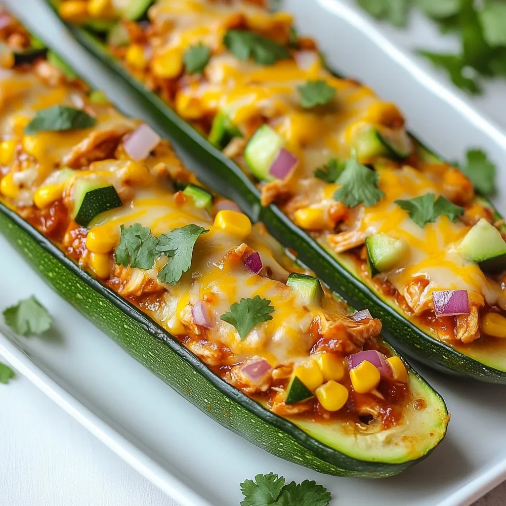 Für diese leckeren Zucchini-Boote benötigst du: - 4 mittelgroße Zucchini - 2 Tassen gekochtes, zerrissenes Hühnchen - 1 Tasse BBQ-Sauce (deine Lieblingsmarke oder selbstgemacht) - 1 Tasse Maiskörner (frisch, gefroren oder aus der Dose) - 1 Paprika, gewürfelt (rot oder gelb für die Süße) - 1/2 Tasse rote Zwiebel, fein gehackt - 1 Tasse geriebener Käse (Cheddar, Monterey Jack oder eine Mischung) - 2 Esslöffel Olivenöl - Salz und Pfeffer nach Geschmack - Frischer Koriander oder Frühlingszwiebeln zum Garnieren Diese Zutaten sind einfach zu finden und machen die Zucchini-Boote besonders lecker. Wenn du einige Zutaten nicht hast, gibt es gute Alternativen. Du kannst zum Beispiel: - Hühnchen durch Putenfleisch ersetzen. - BBQ-Sauce durch eine würzige Salsa oder Tomatensauce austauschen. - Mais durch schwarze Bohnen ersetzen, um mehr Proteine zu bekommen. - Käse weglassen, wenn du eine leichtere Option möchtest. Sei kreativ und passe die Zutaten deinen Vorlieben an! Wenn du deine eigene BBQ-Sauce machen möchtest, brauchst du: - 1 Tasse Ketchup - 1/4 Tasse Apfelessig - 1/4 Tasse Honig oder brauner Zucker - 1 Esslöffel Worcestershiresauce - 1 Teelöffel Paprika - 1 Teelöffel Knoblauchpulver - Salz und Pfeffer nach Geschmack Mische alle Zutaten in einer Schüssel. Koche die Mischung kurz auf, um die Aromen zu verbinden. So hast du eine frische und leckere BBQ-Sauce für deine Zucchini-Boote. {{ingredient_image_2}} Zuerst heize deinen Ofen auf 190°C vor. Nimm die Zucchini und schneide sie der Länge nach in zwei Hälften. Mit einem Löffel höhlst du das Innere der Zucchini aus. So entsteht ein Boot. Achte darauf, die Wände dabei nicht zu dünn zu machen. Bestreiche die Innenseiten mit Olivenöl. Würze sie mit etwas Salz und Pfeffer. Diese Zucchini-Boote werden die perfekte Basis für deine Füllung. In einer Pfanne erhitzt du etwas Olivenöl bei mittlerer Hitze. Füge die gewürfelte rote Zwiebel und die Paprika hinzu. Dünste sie für etwa 3-4 Minuten, bis sie weich sind. In einer großen Schüssel vermengst du das zerrissene Hühnchen mit der BBQ-Sauce. Gib die gedünsteten Zwiebeln und Paprika sowie die Maiskörner dazu. Mische alles gut, bis die Zutaten gleichmäßig bedeckt sind. Diese Mischung ist voll mit Geschmack und passt perfekt in die Zucchini-Boote. Fülle die Zucchini-Boote großzügig mit der BBQ-Hühnchen-Mischung. Drücke leicht, um mehr Füllung unterzubringen. Lege die gefüllten Zucchini-Boote auf ein Backblech. Bestreue sie gleichmäßig mit geriebenem Käse. Jetzt backst du die Zucchini-Boote im vorgeheizten Ofen für 25-30 Minuten. Sie sind fertig, wenn die Zucchini zart sind und der Käse geschmolzen ist. Lass sie nach dem Backen ein paar Minuten abkühlen, bevor du sie servierst. Garniere sie mit frischem Koriander oder Frühlingszwiebeln für einen tollen Look. Du kannst die Füllung für die Zucchini-Boote anpassen. Probiere zum Beispiel, anstelle von Hühnchen, Rinderhackfleisch oder sogar Tofu zu verwenden. Für eine vegetarische Option kannst du schwarze Bohnen und Reis nutzen. Füge einige Gewürze hinzu, um den Geschmack zu verbessern. Paprika, Chili oder Kreuzkümmel passen gut. Um sicherzustellen, dass deine Zucchini-Boote perfekt backen, achte darauf, die Zucchini nicht zu lange im Ofen zu lassen. Sie sollten zart, aber nicht matschig sein. Das Vorheizen des Ofens ist wichtig. Das sorgt für gleichmäßige Hitze. Wenn du eine knusprige Oberseite magst, erhöhe die Temperatur in den letzten fünf Minuten leicht. Wenn du Reste hast, lagere die Zucchini-Boote in einem luftdichten Behälter im Kühlschrank. So bleiben sie frisch. Du kannst sie auch einfrieren, wenn du sie länger aufbewahren möchtest. Lege sie in einen gefrierfesten Beutel. Zum Aufwärmen, benutze den Ofen, damit sie knusprig bleiben. Microwellen sind schnell, machen die Zucchini aber weich. Pro Tipps Wähle die richtige Zucchini: Achte darauf, dass die Zucchini gleichmäßig groß sind, damit sie gleichmäßig garen und die Füllung gut halten können. BBQ-Sauce anpassen: Experimentiere mit verschiedenen BBQ-Saucen oder füge Gewürze hinzu, um den Geschmack nach deinem Belieben zu variieren. Zusätzliche Textur: Für mehr Crunch kannst du einige Semmelbrösel oder gehackte Nüsse über den Käse streuen, bevor du die Zucchini-Boote backst. Resteverwertung: Verwende übrig gebliebenes Gemüse oder Fleisch aus anderen Gerichten, um die Füllung abwechslungsreicher und nachhaltiger zu gestalten. {{image_4}} Wenn du eine fleischlose Option suchst, probiere vegetarische Zucchini-Boote. Du kannst die BBQ-Hühnchen-Mischung durch eine Mischung aus Quinoa, schwarzen Bohnen, und frischem Gemüse ersetzen. Füge etwas geriebenen Käse und Gewürze hinzu. Diese Variante ist gesund und voller Geschmack. Für einen Kick in den Geschmack, mache würzige BBQ-Hühnchen-Boote. Füge in die BBQ-Sauce etwas scharfe Soße oder Chilipulver hinzu. Das gibt deinem Gericht eine feurige Note. Du kannst auch Jalapeños für extra Schärfe hinzufügen. Diese Variante wird deine Geschmacksknospen aufregen. Wenn du die Kohlenhydrate reduzieren möchtest, versuche Low-Carb Zucchini-Boote. Verwende einfach die Zucchini als Basis und lasse die BBQ-Sauce weg oder ersetze sie durch eine zuckerfreie Variante. Statt Hühnchen kannst du zerkleinertes Blumenkohl hernehmen. Es gibt viele Möglichkeiten, die Zucchini-Boote an deinen Ernährungsstil anzupassen. Du kannst die Zucchini-Boote im Kühlschrank bis zu drei Tage aufbewahren. Lass sie vollständig abkühlen, bevor du sie in einem luftdichten Behälter lagerst. So bleiben sie frisch und lecker. Wenn du sie wieder aufwärmst, wird der Geschmack kaum beeinträchtigt. Das Einfrieren ist eine großartige Option. Fülle die Zucchini-Boote und lasse sie vollständig abkühlen. Wickele sie gut in Frischhaltefolie oder lege sie in einen gefrierfesten Behälter. So bleiben sie bis zu drei Monate haltbar. Wenn du sie essen möchtest, tau sie über Nacht im Kühlschrank auf. Für das Aufwärmen empfehle ich die Mikrowelle oder den Ofen. Wenn du den Ofen benutzt, heize ihn auf 180°C vor. Lege die Zucchini-Boote auf ein Backblech und backe sie für 10 bis 15 Minuten. So werden sie gleichmäßig warm und der Käse schmilzt wieder schön. In der Mikrowelle dauert es nur wenige Minuten. Achte darauf, sie nicht zu lange zu erhitzen, damit sie nicht trocken werden. Die Zucchini-Boote sind im Kühlschrank etwa 3 bis 4 Tage haltbar. Bewahre sie in einem luftdichten Behälter auf. Damit bleiben sie frisch und lecker. Achte darauf, die Füllung gut abgedeckt zu lassen. So vermeidest du, dass sie austrocknen. Wenn du Reste hast, genieße sie schnell, um den besten Geschmack zu haben. Ja, du kannst die Zucchini-Boote im Voraus zubereiten. Mache die Füllung und fülle die Zucchini-Boote bis zu einem Tag vorher. Stelle sie dann in den Kühlschrank. Wenn du bereit bist zu backen, nimm sie einfach heraus und backe sie wie gewohnt. So sparst du Zeit. Denke daran, die Backzeit kann etwas länger sein, wenn sie kalt sind. Zu BBQ Hühnchen Zucchini-Boote passen viele Beilagen. Hier sind einige Ideen: - Ein frischer grüner Salat - Gegrilltes Gemüse - Knoblauchbrot - Reis oder Quinoa - Kartoffelsalat Diese Beilagen ergänzen den Geschmack der Zucchini-Boote gut. Sie sorgen für eine ausgewogene Mahlzeit. Experimentiere mit verschiedenen Kombinationen, um deinen Favoriten zu finden! BBQ Hühnchen Zucchini-Boote sind einfach lecker und vielseitig. Wir haben die Zutaten, die Zubereitung und viele Tipps besprochen. Du kannst sie nach deinem Geschmack anpassen und sogar vegetarische Varianten ausprobieren. Die Lagerung ist einfach und deine Reste bleiben frisch. Denk daran, die Boote auch im Voraus zuzubereiten. Mit diesen Informationen bist du bereit, gesunde und schmackhafte Gerichte zu genießen. Viel Spaß beim Kochen!