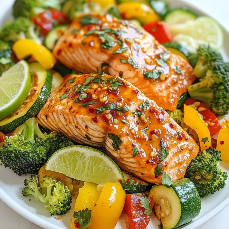 - 4 Lachsfilets (je 170 g) - 60 ml süße Chilisauce - 30 ml Sojasauce (geringer Natriumgehalt empfohlen) - 1 Esslöffel frisch geriebener Ingwer - 2 Knoblauchzehen, gehackt - 1 Tasse Brokkoliröschen - 1 Tasse geschnittene Paprika (gemischte Farben) - 1 Zucchini, in Scheiben geschnitten - 1 Esslöffel Sesamöl - Salz und Pfeffer nach Geschmack - Frischer Koriander zum Garnieren Ich liebe es, mit frischen Zutaten zu arbeiten. Jedes Element bringt Leben in das Gericht. Der Lachs ist die Basis. Er hat einen tollen Geschmack und eine schöne Textur. Die süße Chilisauce gibt dem Gericht einen besonderen Kick. Sie verbindet sich perfekt mit der Sojasauce. Die Kombination aus diesen beiden Saucen ist einfach unwiderstehlich. Frisch geriebener Ingwer und gehackter Knoblauch bringen einen feinen Duft. Diese beiden Zutaten sind kleine Kraftpakete in der Küche. Sie geben Geschmack und Tiefe. Gemüse macht das Gericht bunt und gesund. Brokkoli, Paprika und Zucchini sind meine Favoriten. Sie sind knackig und voller Vitamine. Das Sesamöl bringt einen nussigen Geschmack. Koriander ist das i-Tüpfelchen. Er rundet das Gericht ab und gibt einen frischen Kick. Mit diesen Zutaten kannst du ein leckeres und gesundes Gericht zaubern. {{ingredient_image_2}} Heize deinen Ofen auf 200 °C vor. Dies ist wichtig, damit der Lachs gleichmäßig gart. Ein heißer Ofen sorgt dafür, dass der Lachs saftig bleibt. Nimm eine kleine Schüssel. Mische 60 ml süße Chilisauce, 30 ml Sojasauce, einen Esslöffel frisch geriebenen Ingwer und zwei gehackte Knoblauchzehen. Diese Mischung ist die perfekte Marinade. Sie gibt dem Lachs einen tollen Geschmack. Schneide vier große Aluminiumfolie-Blätter. Jedes Blatt sollte etwa 30x30 cm groß sein. Lege ein Lachsfilet in die Mitte jedes Blattes. Verteile die Marinade gleichmäßig über jedes Filet. So wird der Lachs gut gewürzt. Nimm eine separate Schüssel. Gib 1 Tasse Brokkoliröschen, 1 Tasse geschnittene Paprika und eine geschnittene Zucchini hinein. Mische das Gemüse mit einem Esslöffel Sesamöl, Salz und Pfeffer. Das Gemüse gibt Farbe und Crunch. Teile das Gemüse gleichmäßig zwischen den Lachsfilets auf. Lege es um und auf die Filets. Falte die Seiten der Folie nach oben und schließe die Päckchen sicher. Lege sie auf ein Backblech. Backe die Päckchen für 15-20 Minuten. Der Lachs ist fertig, wenn er sich leicht mit einer Gabel zerteilen lässt. Nimm die Folienpäckchen vorsichtig aus dem Ofen. Öffne sie langsam, um heißen Dampf zu vermeiden. Garniere die Päckchen mit frischem Koriander. Das sieht nicht nur gut aus, sondern schmeckt auch frisch! Die Garzeit für Lachs ist entscheidend. Backen Sie den Lachs für 15 bis 20 Minuten. Bei 200 °C wird er zart und saftig. Prüfen Sie den Lachs mit einer Gabel. Wenn er leicht auseinanderfällt, ist er perfekt. Überbacken Sie ihn nicht, sonst wird er trocken. Für die Folienpäckchen können Sie frisches oder gefrorenes Gemüse verwenden. Frisches Gemüse hat mehr Geschmack und Nährstoffe. Gefrorenes Gemüse ist praktisch und schnell. Achten Sie darauf, das Gemüse gleichmäßig zu schneiden. So garen sie gleichmäßig und schnell. Das Falten der Folie ist einfach, aber wichtig. Verwenden Sie große Stücke Aluminiumfolie, etwa 30x30 cm. Legen Sie den Lachs in die Mitte. Falten Sie die Seiten nach oben und schließen Sie die Päckchen gut. Achten Sie darauf, dass keine Löcher entstehen. So bleibt der Dampf im Päckchen. Die Marinade bringt viel Geschmack. Mischen Sie süße Chilisauce, Sojasauce, Ingwer und Knoblauch. Gießen Sie diese Mischung über den Lachs. Lassen Sie den Lachs mindestens zehn Minuten marinieren. So ziehen die Aromen gut ein. Probieren Sie auch andere Gewürze für mehr Vielfalt. Pro Tipps Wählen Sie frischen Lachs: Verwenden Sie frische oder gefrorene Lachsfilets, die von höchster Qualität sind, um den besten Geschmack und die beste Textur zu erzielen. Variieren Sie das Gemüse: Experimentieren Sie mit verschiedenen Gemüsesorten wie Karotten oder Zucchini, um neue Aromen und Farben in Ihr Gericht zu bringen. Marinieren Sie länger: Wenn Sie Zeit haben, lassen Sie den Lachs in der Marinade für 30 Minuten bis 1 Stunde marinieren, um den Geschmack zu intensivieren. Servieren Sie mit Beilagen: Ergänzen Sie das Gericht mit Reis oder Quinoa, um eine vollwertige Mahlzeit zu kreieren, die sättigend und nahrhaft ist. {{image_4}} Wenn Sie keinen Lachs mögen, gibt es viele Alternativen. Sie können Forelle oder Kabeljau verwenden. Beide Fische sind leicht und zart. Sie nehmen die Aromen der Marinade gut auf. Schneiden Sie die Filets auf die gleiche Größe wie den Lachs. So garen sie gleichmäßig. Für eine vegane Option nehmen Sie festen Tofu oder extra Gemüse. Schneiden Sie den Tofu in Würfel und marinieren Sie ihn wie den Lachs. Gemüse wie Auberginen oder Süßkartoffeln sind ebenfalls großartige Optionen. Achten Sie darauf, das Gemüse in gleichmäßige Stücke zu schneiden. So garen sie schnell und gleichmäßig. Die Marinade ist der Schlüssel zu diesem Gericht. Experimentieren Sie mit verschiedenen Soßen. Sie können Teriyaki-Sauce oder BBQ-Sauce verwenden. Fügen Sie Gewürze wie Kreuzkümmel oder Paprika hinzu. Diese geben dem Gericht mehr Tiefe. Ein Spritzer Limettensaft kann die Aromen aufhellen. Seien Sie kreativ und finden Sie Ihre Lieblingskombination. Um die übrig gebliebenen Folienpäckchen zu lagern, lassen Sie sie zuerst abkühlen. Wickeln Sie die Folienpäckchen dann in Frischhaltefolie oder Aluminiumfolie. Legen Sie sie in einen luftdichten Behälter. So bleibt der Geschmack frisch und lecker. Wenn Sie die Folienpäckchen aufwärmen möchten, nehmen Sie sie aus dem Kühlschrank. Heizen Sie den Ofen auf 175 °C vor. Legen Sie die Päckchen auf ein Backblech. Backen Sie sie für etwa 10-15 Minuten. Achten Sie darauf, dass der Lachs heiß ist, bevor Sie ihn servieren. Die Folienpäckchen halten sich bis zu drei Tage im Kühlschrank. Achten Sie darauf, dass sie gut verpackt sind. Wenn Sie sie länger aufbewahren möchten, können Sie sie auch einfrieren. Im Gefrierschrank halten sie bis zu drei Monate. Der Lachs muss 15-20 Minuten im Ofen backen. Bei 200 °C ist dies eine gute Temperatur. Prüfe nach 15 Minuten, ob der Lachs durch ist. Er sollte sich leicht mit einer Gabel zerteilen lassen. Wenn er noch roh aussieht, lasse ihn ein paar Minuten länger. Achte darauf, den Dampf beim Öffnen der Folie nicht zu verbrennen. Ja, du kannst die Folienpäckchen auch auf dem Grill zubereiten. Stelle den Grill auf mittlere Hitze. Lege die Päckchen auf den Grillrost und schließe den Deckel. Grille sie ca. 10-15 Minuten. Überprüfe auch hier den Lachs, um sicherzustellen, dass er gar ist. Das Grillen gibt dem Lachs einen tollen rauchigen Geschmack. Zu den Sweet Chili Salmon Foil Packs passen viele Beilagen. Hier sind einige Vorschläge: - Reis oder Quinoa für eine nahrhafte Basis - Ein frischer Salat mit Gurken und Tomaten - Geröstete Süßkartoffeln für etwas Süße - Ein einfaches Gemüsegericht, wie gedünsteter Spargel Diese Beilagen ergänzen das Gericht gut und bringen noch mehr Farben auf den Teller. Ja, dieses Rezept kann glutenfrei sein. Achte darauf, eine glutenfreie Sojasauce zu verwenden. Die anderen Zutaten sind von Natur aus glutenfrei. So kannst du das Gericht ohne Bedenken genießen. Prüfe die Etiketten, um sicherzustellen, dass alles glutenfrei ist. In diesem Artikel haben wir die besten Zutaten für leckere Lachsfolienpäckchen untersucht. Du hast gelernt, wie du die Marinade zubereitest und die Folienpäckchen Schritt für Schritt herstellst. Tipps wie die perfekte Garzeit machen das Rezept einfach. Es gibt Variationen, um Tofu oder Gemüse zu verwenden. Schließlich zeigen die Aufbewahrungshinweise, wie du Reste richtig lagerst. Mit diesen Tricks und Ideen gelingt dir ein schnelles, schmackhaftes Gericht. Probiere es aus und genieße deine Mahlzeit!