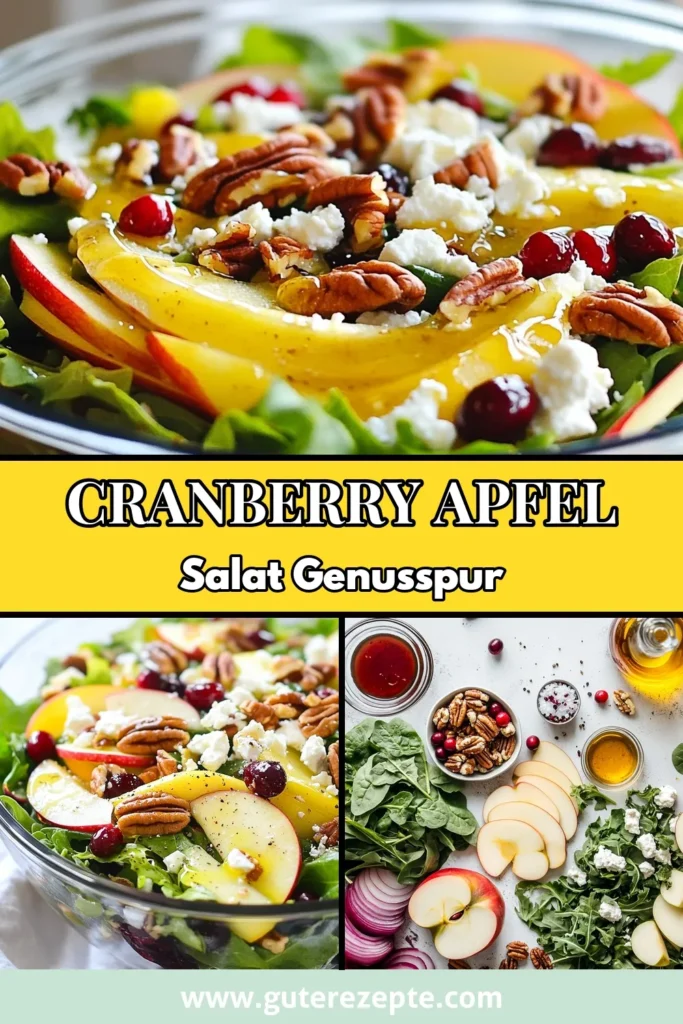 Entdecke dieses köstliche Rezept für Cranberry Apfel Pekannuss Salat – ein perfektes Beispiel für gesunde Salatrezepte! Dieser frische Fruchtsalat kombiniert knackige Äpfel, saftige Cranberries und geröstete Pekannüsse für einen vegetarischen Salat mit Nüssen, den du lieben wirst. Ideal für jede Gelegenheit! Probiere das Apfel-Salat Rezept und bring deinen Salat auf das nächste Level! Teile und speichere! #Salatrezepte #GesundeErnährung #Vegetarisch #Fruchtsalat
