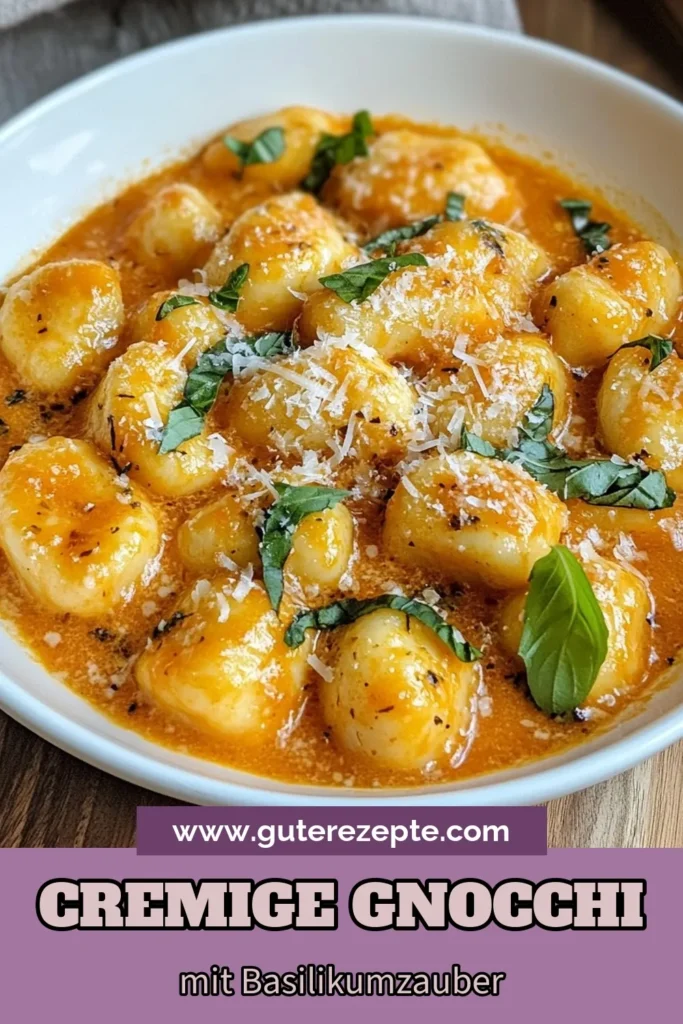 Entdecken Sie unser cremiges Gnocchi Rezept: die perfekten Tomaten-Basilikum Gnocchi! Dieses einfache Gnocchi mit Sahnesauce ist ein italienisches Pasta-Gericht, das in nur 30 Minuten zubereitet ist. Mit frischem Basilikum und geriebenem Parmesan wird jede Portion zu einem Genuss. Ideal für ein schnelles Abendessen! Speichern Sie dieses Rezept für eine köstliche, hausgemachte Mahlzeit. #GnocchiRezept #PastaLover #ItalienischeKüche #GnocchiMitParmesan