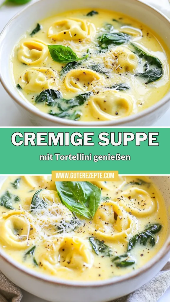 Entdecken Sie dieses köstliche Rezept für eine cremige Tortellini-Suppe, das perfekt für jede Jahreszeit ist! Unsere cremige Tortellini-Spinat-Suppe wird mit frischen Käsetortellini und Spinat zubereitet und ist in nur 25 Minuten fertig. Genießen Sie diese einfache Cremesuppe mit Spinat, die nicht nur vegetarisch ist, sondern auch die italienische Küche in Ihr Zuhause bringt. Probieren Sie es aus und teilen Sie es mit Freunden! #Tortellini #CremigeSuppe #Vegetarisch #Italienisch