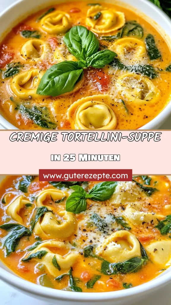 Entdecke das köstliche Rezept für cremige Tomaten-Spinat-Suppe, das perfekt für schnelle Suppenideen ist. Diese milchfreie Tortellini Suppe ist einfach zuzubereiten und vereint frische Zutaten wie Tomaten und Spinat. Lass dich von dieser herzhaften Tomatensuppe mit Spinat begeistern und genieße eine Schüssel voll Komfort. Probiere es heute aus! #TortelliniSuppeRezept #CremigeTomatenSpinatSuppe #SchnelleSuppenideen #MilchfreieTortelliniSuppe