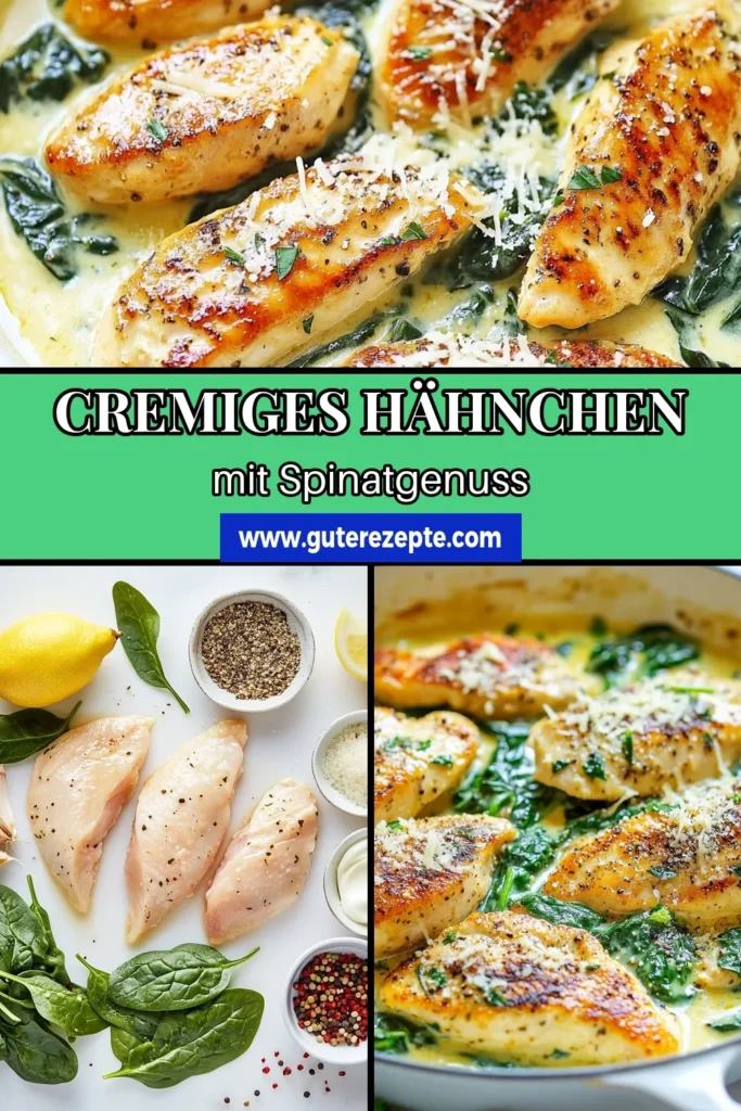 Entdecken Sie unser Rezept für eine cremige Hähnchen-Spinatsauce, die in weniger als 30 Minuten zubereitet ist! Diese Hähnchenbrustpfanne mit Spinat kombiniert zarte Hähnchenstücke mit einer köstlichen, cremigen Sauce und frischen italienischen Kräutern. Perfekt für schnelle Hähnchenrezepte, die die ganze Familie begeistern. Lassen Sie sich dieses einfache Pfannengericht nicht entgehen! Speichern Sie es jetzt! #Hähnchenrezepte #CremigeHähnchenSpinatsauce #EinfachePfannengerichte #ItalienischeKräuterHähnchen