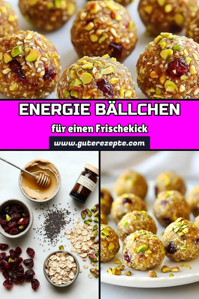 Entdecken Sie dieses einfache Rezept für Kinder: gesunde Cranberry Pistazien Energie Bällchen! Diese energiereichen Snacks bestehen aus Haferflocken, Mandelbutter und einem Mix aus getrockneten Cranberries und Pistazien. Perfekt als gesunder Snack für zwischendurch oder als Energieboost für unterwegs. Probieren Sie es aus und genießen Sie den vollen Geschmack! Speichern Sie das Rezept und teilen Sie Ihre Kreationen! #CranberryPistazienEnergieBällchen #gesundeSnacks #einfacheRezeptideen #HaferflockenBällchen