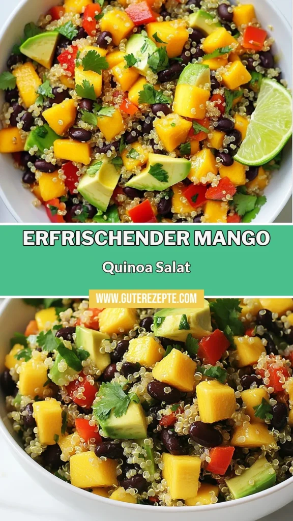 Entdecken Sie unseren köstlichen Mango Quinoa Salat mit schwarzen Bohnen! Dieses gesunde Sommerrezept kombiniert nahrhafte Quinoa mit frischer Mango, Avocado und einer Vielfalt an buntem Gemüse. Perfekt für ein leichtes Mittagessen oder als Beilage. Erleben Sie den Geschmack und die Frische in jedem Bissen. Jetzt ausprobieren und genießen! Speichern Sie das Rezept für Ihre nächsten vegetarischen Salate! #MangoQuinoaSalat #SchwarzeBohnenRezept #GesundeSommerrezepte #QuinoaSalatMitAvocado