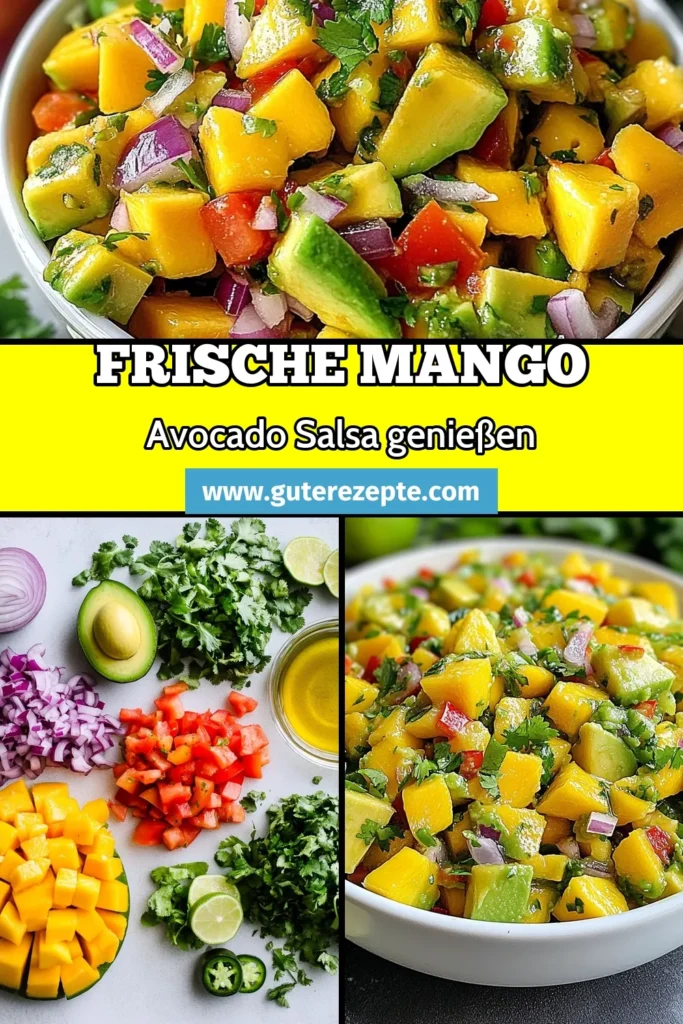 Entdecke unser einfaches und gesundes Mango-Avocado-Salsa Rezept! Diese frische Salsa Rezept vereint köstliche Aromen und ist der perfekte gesunde Snack Ideen für jede Gelegenheit. Bereite deine schnelle mexikanische Salsa in nur 15 Minuten zu und serviere sie zu Tortilla-Chips oder als Topping. Lass dir diese erfrischende Avocado Rezept nicht entgehen! Speichere jetzt für deinen nächsten Snack! #MangoAvocadoSalsa #GesundeRezepte #Salsa #SnackIdeen