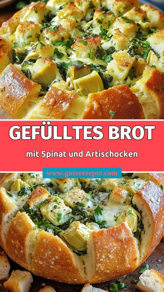 Entdecken Sie unser köstliches Spinat-Artischocken Brot, ein einfaches und herzhaftes Brot Rezept, das perfekt für Ihre nächste Party ist. Dieses gefüllte Brot Rezept vereint frischen Spinat, zarte Artischocken und cremigen Käse für den ultimativen Genuss. Bereiten Sie diese einfachen Partyrezepte vor und beeindrucken Sie Ihre Gäste! Lassen Sie sich inspirieren und speichern Sie dieses Rezept für später! #SpinatArtischockenBrot #GefülltesBrotRezept #VegetarischeRezepte #EinfachePartyrezepte