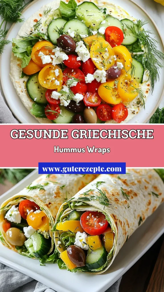 Entdecke die köstlichen Griechischen Hummus Wraps, perfekt für ein schnelles und gesundes Mittagessen! Dieses Gemüse Wraps Rezept kombiniert schmackhaften Hummus mit frischem Gemüse, ideal für gesunde Wraps. Die Verwendung von Vollkorn Wraps vegetarisch macht es zu einer nahrhaften Wahl. Probiere dieses einfache Gericht aus und bring Farbe auf deinen Teller! Speichere das Rezept jetzt für deine nächste Mahlzeit! #GriechischeWraps #GesundeRezepte #HummusMitGemüse #VollkornWraps