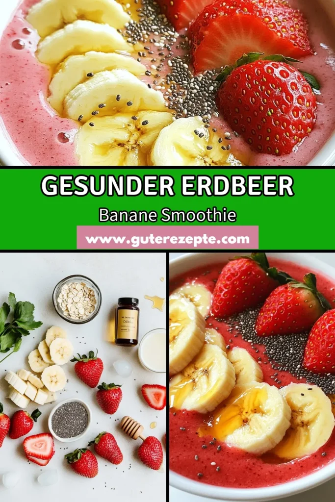 Entdecken Sie dieses köstliche Erdbeer-Bananen Smoothie Rezept! Kombinieren Sie frische Erdbeeren, Banane, Haferflocken und gesunde Mandelmilch für einen perfekt cremigen Haferflocken Smoothie. Fügen Sie Chiasamen für extra Nährstoffe hinzu und genießen Sie diesen gesunden Smoothie mit Mandelmilch als veganes Smoothie Rezept. Ideal für einen energiereichen Start in den Tag! Jetzt ausprobieren und den Genuss teilen! #ErdbeerBananenSmoothie #SmoothieRezept #VeganesRezept #GesundeErnährung