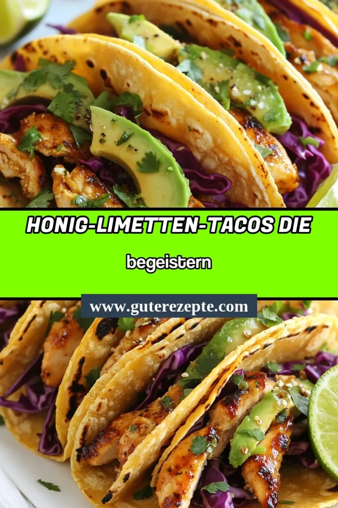 Entdecke unser einfaches Rezept für Honig-Limetten-Hähnchen-Tacos! Diese köstlichen Hähnchentacos sind die perfekte Kombination aus süß und salzig und bieten eine gesunde Taco Füllung. Unsere einfachen Tacos mit Hähnchen sind ideal für ein schnelles Abendessen. Lass dir dieses mexikanische Rezept nicht entgehen und probiere es noch heute aus! Speichere es für später! #HähnchentacosRezept #HonigLimettenHähnchenTacos #MexikanischesRezept #EinfacheTacos