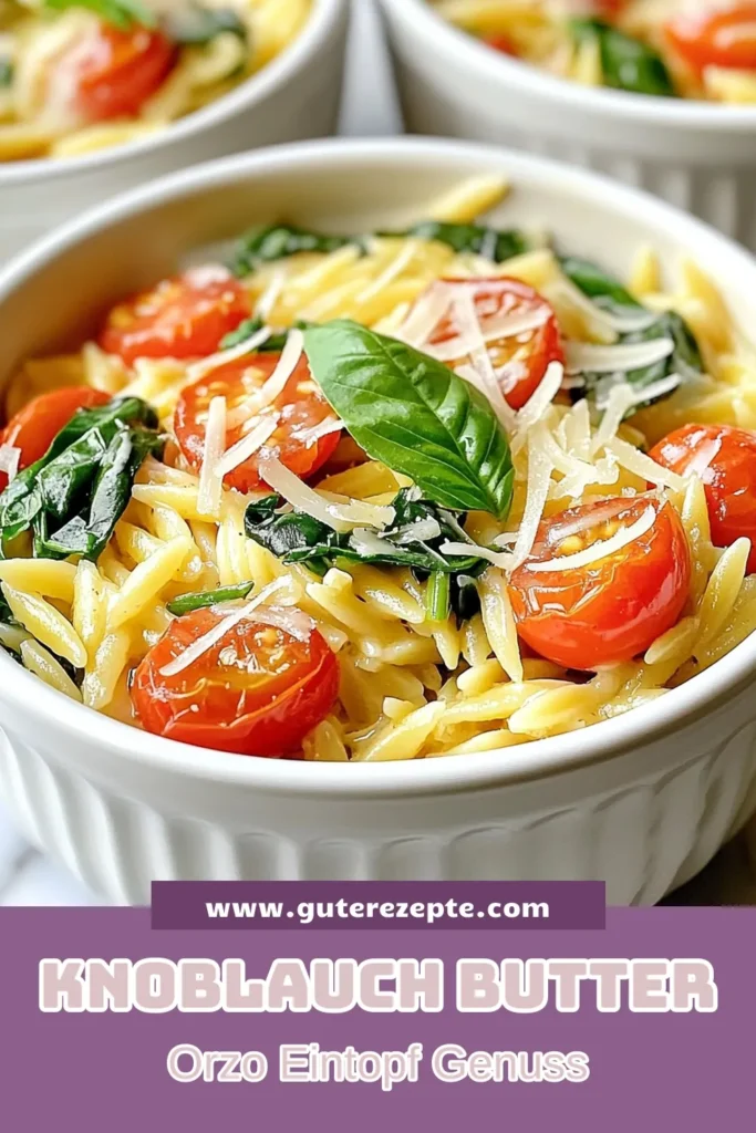 Entdecken Sie dieses köstliche Eintopf Orzo Rezept, das mit Knoblauch Butter Orzo begeistert! Diese einfache Eintopfgerichte sind perfekt für alle, die vegetarische Orzo Pasta lieben. Mit frischem Gemüse und herzhaftem Geschmack ist Orzo mit Gemüsebrühe eine tolle Wahl. Ideal für ein schnelles Abendessen! Probieren Sie es aus und speichern Sie das Rezept für später! #Eintopf #OrzoPasta #VegetarischesEssen #Rezeptideen