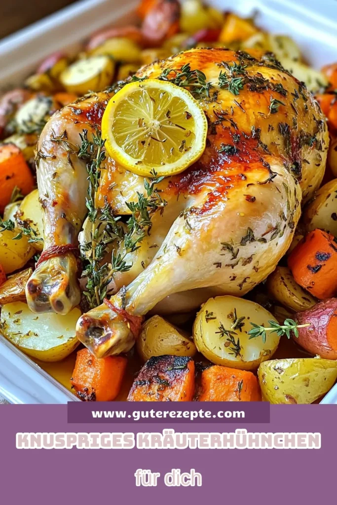 Entdecken Sie unser köstliches Knoblauch-Kräuter-Hühnchen Rezept! Dieses aromatische Ofenhühnchen mit Kräutern ist der perfekte Mittelpunkt für jedes Abendessen. Mit einer köstlichen aromatischen Hühnchen Marinade und saftigem Hühnchen, das zusammen mit Wurzelgemüse geröstet wird, wird es Ihre Familie begeistern. Ideal für besondere Anlässe oder ein gemütliches Abendessen. Jetzt ausprobieren und teilen! #RösthühnchenRezept #HühnchenMitWurzelgemüse #KräuterHühnchen #OfenhühnchenMitKräutern