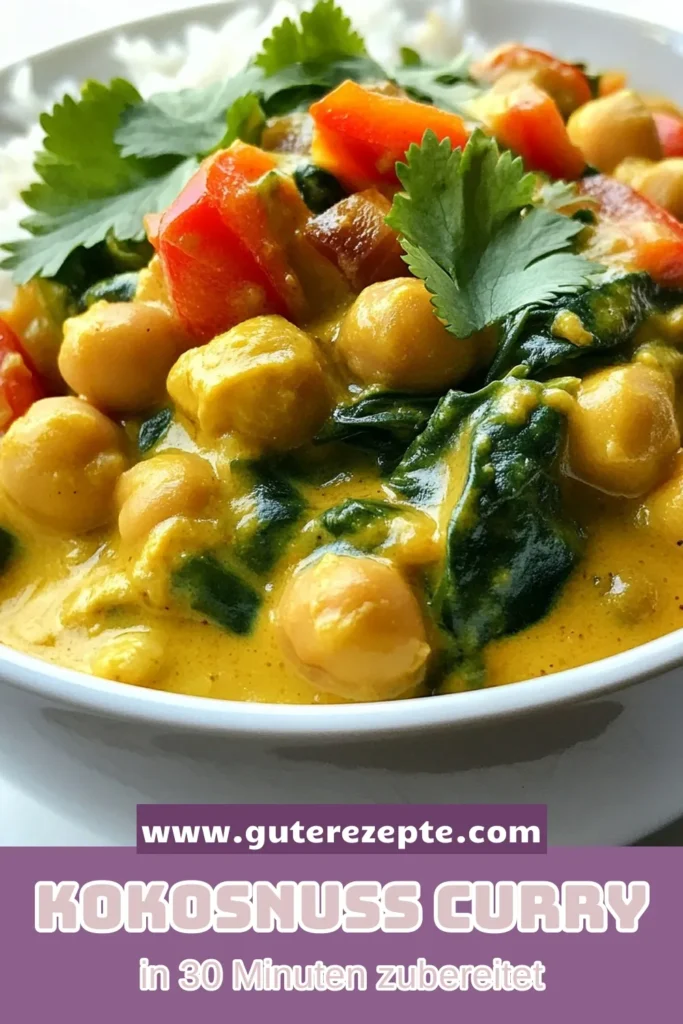 Entdecken Sie dieses köstliche Kichererbsen-Curry Rezept, das einfach und schnell zuzubereiten ist! Mit cremiger Kokosmilch ist dieses vegane Kichererbsen-Curry perfekt für gesunde Currygerichte. Zusammen mit leckerem Spinat und aromatischer roter Currypaste ist es ein schnelles Curry Rezept, das jeder lieben wird. Ideal für eine gesunde Mahlzeit unter der Woche! Probieren Sie es aus und teilen Sie Ihre Kreationen! #KichererbsenCurryRezept #KokosmilchCurry #schnellesCurryRezept #gesundeCurrygerichte