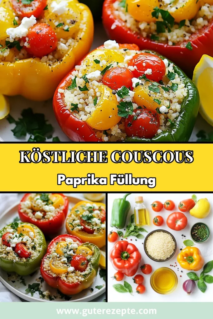 Entdecken Sie dieses köstliche Zitronen-Kräuter-Couscous gefüllte Paprika Rezept, das gesunde Paprika Füllung auf neue Weise präsentiert! Genießen Sie die Aromen von frischen Kräutern und Feta in diesem vegetarischen Couscous Gericht, das nicht nur gesund, sondern auch einfach zuzubereiten ist. Perfekt für ein leichtes Abendessen oder als Beilage. Speichern Sie das Rezept und bringen Sie Farbe auf Ihren Tisch! #GefülltePaprikaRezept #ZitronenKräuterCouscous #GesundePaprikaFüllung #VegetarischesCouscousGericht