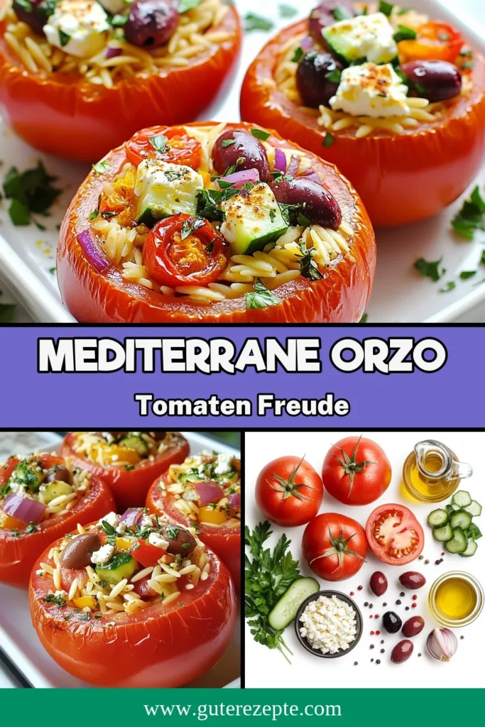 Entdecken Sie das köstliche Rezept für Mediterrane gefüllte Tomaten mit Orzo-Nudeln! Diese gesunde mediterrane Köstlichkeit, gefüllt mit Feta-Käse, Kalamata-Oliven und frischen Zutaten, ist perfekt für ein leichtes Mittagessen oder als Beilage. Vegan und einfach zuzubereiten, sorgt dieses Gericht für Begeisterung auf jedem Tisch. Probieren Sie es aus und teilen Sie Ihre Kreationen! #MediterraneGefüllteTomaten #OrzoNudelnRezept #GesundeMediterraneRezepte #VeganeGefüllteTomaten