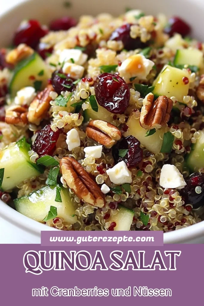 Entdecke diesen köstlichen Cranberry Pekannuss Quinoa Salat, der perfekt für gesunde Quinoa Rezepte ist! Mit frischen Zutaten und einer einfachen Zubereitung ist dieser Salat eine großartige vegetarische Beilage. Die Kombination aus Quinoa Salat mit Feta, Cranberries und Pekannüssen macht jede Mahlzeit zum Genuss. Probiere es aus und bringe Abwechslung auf deinen Tisch! Speichere das Rezept für deine nächste Zusammenkunft! #QuinoaSalat #GesundeRezepte #VegetarischeBeilagen #EinfacherSalat
