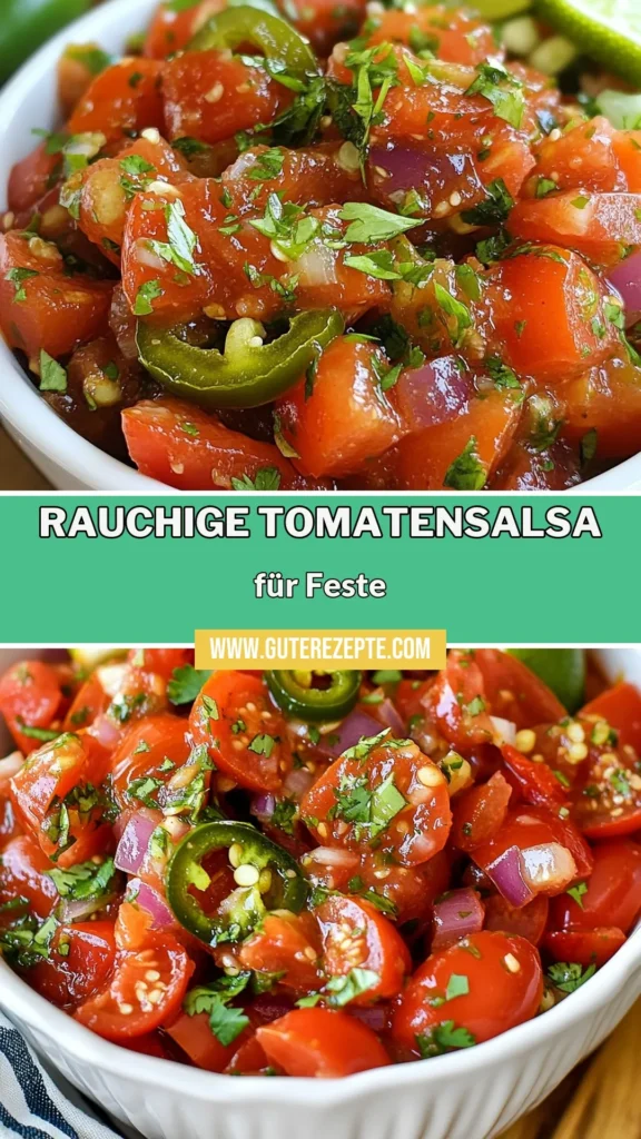 Entdecken Sie das Rezept für rauchige Tomatensalsa, die Ihre Geschmacksknospen begeistern wird! Diese einfache Tomatensalsa kombiniert geröstete Roma-Tomaten, Jalapeños und Gewürze für eine würzige Salsa für Tacos oder als Dip. Perfekt für Grillpartys oder Snacks! Bereiten Sie Ihre eigene geröstete Salsa mit unserem einfachen Rezept zu und genießen Sie den rauchigen Geschmack. Probieren Sie es jetzt aus und verwandeln Sie Ihre nächsten Gerichte! #Tomatensalsa #EinfacheRezepte #SalsaMitJalapeños #WürzigeSalsa