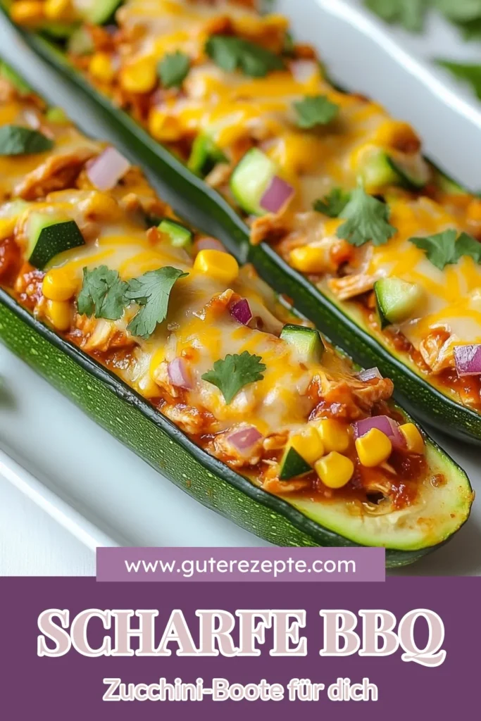 Entdecke dieses köstliche Rezept für BBQ Hühnchen Zucchini-Boote, das perfekt für ein schnelles Mittagessen oder Abendessen ist. Diese gefüllten Zucchini Rezepte verbinden gesunde Hühnchen Gerichte mit dem rauchigen Geschmack deiner Lieblings BBQ-Sauce. Ideal für Grillliebhaber und ein echter Hit auf jeder Grillparty! Probiere es aus und beeindrucke deine Freunde. Speichere diesen Beitrag für deine nächste BBQ-Planung! #BBQHühnchen #ZucchiniBoote #schnelleBBQRezepte #gesundeGerichte