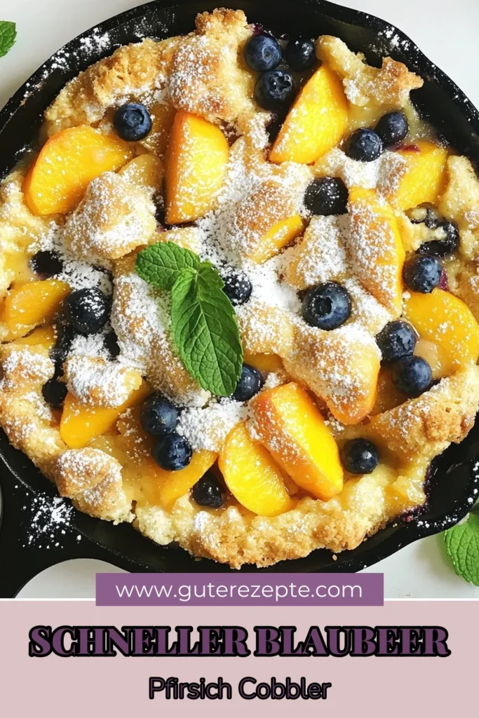 Entdecke unser einfaches Cobbler Rezept für einen köstlichen Blaubeer-Pfirsich-Cobbler! Dieser frische Obst-Cobbler aus der Pfanne ist perfekt für jede Gelegenheit. Warm serviert mit einer Kugel Vanilleeis ist er der ultimative Genuss! Ideal für gemütliche Abende oder besondere Anlässe. Lass dir dieses Rezept nicht entgehen – probiere es aus und teile es mit Freunden! #BlaubeerPfirsichCobbler #PfannenCobblerRezept #frischerObstCobbler #CobblerMitVanilleeis