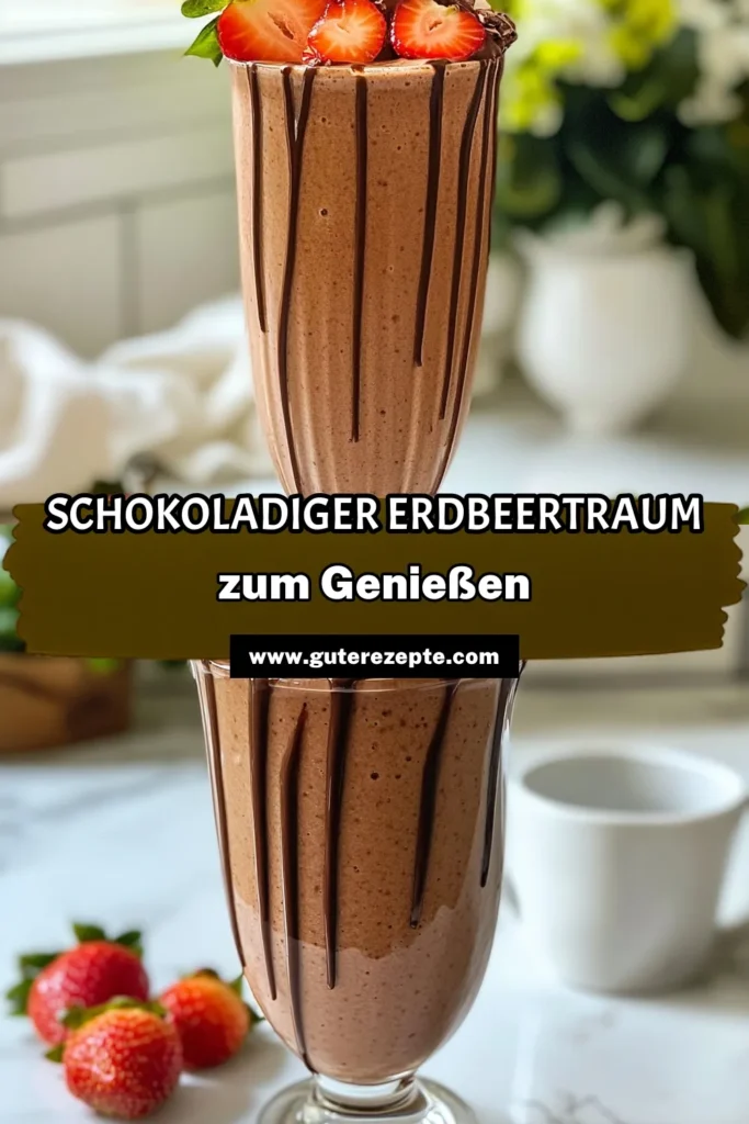 Genießen Sie diesen köstlichen Schokoladen Erdbeer Smoothie, der nicht nur lecker, sondern auch gesund ist! Perfekt für Ihr Frühstück oder als Snack, vereint dieses Rezept frische Erdbeeren mit Schokolade in einer cremigen Mandelmilch Smoothie-Basis. Entdecken Sie, wie einfach gesunde Smoothie Rezepte sein können. Probieren Sie es aus und verleihen Sie Ihrem Tag eine süße Note! #SchokoladenErdbeerSmoothie #GesundeSmoothieRezepte #ErdbeerenMitSchokolade #MandelmilchSmoothie