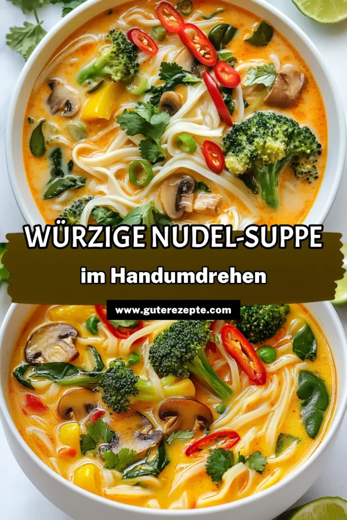 Entdecke das leckere Rezept für Würzige Thai-Kokosnuss-Nudelsuppe! Diese aromatische Kokosmilch Suppe vereint frische Gemüse und Reisnudeln zu einem vegetarischen Genuss. Perfekt für kalte Tage oder als leichtes Gericht. Lerne, wie du in nur 30 Minuten eine unwiderstehliche Thai Nudelsuppe zubereitest. Lass dir die Aromen Asiens auf der Zunge zergehen! Probiere es aus und teile dein Ergebnis! #ThaiKüche #Kokosnuss #Vegetarisch #Reisnudeln