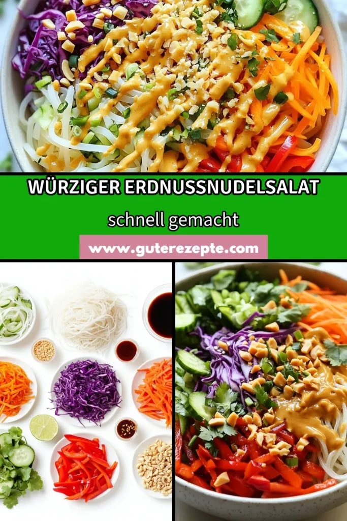Entdecke das Rezept für einen köstlichen Erdnuss-Nudelsalat! Dieser würzige Nudelsalat mit Reisnudeln ist nicht nur gesund, sondern auch voller asiatischer Aromen. Mit frischem Gemüse und einem cremigen Dressing wird er garantiert zum Hit. Perfekt als leichtes Mittagessen oder Beilage. Probiere unser Reisnudeln Rezept aus und genieße einen gesunden Salat! Jetzt ausprobieren und speichern! #ErdnussNudelsalat #WürzigerNudelsalat #ReisnudelnRezept #AsiatischerSalatRezept