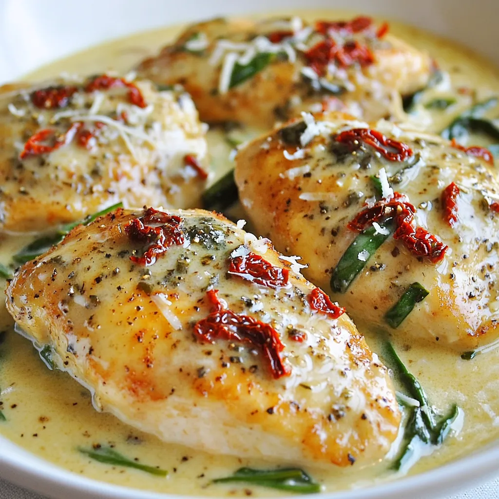 Für ein leckeres cremiges Hähnchen mit getrockneten Tomaten brauchst du folgende Hauptzutaten: - 4 Hähnchenbrustfilets ohne Knochen und Haut - 1 Tasse getrocknete Tomaten in Öl, abgetropft und grob gehackt - 1 Tasse Schlagsahne - 1 Tasse Hühnerbrühe - 3 Knoblauchzehen, fein gehackt - 1 mittlere Zwiebel, fein gewürfelt - 2 Esslöffel Olivenöl Diese Zutaten geben dem Gericht seinen tollen Geschmack. Das Hähnchen bleibt saftig, und die getrockneten Tomaten bringen eine süße Note. Die richtigen Gewürze und Kräuter machen das Gericht besonders schmackhaft. Hier sind die, die du brauchst: - 1 Teelöffel getrocknetes Basilikum - 1 Teelöffel getrockneter Oregano - Salz und Pfeffer nach Geschmack Basilikum und Oregano bringen mediterrane Aromen in dein Gericht. Sie harmonieren perfekt mit den Tomaten und dem Hähnchen. Um dein Gericht noch frischer zu machen, kannst du folgende optionale Zutaten hinzufügen: - 1 Tasse frische Spinatblätter - Geriebener Parmesan zum Garnieren Die Spinatblätter fügen eine schöne grüne Farbe hinzu und sind gesund. Parmesan gibt dem Gericht einen tollen, salzigen Geschmack. So wird dein cremiges Hähnchen noch besser! {{ingredient_image_2}} Zuerst erhitzen Sie das Olivenöl in einer großen Pfanne bei mittlerer Hitze. Würzen Sie die Hähnchenbrustfilets mit Salz und Pfeffer. Legen Sie die Filets in die Pfanne. Braten Sie sie etwa 5-7 Minuten auf jeder Seite. Sie sind fertig, wenn sie goldbraun sind und durchgegart. Nehmen Sie das Hähnchen aus der Pfanne und legen Sie es beiseite. In derselben Pfanne fügen Sie die gewürfelte Zwiebel hinzu. Braten Sie die Zwiebel, bis sie durchsichtig ist. Das dauert etwa 3-4 Minuten. Danach geben Sie den gehackten Knoblauch dazu. Braten Sie ihn für eine weitere Minute, bis er gut riecht. Jetzt rühren Sie die gehackten getrockneten Tomaten, Basilikum und Oregano ein. Lassen Sie die Mischung etwa 2 Minuten köcheln. So verbinden sich die Aromen gut. Gießen Sie die Hühnerbrühe dazu und bringen Sie alles sanft zum Köcheln. Lassen Sie die Mischung etwa 5 Minuten köcheln, damit sie leicht reduziert. Reduzieren Sie die Hitze und fügen Sie die Schlagsahne hinzu. Rühren Sie ständig, bis alles gut vermischt ist. Wenn Sie mögen, geben Sie die Spinatblätter dazu und lassen Sie sie in der Sauce zusammenfallen. Legen Sie die Hähnchenbrustfilets zurück in die Pfanne. Löffeln Sie die Sauce über das Hähnchen und lassen Sie es 2-3 Minuten sanft köcheln. So verbinden sich die Aromen perfekt. Passen Sie die Würze mit zusätzlichem Salz und Pfeffer an. Servieren Sie das Gericht heiß, garniert mit geriebenem Parmesan. Die Garzeit für Hähnchenbrust ist wichtig. Braten Sie die Hähnchenbrustfilets etwa 5-7 Minuten auf jeder Seite. Die Innentemperatur sollte 75 Grad Celsius erreichen. So bleibt das Hähnchen saftig und zart. Um die Sauce cremiger zu machen, fügen Sie mehr Schlagsahne hinzu. Sie können auch Frischkäse oder Mascarpone verwenden. Diese Zutaten sorgen für eine reichhaltigere Textur. Rühren Sie ständig, um Klumpen zu vermeiden und eine glatte Sauce zu erhalten. Beilagen sind wichtig für ein komplettes Essen. Probieren Sie folgende Optionen: - Gedämpfter Brokkoli - Reis oder Quinoa - Ein frischer grüner Salat - Knoblauchbrot oder Baguette Diese Beilagen ergänzen das cremige Hähnchen perfekt und sorgen für Abwechslung auf dem Teller. Pro Tipps Fleisch zart machen: Lassen Sie das Hähnchen vor dem Braten Zimmertemperatur erreichen, um gleichmäßiger zu garen und zart zu bleiben. Geschmack intensivieren: Mariniere das Hähnchen vorher in einer Mischung aus Olivenöl, Knoblauch und Kräutern, um zusätzlichen Geschmack zu erzielen. Cremigkeit anpassen: Für eine reichhaltigere Sauce können Sie etwas Frischkäse oder Mascarpone hinzufügen, um die Cremigkeit zu erhöhen. Frische Kräuter verwenden: Garnieren Sie das Gericht mit frischen Kräutern wie Basilikum oder Petersilie, um eine frische Note und zusätzlichen Geschmack zu verleihen. {{image_4}} Wenn du eine vegetarische Option suchst, probiere Tofu oder Tempeh. Diese Alternativen nehmen die Aromen gut auf. Schneide sie in Würfel und mariniere sie vor dem Braten. Du kannst das Hähnchen einfach durch diese Alternativen ersetzen. Du kannst auch andere Gemüsearten verwenden. Zucchini, Paprika oder Pilze passen gut dazu. Brate das Gemüse zusammen mit der Zwiebel und dem Knoblauch. So wird die Sauce noch bunter und schmackhafter. Für mehr Geschmack füge unterschiedliche Gewürze hinzu. Paprika gibt eine leichte Schärfe. Thymian und Rosmarin bringen einen frischen Duft. Experimentiere mit deinen Lieblingskräutern, um das Gericht zu personalisieren. Um Reste von cremigem Hähnchen mit getrockneten Tomaten gut aufzubewahren, nutzen Sie luftdichte Behälter. Lassen Sie das Hähnchen abkühlen, bevor Sie es in den Behälter geben. So bleibt die Konsistenz besser erhalten. Sie können auch das Hähnchen in Portionen aufteilen, falls Sie nur kleine Mengen benötigen. Das Einfrieren ist eine tolle Option. Teilen Sie das Hähnchen in Portionen und geben Sie es in gefriergeeignete Behälter oder Beutel. Achten Sie darauf, die Luft so gut wie möglich herauszudrücken, um Gefrierbrand zu vermeiden. So bleibt der Geschmack frisch. Beschriften Sie die Behälter mit dem Datum, damit Sie wissen, wie lange sie schon eingefroren sind. Im Kühlschrank bleibt das cremige Hähnchen mit getrockneten Tomaten etwa 3 bis 4 Tage frisch. Achten Sie darauf, es gut abzudecken, um Gerüche von anderen Lebensmitteln zu vermeiden. Wenn Sie das Hähnchen länger aufbewahren möchten, ist das Einfrieren die bessere Wahl. So genießen Sie auch später noch den vollen Geschmack! Um das Hähnchen saftig zu halten, brate es nicht zu lange. Achte darauf, die Hähnchenbrustfilets nur 5-7 Minuten pro Seite zu braten. Du kannst auch die Schlagsahne in die Sauce geben, um die Feuchtigkeit zu bewahren. Ein guter Tipp ist, die Hähnchenbrust nach dem Braten ruhen zu lassen. So bleibt der Saft im Fleisch. Ja, du kannst frische Tomaten verwenden. Die Textur wird anders sein. Frische Tomaten geben mehr Flüssigkeit ab. Verwende etwa 2-3 frische Tomaten, gewürfelt. Koche sie länger, damit sie weich werden. Die Aromen werden anders, aber sie sind dennoch lecker. Gute Beilagen sind Reis, Pasta oder ein frischer Salat. Du kannst auch geröstetes Gemüse servieren. Kartoffelpüree passt ebenfalls gut. Diese Beilagen ergänzen die cremige Sauce perfekt und machen dein Essen noch schmackhafter. Wir haben die Hauptzutaten für ein cremiges Hähnchen besprochen. Du weißt nun, wie du es schrittweise zubereitest und welche Tipps dir helfen, das Gericht zu perfektionieren. Zudem kannst du mit verschiedenen Variationen und Beilagen experimentieren. Reste sind einfach zu lagern und aufzubewahren. Denke daran, die Garzeit und die Gewürze anzupassen, um deinem Geschmack gerecht zu werden. Mit diesen Informationen bereitest du ein leckeres und vielseitiges Gericht ganz leicht zu. Viel Spaß beim Kochen!