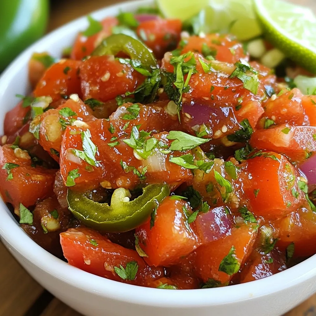 Für diese köstliche Salsa brauchen Sie: - 6 reife Roma-Tomaten, halbiert - 1 mittlere rote Zwiebel, geviertelt - 3 Knoblauchzehen, ungeschält - 2 Jalapeños, halbiert und entkernt (für weniger Schärfe, Kerne behalten) - 1 Esslöffel Olivenöl Diese Hauptzutaten bringen viel Geschmack. Die Roma-Tomaten geben eine süße Basis. Die Zwiebel fügt einen tollen Biss hinzu. Der Knoblauch bringt ein reiches Aroma. Jalapeños bringen die gewünschte Schärfe. Für den perfekten Geschmack benötigen Sie: - 1 Teelöffel geräuchertes Paprikapulver - Salz nach Geschmack Das geräucherte Paprikapulver gibt der Salsa eine rauchige Note. Es ist der Schlüssel für den „smoky“ Geschmack. Salz verfeinert die Aromen. Passen Sie die Menge nach Ihrem Geschmack an. Um die Salsa zu vollenden, verwenden Sie: - Frischer Koriander, gehackt, zur Garnierung - Limettenschnitze, zum Servieren Der frische Koriander bringt Farbe und Frische. Limettenschnitze fügen eine spritzige Note hinzu. Diese Zutaten machen die Salsa lebendig und einladend. Sie sind wichtig für das Gesamtbild der Speise. {{ingredient_image_2}} Heize deinen Ofen auf 200°C vor. Die Temperatur ist wichtig für das Rösten. Während der Ofen aufheizt, bereite das Gemüse vor. Halbiere die Roma-Tomaten und viertel die rote Zwiebel. Nimm die Knoblauchzehen und lasse sie ungeschält. Halbiere die Jalapeños und entferne die Kerne. Wenn du es weniger scharf magst, lass die Kerne drin. Lege ein Backblech mit Backpapier aus. Arrangiere die vorbereiteten Tomaten, Zwiebeln, Knoblauch und Jalapeños darauf. Beträufle alles mit einem Esslöffel Olivenöl. Streue einen Teelöffel geräuchertes Paprikapulver und Salz darüber. Mische die Zutaten gut, damit sie gleichmäßig gewürzt sind. Röste das Gemüse im Ofen für 25 bis 30 Minuten. Achte darauf, dass die Tomaten Blasen werfen und leicht angebrannt sind. Die Zwiebeln sollten zart sein. Nimm das Blech aus dem Ofen und lasse das Gemüse ein paar Minuten abkühlen. Schäle die Knoblauchzehen, bevor du weiter machst. Gib die gerösteten Tomaten, Zwiebeln, Knoblauch und Jalapeños in eine Küchenmaschine. Pulsieren Sie einige Male, bis die Salsa die gewünschte Konsistenz hat. Wenn es dir zu stückig ist, püriere es länger. Kosten die Salsa und passe die Würze an. Füge mehr Salz oder Limettensaft hinzu, wenn nötig. Fülle die Salsa in eine Schüssel und garniere sie mit frischem Koriander. Serviere sie mit Limettenschnitzen. Um die perfekte Konsistenz zu erzielen, probiere die Salsa nach dem Mixen. Magst du sie stückig? Pulsieren dann nur kurz. Für eine glatte Salsa mixe länger. Du kannst die Konsistenz auch anpassen, indem du etwas Wasser hinzufügst. Die Schärfe hängt von den Jalapeños ab. Entferne die Kerne für weniger Schärfe. Magst du es schärfer? Lass die Kerne drin! Abschmecken ist wichtig. Füge nach Bedarf mehr Salz oder Limettensaft hinzu. Dadurch bekommst du den besten Geschmack. Präsentiere die Salsa in einer bunten Schüssel. Das zieht die Blicke an! Reiche Tortillachips dazu. Garniere die Salsa mit frischem Koriander und Limettenschnitzen. So sieht alles frisch und appetitlich aus. Diese Salsa eignet sich auch hervorragend für Tacos oder gegrilltes Fleisch. Pro Tipps Tomaten auswählen: Achten Sie darauf, reife Roma-Tomaten zu verwenden, da sie mehr Geschmack und eine bessere Konsistenz für die Salsa bieten. Grillgeschmack: Für zusätzlichen Rauchgeschmack können Sie die Tomaten und Jalapeños auch auf dem Grill rösten. Salsa anpassen: Experimentieren Sie mit zusätzlichen Gewürzen wie Kreuzkümmel oder Limettenschale für einen einzigartigen Geschmack. Aufbewahrung: Bewahren Sie die Salsa in einem luftdichten Behälter im Kühlschrank auf, um die Frische für bis zu einer Woche zu erhalten. {{image_4}} Um Ihrer rauchigen gerösteten Tomatensalsa einen neuen Twist zu geben, können Sie verschiedene Zutaten verwenden. Statt Roma-Tomaten können Sie auch Kirschtomaten oder sogar grüne Tomaten verwenden. Diese geben der Salsa eine andere Süße und eine schöne Farbe. Zusätzlich können Sie die Jalapeños durch andere Chilis ersetzen. Probieren Sie Serrano oder Poblano für einen anderen Geschmack. Wenn Sie es milder mögen, verwenden Sie Paprika. Ein weiterer Vorschlag ist, geröstete Paprika hinzuzufügen. Diese verleihen der Salsa eine süße Note und eine rauchige Tiefe. Frische Kräuter machen Ihre Salsa lebendig. Koriander ist klassisch, aber Sie können auch Petersilie oder Minze verwenden. Diese Kräuter bringen frische Aromen und eine schöne Farbe. Fügen Sie die Kräuter erst am Ende hinzu, um ihren Geschmack zu bewahren. Mischen Sie sie vorsichtig unter die Salsa. Sie können auch einen Spritzer frischen Limettensaft hinzufügen. Das hebt den Geschmack und sorgt für eine frische Note. Wenn Sie eine mildere Salsa möchten, gibt es einfache Tipps. Entfernen Sie die Kerne und das Innere der Jalapeños. Das macht die Salsa weniger scharf. Eine andere Möglichkeit ist, mehr Tomaten hinzuzufügen. Dies balanciert die Schärfe und erhöht die Menge der Salsa. Sie können auch etwas Zucker oder Honig hinzufügen. Diese süßen Elemente helfen, die Schärfe zu mildern. Experimentieren Sie mit diesen Tipps, um die perfekte Salsa für Ihren Geschmack zu finden! Um deine Smoky Roasted Tomato Salsa frisch zu halten, fülle sie in einen luftdichten Behälter. Stelle diesen dann in den Kühlschrank. So bleibt die Salsa für etwa 4 bis 5 Tage genießbar. Achte darauf, die Salsa gut abzudecken, um das Austrocknen zu verhindern. Du kannst die Salsa auch in kleine Portionen aufteilen. So hast du immer einen Snack bereit. Wenn du mehr Salsa gemacht hast, als du brauchst, kannst du sie einfrieren. Fülle die Salsa in einen gefrierfesten Behälter oder in wiederverschließbare Beutel. Lass etwas Platz für die Ausdehnung der Salsa. Im Gefrierfach bleibt die Salsa bis zu 3 Monate frisch. Zum Auftauen stelle den Behälter einfach in den Kühlschrank. Lasse die Salsa dort über Nacht auftauen. Die Haltbarkeit deiner Salsa hängt von der Lagerung ab. Im Kühlschrank hält sie sich 4 bis 5 Tage. Wenn du die Salsa einfrierst, kannst du sie bis zu 3 Monate genießen. Du kannst die Salsa auch auf verschiedene Arten wiederverwenden. Verwende sie als Dip für Tortillachips oder als Topping für Tacos. Du kannst sie auch zu gegrilltem Gemüse oder Fleisch servieren. Das gibt deinen Gerichten einen rauchigen Kick. Die Smoky Roasted Tomato Salsa bleibt im Kühlschrank etwa 5 bis 7 Tage frisch. Achte darauf, sie in einem luftdichten Behälter zu lagern. Das hilft, die Aromen zu bewahren. Wenn du die Salsa länger aufbewahren möchtest, kannst du sie auch einfrieren. Ja, du kannst die Salsa ohne Jalapeños machen. Lass sie einfach weg, wenn du es milder magst. Du kannst auch andere milde Paprika verwenden. Das sorgt für Geschmack, ohne die Schärfe. Diese Salsa passt perfekt zu Tortillachips oder frischem Brot. Du kannst sie auch als Topping für Tacos oder gegrilltes Fleisch verwenden. Die frischen Aromen ergänzen viele Gerichte wunderbar. Probiere es aus und entdecke deine Favoriten! Diese Anleitung zeigt dir, wie du Smoky Roasted Tomato Salsa machst. Wir haben die besten Zutaten und Schritte besprochen. Du weißt jetzt, wie du die perfekte Konsistenz und Schärfe erreichst. Mit unseren Tipps für Lagerung und Präsentation kannst du die Salsa länger genießen und hübsch anrichten. Egal, ob du sie pur isst oder zu Snacks servierst, du hast jetzt alles, was du brauchst, um deine Salsa zu gestalten. Viel Spaß beim Ausprobieren und Genießen deiner köstlichen Kreation!