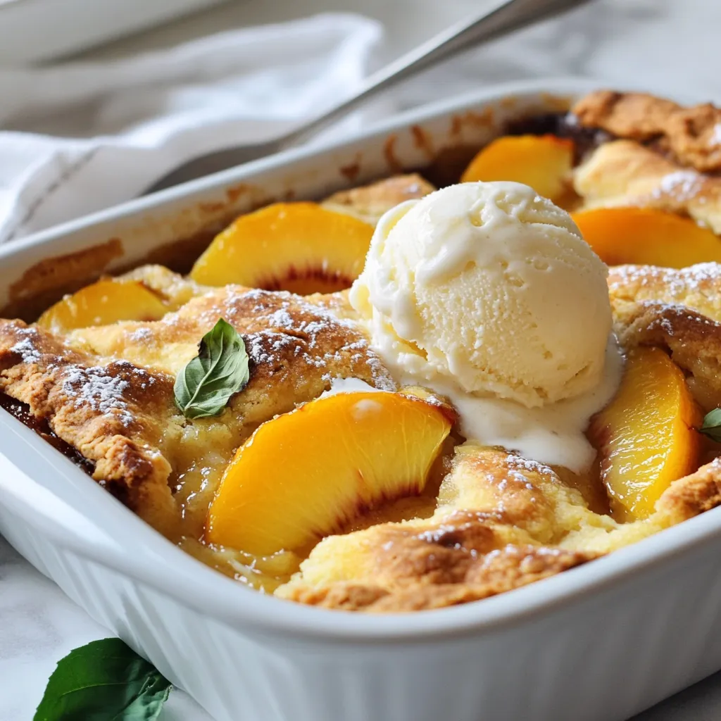 Für diesen leckeren Pfirsich-Cobbler braucht man frische und reife Zutaten. Hier sind die Hauptzutaten: - 6 reife frische Pfirsiche, geschält und in Scheiben geschnitten - 1 Tasse Zucker, aufgeteilt - 1 Teelöffel Vanilleextrakt - 2 Esslöffel Zitronensaft - 1 Teelöffel gemahlener Zimt Diese Zutaten sorgen für den süßen, fruchtigen Geschmack. Die frischen Pfirsiche sind das Herzstück des Rezepts. Für den Teig benötigen Sie folgende Backzutaten: - 1 Tasse Weizenmehl - 1 Teelöffel Backpulver - 1/2 Teelöffel Salz - 1 Tasse Milch - 1/2 Tasse ungesalzene Butter, geschmolzen - 1 Esslöffel brauner Zucker (zum Bestreuen) Diese Zutaten geben dem Cobbler die perfekte Konsistenz. Sie sind einfach zu finden und machen das Backen leicht. Um den Pfirsich-Cobbler noch besser zu machen, probieren Sie diese Toppings: - Schlagsahne - Vanilleeis - Zimt-Zucker-Mischung Diese Optionen bringen zusätzlichen Geschmack und eine schöne Textur. Servieren Sie den Cobbler warm für das beste Erlebnis! {{ingredient_image_2}} Zuerst heizen Sie den Ofen auf 180°C vor. Das sorgt für eine gleichmäßige Hitze. Während der Ofen aufheizt, können Sie die Pfirsiche vorbereiten. Dies dauert etwa 20 Minuten. Nehmen Sie sechs reife Pfirsiche. Schälen und schneiden Sie sie in Scheiben. In einer großen Schüssel mischen Sie die Pfirsiche mit 1/2 Tasse Zucker, einem Teelöffel Vanilleextrakt, zwei Esslöffeln Zitronensaft und einem Teelöffel Zimt. Rühren Sie vorsichtig um. Lassen Sie die Mischung 10 bis 15 Minuten ruhen. So können sich die Aromen gut vermischen. In einer anderen Schüssel mischen Sie das Weizenmehl, das Backpulver, das Salz und die restlichen 1/2 Tasse Zucker. In einer separaten Schüssel vermengen Sie die Milch und die geschmolzene Butter. Geben Sie diese Mischung langsam zu den trockenen Zutaten. Rühren Sie nur, bis alles leicht vermischt ist. Der Teig kann klumpig sein. Gießen Sie den Teig in eine gefettete Auflaufform. Löffeln Sie die Pfirsichmischung gleichmäßig über den Teig. Rühren Sie nicht um! Streuen Sie einen Esslöffel braunen Zucker auf die Oberfläche. Backen Sie den Cobbler im Ofen für 40 bis 45 Minuten. Überprüfen Sie mit einem Zahnstocher, ob er fertig ist. Lassen Sie ihn etwas abkühlen, bevor Sie ihn servieren. Wählen Sie reife Pfirsiche für den besten Geschmack. Die besten Pfirsiche sind leicht weich und duften süß. Suchen Sie nach einer hellen, glatten Haut ohne dunkle Flecken. Wenn Sie die Pfirsiche leicht drücken, sollten sie etwas nachgeben. Das zeigt, dass sie reif sind. Frische Pfirsiche verleihen Ihrem Cobbler mehr Süße und Saftigkeit. Die Backzeit ist wichtig. Backen Sie den Cobbler bei 180°C für 40 bis 45 Minuten. Schauen Sie nach 40 Minuten nach. Stecken Sie einen Zahnstocher in die Mitte. Er sollte sauber oder mit wenigen Krümeln herauskommen. Wenn er noch feucht ist, backen Sie ihn weiter. Lassen Sie den Cobbler nach dem Backen kurz abkühlen. So setzen sich die Aromen besser. Ein klumpiger Teig ist normal und kein Grund zur Sorge. Rühren Sie den Teig nur kurz, bis die Zutaten feucht sind. Wenn der Teig zu glatt ist, wird er zäh. Klumpen sorgen für eine lockere Struktur. Wenn Sie mehr Klumpen möchten, fügen Sie etwas mehr Mehl hinzu. Das macht den Teig stabiler. Pro Tipps Pfirsiche perfektionieren: Wählen Sie reife, saftige Pfirsiche für den besten Geschmack und die beste Textur. Überreife oder unreife Früchte können das Endergebnis beeinträchtigen. Teig nicht übermixen: Um eine zarte Konsistenz zu erzielen, rühren Sie den Teig nur so lange, bis die Zutaten gerade verbunden sind. Klumpige Texturen sind in Ordnung. Variationen hinzufügen: Experimentieren Sie mit anderen Früchten wie Blaubeeren oder Äpfeln, um unterschiedliche Geschmacksrichtungen zu erhalten. Sie können auch Nüsse oder Gewürze hinzufügen. Serviervorschläge: Servieren Sie den Cobbler warm mit einer großzügigen Portion Schlagsahne oder Vanilleeis, um ein unvergessliches Dessert zu kreieren. {{image_4}} Du kannst Pfirsich-Cobbler ganz leicht mit anderen Früchten machen. Äpfel, Beeren oder Kirschen passen wunderbar. Misch einfach die Früchte, die du magst, in die Pfirsichmischung. Achte darauf, die Zuckermenge anzupassen. Sauere Früchte benötigen mehr Zucker. So hast du eine bunte und leckere Variation. Für einen glutenfreien Teig kannst du einfach das Weizenmehl ersetzen. Nutze glutenfreies Mehl, wie Mandel- oder Reismehl. Du kannst auch eine Mischung aus verschiedenen glutenfreien Mehlen verwenden. Die Backzeit bleibt gleich. Achte darauf, dass dein Backpulver ebenfalls glutenfrei ist. So bleibt der Cobbler leicht und luftig. Um den Cobbler vegan zu machen, ersetze die Milch durch pflanzliche Milch. Mandel- oder Hafermilch sind gute Optionen. Die Butter kannst du durch Kokosöl oder vegane Margarine ersetzen. Achte darauf, dass der Zucker vegan ist. So hast du einen köstlichen, veganen Pfirsich-Cobbler, der allen schmeckt! Für die richtige Aufbewahrung von Resten, lasse den Cobbler zuerst abkühlen. Danach lege ihn in einen luftdichten Behälter. Du kannst auch Frischhaltefolie verwenden. So bleibt der Geschmack frisch. Stelle ihn in den Kühlschrank. So bleiben die Aromen erhalten. Um den Cobbler wieder aufzuwärmen, heize den Ofen auf 180°C vor. Lege die Stücke in eine Auflaufform. Decke sie mit Alufolie ab, um ein Austrocknen zu vermeiden. Erwärme den Cobbler für 15-20 Minuten. Du kannst auch die Mikrowelle nutzen. Stelle sie für etwa 30 Sekunden auf hohe Stufe. Prüfe die Temperatur vor dem Servieren. Im Kühlschrank bleibt der Cobbler 3 bis 5 Tage frisch. Achte darauf, ihn gut zu verpacken. Wenn du ihn länger aufbewahren möchtest, friere ihn ein. Im Gefrierschrank hält er bis zu 3 Monate. Teile ihn in Portionen auf, bevor du ihn einfrierst. So kannst du ihn leicht auftauen und genießen. Um den Cobbler süßer zu machen, füge einfach mehr Zucker hinzu. Du kannst 1/4 Tasse mehr Zucker verwenden, wenn du die Pfirsiche vorbereitest. Der Zucker zieht die Süße der Pfirsiche heraus. Achte darauf, nicht zu viel zu nehmen, damit der Geschmack nicht verloren geht. Eine andere Möglichkeit ist, Honig oder Agavendicksaft zu verwenden. Diese Süßstoffe geben dem Gericht eine andere Tiefe und einen besonderen Geschmack. Ja, du kannst gefrorene Pfirsiche verwenden. Sie sind eine gute Alternative, wenn frische Pfirsiche nicht verfügbar sind. Lasse die gefrorenen Pfirsiche zuerst auftauen und lasse sie gut abtropfen. So vermeidest du, dass der Cobbler zu wässrig wird. Du kannst auch einen Teelöffel mehr Stärke oder Mehl hinzufügen, um die Feuchtigkeit zu binden. Für eine leckere Beilage empfehle ich Schlagsahne oder Vanilleeis. Diese ergänzen den warmen Cobbler perfekt. Die Kühle des Eises harmoniert wunderbar mit der warmen, süßen Füllung. Du kannst auch etwas Zimt oder braunen Zucker darüber streuen. Diese kleinen Extras machen das Dessert noch köstlicher und ansprechender. Der Pfirsich-Cobbler ist ein einfaches und leckeres Dessert. Wir haben die besten Zutaten und Schritte erörtert. Tipps zur Auswahl der Pfirsiche helfen, die Qualität zu verbessern. Auch Variationen zeigen, wie vielseitig dieses Rezept ist. Denk daran, Reste richtig aufzubewahren, damit sie frisch bleiben. Experimentiere mit süßeren Optionen oder anderen Früchten. Du wirst erstaunt sein, wie viele Wege es gibt, diesen Cobbler zu genießen. Mach es selbst und teile es mit Freunden!