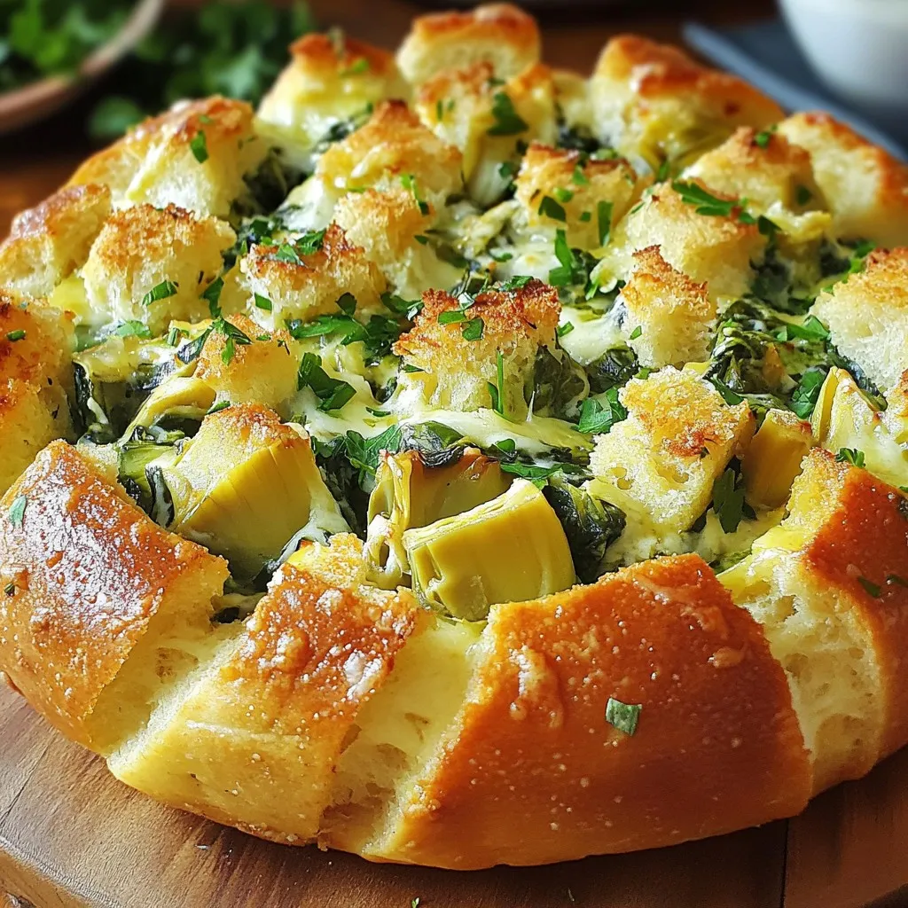 - Großer runder Brotlaib (Sauerteig oder Ciabatta) - Frischer Spinat und eingelegte Artischockenherzen - Frischkäse, griechischer Joghurt, Mozzarella- und Parmesan-Käse Für das Spinach Artichoke Stuffed Bread brauche ich einen großen runden Brotlaib. Sauerteig oder Ciabatta sind perfekt. Diese Brotsorten haben die richtige Textur. Ich mag frischen Spinat und eingelegte Artischockenherzen. Sie geben dem Brot einen leckeren Geschmack. Frischkäse macht die Füllung cremig. Griechischer Joghurt sorgt für eine leichte Note. Mozzarella und Parmesan bringen den Käsegeschmack, den wir lieben. - Knoblauch, Zitronensaft, Olivenöl - Salz, Pfeffer und frische Petersilie zum Garnieren Ich füge Knoblauch hinzu, um dem Brot einen würzigen Kick zu geben. Ein Spritzer Zitronensaft macht alles frisch. Olivenöl gibt Geschmack und hilft beim Backen. Ich verwende Salz und Pfeffer, um alles abzurunden. Frische Petersilie ist ein schöner Farbklecks zum Garnieren. Sie macht das Gericht einladend. Wenn ich die Füllung zubereite, achte ich darauf, dass alle Zutaten gut gemischt sind. {{ingredient_image_2}} - Heize den Ofen auf 175 °C vor. - Schneide den oberen Teil des Brotlaibs ab und höhle das Innere aus. Lass einen dicken Rand stehen, um die Füllung zu halten. - Vermenge frischen Spinat, Artischocken, Frischkäse und Joghurt in einer großen Schüssel. - Füge geriebenen Mozzarella, Parmesan, gehackten Knoblauch, Zitronensaft, Salz und Pfeffer hinzu. - Rühre alles gut durch, bis die Mischung gleichmäßig und cremig ist. - Träufle etwas Olivenöl ins Innere des ausgehöhlten Brotes. Dies gibt Geschmack und hilft, es knusprig zu machen. - Fülle das Brot mit der Spinat-Artischocken-Mischung. Drücke die Füllung fest, damit sie gut sitzt. - Backe das gefüllte Brot im vorgeheizten Ofen für 25-30 Minuten. Es sollte goldbraun und die Füllung sprudelnd sein. - Wie man das Brot perfekt aushöhlt: Beginne mit einem großen runden Brotlaib. Schneide den oberen Teil ab. Sehe zu, dass du einen dicken Rand lässt. Das verhindert, dass die Füllung ausläuft. Verwende einen kleinen Löffel oder ein Messer, um das Innere vorsichtig zu entfernen. So bleibt die Struktur des Brotes stabil. - Richtiges Backen für goldbraunes Ergebnis: Heize den Ofen auf 175 °C vor. Das sorgt für ein gleichmäßiges Backen. Lege das gefüllte Brot auf ein Backblech. Backe es für 25 bis 30 Minuten. Achte darauf, dass die Füllung heiß und sprudelnd ist. Das Brot sollte goldbraun sein. Ein schöner Farbton zeigt, dass es perfekt gebacken ist. - Was passt als Dip oder Beilage?: Serviere das gefüllte Brot mit einer kleinen Schale Marinara-Sauce. Diese Sauce bringt einen tollen Geschmack. Du kannst auch griechischen Joghurt als Dip verwenden. Beide Optionen ergänzen die Füllung gut. - Anrichten für eine ansprechende Präsentation: Lege das gefüllte Brot auf einen schönen Teller. Verteile die Brotstückchen rund um das Hauptgericht. Das sieht appetitlich aus. Garniere das Brot mit frischer, gehackter Petersilie. So wird das Gericht nicht nur lecker, sondern auch schön anzusehen. Pro Tipps Frischkäse temperieren: Stellen Sie sicher, dass der Frischkäse zimmerwarm ist, damit er sich besser mit den anderen Zutaten vermischt und eine cremige Füllung ergibt. Brotauswahl: Verwenden Sie ein Brot mit einer dicken Kruste, um sicherzustellen, dass es die Füllung gut halten kann und nicht durchweicht. Würzen: Probieren Sie die Füllung vor dem Füllen des Brotes und passen Sie die Gewürze nach Geschmack an, um das beste Aroma zu erzielen. Serviervorschlag: Servieren Sie das gefüllte Brot mit verschiedenen Dips wie Hummus oder einer würzigen Salsa, um zusätzliche Geschmackseinheiten zu bieten. {{image_4}} Für eine abwechslungsreiche Füllung kannst du andere Gemüse verwenden. Paprika bringt eine süße Note und Zucchini fügt eine feine Textur hinzu. Du kannst die Gemüse einfach klein schneiden und mit der Spinat-Artischocken-Mischung vermengen. Wenn du eine vegane Option suchst, sind pflanzliche Käsealternativen ideal. Diese sind oft aus Nüssen oder Soja. Sie schmelzen gut und passen perfekt zur Füllung. So bleibt der Geschmack und die Konsistenz erhalten. Um den Geschmack zu verstärken, füge Gewürze hinzu. Chili gibt eine angenehme Schärfe, während italienische Kräuter wie Oregano und Basilikum Frische bringen. Experimentiere damit, um die perfekte Mischung zu finden. Verschiedene Käsesorten können die Füllung noch leckerer machen. Probiere Cheddar oder Gouda für einen kräftigen Geschmack. Du kannst auch einen Teil des Mozzarellas ersetzen, um neue Aromen zu entdecken. So wird dein gefülltes Brot immer wieder zum neuen Erlebnis. Um Reste von Spinat-Artischocken gefülltem Brot richtig zu lagern, folge diesen Tipps: - Kühlschranklagerung: Wickel das Brot in Frischhaltefolie oder lege es in einen luftdichten Behälter. So bleibt es frisch. Du kannst es bis zu drei Tage im Kühlschrank aufbewahren. - Einfrieren: Wenn du das Brot länger aufbewahren möchtest, friere es ein. Schneide das gefüllte Brot in Portionen. Wickel jede Portion in Frischhaltefolie, dann in Alufolie. So bleibt der Geschmack erhalten. Du kannst es bis zu drei Monate einfrieren. Wenn du die Füllung aufwärmen möchtest, gibt es einfache Methoden: - Mikrowelle: Gib die Füllung in eine mikrowellengeeignete Schüssel. Erhitze sie in kurzen Intervallen von 30 Sekunden. Rühre zwischendurch um, damit sie gleichmäßig warm wird. - Ofen: Heize den Ofen auf 175 °C vor. Lege die Füllung in eine Auflaufform und decke sie mit Folie ab. Backe sie etwa 15 Minuten lang, bis sie heiß ist. Für übrig gebliebenes Brot gibt es auch tolle Ideen: - Brotwürfel: Verwende die restlichen Brotstücke als Croutons. Röste sie mit etwas Olivenöl und Gewürzen im Ofen. - Brotpudding: Mache einen süßen oder herzhaften Brotpudding mit den Brotstücken. Das ist eine kreative und leckere Verwertung. Ja, du kannst das Brot im Voraus zubereiten. Fülle das Brot einfach und decke es ab. Lagere es im Kühlschrank für bis zu 24 Stunden. Am Backtag kannst du das Brot direkt aus dem Kühlschrank in den Ofen schieben. Achte darauf, die Backzeit eventuell um ein paar Minuten zu verlängern. So bleibt die Füllung frisch und lecker. Das gefüllte Brot hält sich im Kühlschrank etwa drei Tage. Achte darauf, es in einem luftdichten Behälter zu lagern. So bleibt das Brot weich und die Füllung frisch. Wenn du Reste hast, kannst du sie auch aufwärmen. Das bringt den Geschmack zurück, und du kannst das Brot wieder genießen. Ja, du kannst verschiedene Zutaten verwenden. Statt Frischkäse kannst du auch veganen Frischkäse nutzen. Für einen leichteren Geschmack kannst du griechischen Joghurt durch Sauerrahm ersetzen. Wenn du keinen Mozzarella hast, probiere Cheddar oder Gouda. Diese Änderungen wirken sich auf den Geschmack aus, machen das Brot aber ebenso lecker. In diesem Blogbeitrag haben wir die Zutaten, Zubereitung und Lagerung eines gefüllten Brotes behandelt. Wir haben einen runden Brotlaib gewählt und ihn mit Spinat, Artischocken und Käse gefüllt. Tipps zur perfekten Zubereitung und Variationen standen ebenfalls im Fokus. Letztlich ist gefülltes Brot eine kreative, leckere Option für jede Gelegenheit. Experimentiere mit deinen Lieblingszutaten und genieße die Vielfalt. Mach es zu deinem eigenen Rezept!