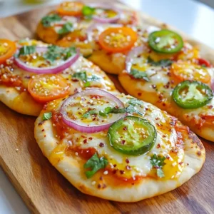 Für die Spicy Garlic Naan Pizza brauchst du nur einige einfache Zutaten. Hier sind die Hauptzutaten, die du benötigst: - 4 Stück Knoblauch-Naan - 1 Tasse Marinara-Sauce - 1 ½ Tassen geriebener Mozzarella-Käse - 1 kleine rote Zwiebel, dünn geschnitten - 1 Jalapeño, in Scheiben geschnitten (nach Vorliebe anpassen) - 1 Tasse Cherrytomaten, halbiert Diese Zutaten sorgen für einen tollen Geschmack und eine köstliche Textur. Gewürze und Öle sind der Schlüssel zu einem guten Geschmack. Hier sind die wichtigen Gewürze und Öle, die du brauchst: - 1 Teelöffel rote Paprikaflocken - 3 Esslöffel Olivenöl - Salz und Pfeffer nach Geschmack Das Olivenöl macht die Naan knusprig und lecker. Die Paprikaflocken bringen die Schärfe, die du magst. Die Toppings machen deine Pizza einzigartig. Hier sind einige Ideen, die du ausprobieren kannst: - Frischer Koriander, gehackt - Zusätzliche Chilis für mehr Schärfe - Oliven oder Peperoni für zusätzlichen Geschmack Du kannst kreativ sein und die Toppings nach deinem Geschmack anpassen. {{ingredient_image_2}} Heize deinen Ofen auf 230°C vor. Das sorgt dafür, dass deine Naan-Pizza schön knusprig wird. Lege die Knoblauch-Naan auf ein Backblech. Bestreiche sie großzügig mit Olivenöl. Achte darauf, beide Seiten gut zu ölen. Das Öl gibt der Pizza mehr Geschmack. Verteile eine dünne Schicht Marinara-Sauce gleichmäßig auf jedem Naan. Lass dabei einen kleinen Rand frei. Dieser Rand wird knusprig und lecker. Streue dann den geriebenen Mozzarella-Käse gleichmäßig auf die Sauce. Achte darauf, dass der Käse alle Ecken bedeckt. Jetzt kannst du die geschnittene rote Zwiebel, Jalapeño und halbierten Cherrytomaten gleichmäßig darauf verteilen. Magst du es schärfer? Dann füge mehr Jalapeño hinzu. Streue die roten Paprikaflocken darüber. Diese bringen die Würze in dein Gericht. Vergiss nicht, mit Salz und Pfeffer zu würzen. Das hebt die Aromen hervor und macht die Pizza noch besser. Jetzt ist es Zeit, das Backblech in den vorgeheizten Ofen zu stellen. Backe die Pizza für 8 bis 10 Minuten. Der Käse sollte geschmolzen und sprudelnd sein. Die Ränder des Naans sollten knusprig aussehen. Nimm die Pizza aus dem Ofen und bestreue sie mit frischem Koriander. Das gibt einen frischen Geschmack. Schneide die Pizza in Stücke und serviere sie heiß. Um den Naan-Pizza-Boden perfekt zuzubereiten, folge diesen Tipps: - Wähle frisches Naan: Frisches Naan hat die beste Textur. Es bleibt weich und knusprig zugleich. - Öl gleichmäßig auftragen: Bestreiche das Naan mit Olivenöl. Das verbessert den Geschmack und hilft beim Bräunen. - Backblech vorheizen: Heize dein Backblech im Ofen vor. So wird der Boden schön knusprig. - Nicht zu viel Sauce: Verwende eine dünne Schicht Marinara-Sauce. Zu viel Sauce kann das Naan durchweichen. Du kannst das Rezept leicht anpassen, um neue Geschmäcker zu entdecken: - Füge Käse hinzu: Probiere Feta oder Ziegenkäse. Diese Käsearten geben einen tollen, salzigen Geschmack. - Gemüsevariationen: Experimentiere mit Paprika, Spinat oder Oliven. Sie bringen mehr Frische und Farbe. - Kräuter und Gewürze: Füge frischen Oregano oder Basilikum hinzu. Diese Kräuter bringen einen neuen Twist. Um das Gericht abzurunden, serviere es mit leckeren Beilagen: - Joghurt-Dip: Mische Joghurt mit Knoblauch und Minze. Das ist frisch und kühlend. - Salsa oder Pico de Gallo: Diese frischen Salsas sind perfekt für einen scharfen Kick. - Salat: Ein einfacher grüner Salat passt gut dazu und sorgt für eine gesunde Note. Mit diesen Tipps und Tricks machst du deine Spicy Garlic Naan Pizza noch köstlicher! Pro Tipps Frische Kräuter: Füge vor dem Servieren frische Kräuter wie Basilikum oder Petersilie hinzu, um der Pizza zusätzlichen Geschmack und Farbe zu verleihen. Variationen: Experimentiere mit verschiedenen Käsesorten wie Feta oder Cheddar, um deine eigene Geschmacksnote zu kreieren. Beilage: Serviere die Naan-Pizza mit einem frischen Salat oder einer Joghurtsauce für einen ausgewogenen Genuss. Aufbewahrung: Wenn du Reste hast, bewahre sie in einem luftdichten Behälter im Kühlschrank auf und erwärme sie im Ofen für die besten Ergebnisse. {{image_4}} Wenn du eine vegetarische Naan-Pizza willst, sind die Möglichkeiten groß. Du kannst einfach die Jalapeños weglassen oder sie durch süße Paprika ersetzen. Füge mehr Gemüse hinzu, wie Zucchini oder Spinat. Diese Zutaten bringen frische Aromen und tolle Farben auf die Pizza. Du kannst auch Feta oder Ziegenkäse für einen cremigen Geschmack verwenden. Diese Käsesorten passen gut zu den anderen Zutaten. Für Fleischliebhaber gibt es viele tolle Ideen. Probiere, etwas Hähnchen oder Rindfleisch hinzuzufügen. Marinierte Hähnchenstücke sind eine gute Wahl. Du kannst auch Salami oder Schinken verwenden, um die Pizza herzhaft zu machen. Denke daran, das Fleisch vorher anzubraten. Das sorgt für tollen Geschmack und eine schöne Textur. Achte darauf, die Menge nicht zu übertreiben, damit die Pizza nicht zu schwer wird. Wenn du glutenfrei essen möchtest, gibt es Alternativen. Du kannst glutenfreies Naan kaufen oder selbst machen. Viele Rezepte nutzen Mandelmehl oder Reismehl. Diese Optionen sind leicht und lecker. Achte beim Kauf von Zutaten immer auf die glutenfreie Kennzeichnung. So kannst du sicherstellen, dass deine Naan-Pizza gut für dich ist. Die Beläge bleiben gleich und machen die Pizza genauso schmackhaft. Die Reste deiner Spicy Garlic Naan Pizza sind leicht zu lagern. Lass die Pizza zuerst auf Raumtemperatur abkühlen. Wickel sie dann in Frischhaltefolie oder lege sie in einen luftdichten Behälter. So bleiben die Aromen frisch. Du kannst die Reste bis zu drei Tage im Kühlschrank aufbewahren. Achte darauf, dass die Pizza nicht zu lange steht, damit sie ihren Geschmack behält. Um die Naan-Pizza wieder aufzuwärmen, gibt es ein paar Optionen. Die beste Methode ist, den Ofen auf 350°F (175°C) vorzuheizen. Lege die Pizza auf ein Backblech und backe sie für etwa 5-7 Minuten. So bleibt der Boden knusprig und der Käse schmilzt wieder. Alternativ kannst du die Pizza in einer Pfanne bei mittlerer Hitze aufwärmen. Decke die Pfanne ab, um die Wärme zu halten. Dies dauert etwa 4-5 Minuten. Wenn du die Naan-Pizza länger aufbewahren willst, friere sie ein. Wickel die Pizza gut in Frischhaltefolie. Lege sie dann in einen Gefrierbeutel und beschrifte ihn mit dem Datum. So bleibt die Pizza bis zu drei Monate frisch. Wenn du bereit bist, sie zu essen, taue sie im Kühlschrank auf und wärme sie dann wie oben beschrieben auf. So hast du jederzeit einen schnellen Snack oder eine Mahlzeit zur Hand. Die Zubereitung einer Spicy Garlic Naan Pizza dauert insgesamt nur 20 Minuten. Die Vorbereitungszeit beträgt etwa 10 Minuten. Dann backen wir die Pizza für 8 bis 10 Minuten im Ofen. So schnell kannst du ein leckeres Gericht zaubern! Ja, du kannst das Rezept ganz nach deinem Geschmack anpassen. Du kannst verschiedene Käsesorten verwenden, wie Cheddar oder Gouda. Auch die Toppings sind flexibel. Füge mehr Gemüse hinzu oder tausche Jalapeños gegen andere Paprika aus. Lass deiner Kreativität freien Lauf! Um die Schärfe zu steuern, passe die Menge der Jalapeños an. Mehr Scheiben bringen mehr Hitze. Du kannst auch die roten Paprikaflocken reduzieren oder ganz weglassen. Wenn du es milder magst, verwende süße Paprika oder Zucchini als Topping. So findest du die perfekte Balance für deinen Geschmack! Naan-Pizza ist einfach und lecker. Wir haben die Zutaten, die Schritte und die besten Tipps besprochen. Du kannst mit verschiedenen Belägen und Geschmäckern experimentieren. Achte auf die Lagerung, um Reste frisch zu halten. Denke daran, dass du das Rezept jederzeit anpassen kannst. Probier die Variationen und finde deine Lieblingsversion. Genieß die Zubereitung und den Geschmack. Naan-Pizza bringt Freude an den Tisch. Mach dir das nächste Essen besonders!