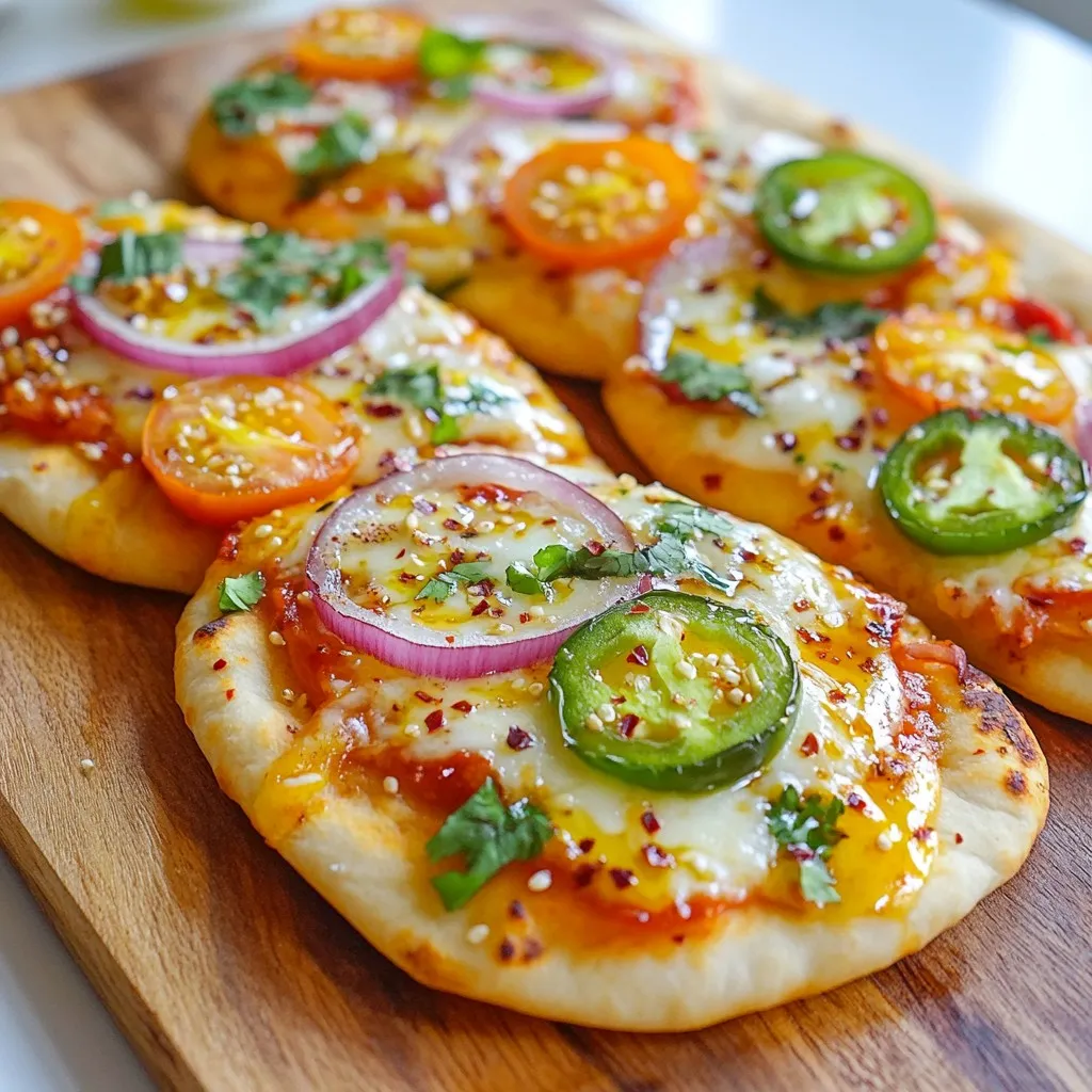 Für die Spicy Garlic Naan Pizza brauchst du nur einige einfache Zutaten. Hier sind die Hauptzutaten, die du benötigst: - 4 Stück Knoblauch-Naan - 1 Tasse Marinara-Sauce - 1 ½ Tassen geriebener Mozzarella-Käse - 1 kleine rote Zwiebel, dünn geschnitten - 1 Jalapeño, in Scheiben geschnitten (nach Vorliebe anpassen) - 1 Tasse Cherrytomaten, halbiert Diese Zutaten sorgen für einen tollen Geschmack und eine köstliche Textur. Gewürze und Öle sind der Schlüssel zu einem guten Geschmack. Hier sind die wichtigen Gewürze und Öle, die du brauchst: - 1 Teelöffel rote Paprikaflocken - 3 Esslöffel Olivenöl - Salz und Pfeffer nach Geschmack Das Olivenöl macht die Naan knusprig und lecker. Die Paprikaflocken bringen die Schärfe, die du magst. Die Toppings machen deine Pizza einzigartig. Hier sind einige Ideen, die du ausprobieren kannst: - Frischer Koriander, gehackt - Zusätzliche Chilis für mehr Schärfe - Oliven oder Peperoni für zusätzlichen Geschmack Du kannst kreativ sein und die Toppings nach deinem Geschmack anpassen. {{ingredient_image_2}} Heize deinen Ofen auf 230°C vor. Das sorgt dafür, dass deine Naan-Pizza schön knusprig wird. Lege die Knoblauch-Naan auf ein Backblech. Bestreiche sie großzügig mit Olivenöl. Achte darauf, beide Seiten gut zu ölen. Das Öl gibt der Pizza mehr Geschmack. Verteile eine dünne Schicht Marinara-Sauce gleichmäßig auf jedem Naan. Lass dabei einen kleinen Rand frei. Dieser Rand wird knusprig und lecker. Streue dann den geriebenen Mozzarella-Käse gleichmäßig auf die Sauce. Achte darauf, dass der Käse alle Ecken bedeckt. Jetzt kannst du die geschnittene rote Zwiebel, Jalapeño und halbierten Cherrytomaten gleichmäßig darauf verteilen. Magst du es schärfer? Dann füge mehr Jalapeño hinzu. Streue die roten Paprikaflocken darüber. Diese bringen die Würze in dein Gericht. Vergiss nicht, mit Salz und Pfeffer zu würzen. Das hebt die Aromen hervor und macht die Pizza noch besser. Jetzt ist es Zeit, das Backblech in den vorgeheizten Ofen zu stellen. Backe die Pizza für 8 bis 10 Minuten. Der Käse sollte geschmolzen und sprudelnd sein. Die Ränder des Naans sollten knusprig aussehen. Nimm die Pizza aus dem Ofen und bestreue sie mit frischem Koriander. Das gibt einen frischen Geschmack. Schneide die Pizza in Stücke und serviere sie heiß. Um den Naan-Pizza-Boden perfekt zuzubereiten, folge diesen Tipps: - Wähle frisches Naan: Frisches Naan hat die beste Textur. Es bleibt weich und knusprig zugleich. - Öl gleichmäßig auftragen: Bestreiche das Naan mit Olivenöl. Das verbessert den Geschmack und hilft beim Bräunen. - Backblech vorheizen: Heize dein Backblech im Ofen vor. So wird der Boden schön knusprig. - Nicht zu viel Sauce: Verwende eine dünne Schicht Marinara-Sauce. Zu viel Sauce kann das Naan durchweichen. Du kannst das Rezept leicht anpassen, um neue Geschmäcker zu entdecken: - Füge Käse hinzu: Probiere Feta oder Ziegenkäse. Diese Käsearten geben einen tollen, salzigen Geschmack. - Gemüsevariationen: Experimentiere mit Paprika, Spinat oder Oliven. Sie bringen mehr Frische und Farbe. - Kräuter und Gewürze: Füge frischen Oregano oder Basilikum hinzu. Diese Kräuter bringen einen neuen Twist. Um das Gericht abzurunden, serviere es mit leckeren Beilagen: - Joghurt-Dip: Mische Joghurt mit Knoblauch und Minze. Das ist frisch und kühlend. - Salsa oder Pico de Gallo: Diese frischen Salsas sind perfekt für einen scharfen Kick. - Salat: Ein einfacher grüner Salat passt gut dazu und sorgt für eine gesunde Note. Mit diesen Tipps und Tricks machst du deine Spicy Garlic Naan Pizza noch köstlicher! Pro Tipps Frische Kräuter: Füge vor dem Servieren frische Kräuter wie Basilikum oder Petersilie hinzu, um der Pizza zusätzlichen Geschmack und Farbe zu verleihen. Variationen: Experimentiere mit verschiedenen Käsesorten wie Feta oder Cheddar, um deine eigene Geschmacksnote zu kreieren. Beilage: Serviere die Naan-Pizza mit einem frischen Salat oder einer Joghurtsauce für einen ausgewogenen Genuss. Aufbewahrung: Wenn du Reste hast, bewahre sie in einem luftdichten Behälter im Kühlschrank auf und erwärme sie im Ofen für die besten Ergebnisse. {{image_4}} Wenn du eine vegetarische Naan-Pizza willst, sind die Möglichkeiten groß. Du kannst einfach die Jalapeños weglassen oder sie durch süße Paprika ersetzen. Füge mehr Gemüse hinzu, wie Zucchini oder Spinat. Diese Zutaten bringen frische Aromen und tolle Farben auf die Pizza. Du kannst auch Feta oder Ziegenkäse für einen cremigen Geschmack verwenden. Diese Käsesorten passen gut zu den anderen Zutaten. Für Fleischliebhaber gibt es viele tolle Ideen. Probiere, etwas Hähnchen oder Rindfleisch hinzuzufügen. Marinierte Hähnchenstücke sind eine gute Wahl. Du kannst auch Salami oder Schinken verwenden, um die Pizza herzhaft zu machen. Denke daran, das Fleisch vorher anzubraten. Das sorgt für tollen Geschmack und eine schöne Textur. Achte darauf, die Menge nicht zu übertreiben, damit die Pizza nicht zu schwer wird. Wenn du glutenfrei essen möchtest, gibt es Alternativen. Du kannst glutenfreies Naan kaufen oder selbst machen. Viele Rezepte nutzen Mandelmehl oder Reismehl. Diese Optionen sind leicht und lecker. Achte beim Kauf von Zutaten immer auf die glutenfreie Kennzeichnung. So kannst du sicherstellen, dass deine Naan-Pizza gut für dich ist. Die Beläge bleiben gleich und machen die Pizza genauso schmackhaft. Die Reste deiner Spicy Garlic Naan Pizza sind leicht zu lagern. Lass die Pizza zuerst auf Raumtemperatur abkühlen. Wickel sie dann in Frischhaltefolie oder lege sie in einen luftdichten Behälter. So bleiben die Aromen frisch. Du kannst die Reste bis zu drei Tage im Kühlschrank aufbewahren. Achte darauf, dass die Pizza nicht zu lange steht, damit sie ihren Geschmack behält. Um die Naan-Pizza wieder aufzuwärmen, gibt es ein paar Optionen. Die beste Methode ist, den Ofen auf 350°F (175°C) vorzuheizen. Lege die Pizza auf ein Backblech und backe sie für etwa 5-7 Minuten. So bleibt der Boden knusprig und der Käse schmilzt wieder. Alternativ kannst du die Pizza in einer Pfanne bei mittlerer Hitze aufwärmen. Decke die Pfanne ab, um die Wärme zu halten. Dies dauert etwa 4-5 Minuten. Wenn du die Naan-Pizza länger aufbewahren willst, friere sie ein. Wickel die Pizza gut in Frischhaltefolie. Lege sie dann in einen Gefrierbeutel und beschrifte ihn mit dem Datum. So bleibt die Pizza bis zu drei Monate frisch. Wenn du bereit bist, sie zu essen, taue sie im Kühlschrank auf und wärme sie dann wie oben beschrieben auf. So hast du jederzeit einen schnellen Snack oder eine Mahlzeit zur Hand. Die Zubereitung einer Spicy Garlic Naan Pizza dauert insgesamt nur 20 Minuten. Die Vorbereitungszeit beträgt etwa 10 Minuten. Dann backen wir die Pizza für 8 bis 10 Minuten im Ofen. So schnell kannst du ein leckeres Gericht zaubern! Ja, du kannst das Rezept ganz nach deinem Geschmack anpassen. Du kannst verschiedene Käsesorten verwenden, wie Cheddar oder Gouda. Auch die Toppings sind flexibel. Füge mehr Gemüse hinzu oder tausche Jalapeños gegen andere Paprika aus. Lass deiner Kreativität freien Lauf! Um die Schärfe zu steuern, passe die Menge der Jalapeños an. Mehr Scheiben bringen mehr Hitze. Du kannst auch die roten Paprikaflocken reduzieren oder ganz weglassen. Wenn du es milder magst, verwende süße Paprika oder Zucchini als Topping. So findest du die perfekte Balance für deinen Geschmack! Naan-Pizza ist einfach und lecker. Wir haben die Zutaten, die Schritte und die besten Tipps besprochen. Du kannst mit verschiedenen Belägen und Geschmäckern experimentieren. Achte auf die Lagerung, um Reste frisch zu halten. Denke daran, dass du das Rezept jederzeit anpassen kannst. Probier die Variationen und finde deine Lieblingsversion. Genieß die Zubereitung und den Geschmack. Naan-Pizza bringt Freude an den Tisch. Mach dir das nächste Essen besonders!