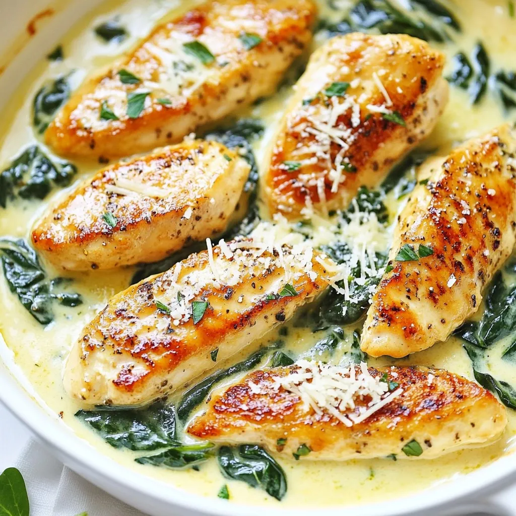 - 2 Hähnchenbrustfilets, ohne Haut und Knochen - 4 Tassen frischer Spinat - 1 Tasse Schlagsahne - Salz und Pfeffer, nach Geschmack - 2 Esslöffel Olivenöl - 1 Teelöffel getrocknete italienische Kräuter - 3 Knoblauchzehen, fein gehackt - 1 Zwiebel, fein gehackt - Optional: Rote Pfefferflocken für eine pikante Note Die Hauptzutaten sind einfach zu finden. Hähnchenbrustfilets sind mager und lecker. Frischer Spinat bringt Farbe und Nährstoffe. Die Schlagsahne macht die Sauce cremig und reichhaltig. Für die Gewürze verwenden wir Salz und Pfeffer. Das gibt dem Gericht den nötigen Geschmack. Olivenöl sorgt beim Braten für eine schöne Bräunung. Die italienischen Kräuter bringen eine köstliche Note. Aromatische Zutaten wie Knoblauch und Zwiebel machen das Gericht besonders. Sie geben ein tolles Aroma ab. Wenn du es scharf magst, füge rote Pfefferflocken hinzu. Sie bringen einen kleinen Kick in die cremige Sauce. Die richtige Kombination dieser Zutaten macht deine cremige Hähnchen- und Spinatpfanne zu einem Hit. Wenn du diese Zutaten bereit hast, kannst du gleich loslegen! {{ingredient_image_2}} Zuerst würzen Sie die Hähnchenbrustfilets mit Salz und Pfeffer. Dies bringt den Geschmack hervor. Erhitzen Sie dann das Olivenöl in einer großen Pfanne. Legen Sie die Hähnchenbrustfilets in die Pfanne und braten Sie sie. Warten Sie etwa 6-7 Minuten, bis sie goldbraun sind. Drehen Sie die Hähnchenstücke um und braten Sie die andere Seite. Wenn sie fertig sind, nehmen Sie das Hähnchen aus der Pfanne und stellen es beiseite. Nun kommt der aromatische Teil. Fügen Sie die gehackte Zwiebel und den Knoblauch in die gleiche Pfanne. Braten Sie alles für etwa 2-3 Minuten an. Die Zwiebeln sollten glasig werden und der Duft wird köstlich sein. Achten Sie darauf, die Hitze nicht zu hoch einzustellen, damit nichts anbrennt. Jetzt wird es richtig cremig! Fügen Sie den frischen Spinat nach und nach in die Pfanne hinzu. Rühren Sie um, bis der Spinat zusammenfällt. Das dauert etwa 2 Minuten. Reduzieren Sie dann die Hitze. Gießen Sie die Schlagsahne in die Pfanne und rühren Sie den Parmesan ein. Lassen Sie alles sanft köcheln, bis die Sauce leicht dick wird. Schneiden Sie das gebratene Hähnchen in Streifen. Geben Sie die Hähnchenstücke zurück in die Pfanne mit der Sauce. Wenden Sie das Hähnchen gut, damit es mit der cremigen Sauce bedeckt ist. Zum Schluss drücken Sie frischen Zitronensaft darüber. Würzen Sie nach Geschmack mit Salz, Pfeffer und optional roten Pfefferflocken für etwas Schärfe. Um saftige Hähnchenbrust zu erhalten, würzen Sie das Fleisch gut mit Salz und Pfeffer. Das sorgt für Geschmack von Anfang an. Braten Sie die Hähnchenbrustfilets in heißem Olivenöl. Achten Sie darauf, dass die Pfanne heiß genug ist, aber nicht raucht. Braten Sie die Hähnchenbrust etwa 6-7 Minuten auf jeder Seite. Die Hitze sollte nicht zu hoch sein, um ein Austrocknen zu vermeiden. Prüfen Sie die Temperatur mit einem Fleischthermometer. 75 Grad Celsius zeigen an, dass das Hähnchen durch ist. Um die Cremesauce zu verbessern, können Sie verschiedene Käsesorten ausprobieren. Neben Parmesan passt auch Gouda oder Mozzarella gut. Diese Käsesorten geben eine andere Note und Textur. Frische Kräuter bringen zusätzlichen Geschmack. Basilikum oder Petersilie sind tolle Optionen. Fügen Sie die Kräuter kurz vor dem Servieren hinzu, um ihre Frische zu bewahren. Zu dieser cremigen Hähnchen- und Spinatpfanne passen viele Beilagen. Reis oder Pasta sind tolle Optionen. Sie nehmen die Sauce gut auf. Auch ein Stück knuspriges Brot ist ideal, um die Reste der Sauce aufzutunken. Für Getränke empfehle ich einen leichten Weißwein oder Sprudelwasser mit Zitrone. Für die Präsentation, servieren Sie das Gericht direkt in der Pfanne. Das sieht rustikal und einladend aus. Garnieren Sie mit zusätzlichem Parmesan und frischen Kräutern für den perfekten Look. Pro Tipps Hähnchen marinieren: Lassen Sie die Hähnchenbrustfilets vor dem Braten mindestens 30 Minuten in einer Mischung aus Olivenöl, Zitronensaft und Kräutern marinieren, um zusätzliche Aromen und Zartheit zu erzielen. Frischheit des Spinats: Verwenden Sie frischen Spinat anstelle von gefrorenem, da dieser mehr Geschmack und Nährstoffe bietet. Achten Sie darauf, den Spinat gründlich zu waschen und die dicken Stiele zu entfernen. Parmesan richtig schmelzen: Fügen Sie den geriebenen Parmesan in kleinen Mengen zur Sauce hinzu und rühren Sie ständig um, damit er gleichmäßig schmilzt und eine glatte Textur entsteht. Würzen vor dem Servieren: Schmecken Sie die Sauce vor dem Servieren ab und passen Sie die Gewürze nach Geschmack an. Ein Spritzer frischer Zitronensaft kann die Aromen erheblich aufwerten. {{image_4}} Eine tolle Option ist, frischen Rucola oder Mangold zu verwenden. Diese Gemüse bringen einen frischen, pfeffrigen Geschmack. Rucola passt gut zur cremigen Sauce und verleiht dem Gericht mehr Textur. Mangold hat eine leicht süßliche Note. Beide Gemüsesorten sind voller Nährstoffe und machen die Pfanne bunter. Statt Hähnchen kannst du auch Putenbrust oder Tofu verwenden. Putenbrust hat einen ähnlichen Geschmack und ist magerer. Tofu ist eine gute Wahl für Veganer oder Vegetarier. Es nimmt die Aromen der Sauce gut auf und sorgt für eine cremige Konsistenz. Schneide den Tofu in Würfel und brate ihn kurz an, bevor du ihn in die Sauce gibst. Für eine Low-Carb Variante kannst du Zoodles oder Blumenkohlreis servieren. Zoodles sind eine großartige Alternative zu Nudeln. Sie sind einfach zu machen und leicht. Blumenkohlreis ist eine weitere gesunde Wahl. Er bietet die perfekte Basis für die cremige Hähnchen- und Spinatpfanne. Beide Optionen reduzieren die Kohlenhydrate, ohne den Geschmack zu verlieren. Um die Cremige Hähnchen- und Spinatpfanne frisch zu halten, nutzen Sie einen luftdichten Behälter. Ein Glas- oder Kunststoffbehälter mit gut schließendem Deckel ist ideal. Lassen Sie das Gericht vor dem Verstauen auf Raumtemperatur abkühlen. So vermeiden Sie Kondensation, die die Textur beeinträchtigen kann. Die Reste halten sich im Kühlschrank bis zu drei Tage. Wenn Sie die Cremesauce einfrieren möchten, lassen Sie sie zuerst vollständig abkühlen. Verwenden Sie gefriergeeignete Behälter oder spezielle Gefrierbeutel. Achten Sie darauf, die Luft so gut wie möglich herauszudrücken. So bleibt die Sauce frisch. Zum Auftauen legen Sie die Sauce über Nacht in den Kühlschrank. Nach dem Auftauen können Sie die Sauce in einem Topf langsam erhitzen. Rühren Sie gut um, damit sie gleichmäßig warm wird. Wenn die Sauce zu dick ist, fügen Sie einen Spritzer Milch oder Brühe hinzu. So bleibt der cremige Geschmack erhalten. Die Zubereitung dieser cremigen Hähnchen- und Spinatpfanne ist schnell. Die gesamte Zeit beträgt etwa 30 Minuten. Davon sind 10 Minuten für die Vorbereitung und 20 Minuten fürs Kochen. So können Sie ein leckeres Gericht in kurzer Zeit genießen. Ja, Sie können gefrorenen Spinat verwenden. Das hat Vor- und Nachteile. Gefrorener Spinat ist oft günstiger und länger haltbar. Er hat jedoch weniger Textur. Frischer Spinat bringt einen knackigen Biss. Wenn Sie gefrorenen Spinat nutzen, tauen Sie ihn vorher auf und drücken Sie überschüssiges Wasser aus. So bleibt die Sauce nicht wässrig. Ja, dieses Rezept ist glutenfrei. Alle Zutaten sind sicher für glutenfreie Ernährung. Achten Sie darauf, dass die Schlagsahne und der Parmesan keine Zusatzstoffe mit Gluten enthalten. Wenn Sie auf Nummer sicher gehen wollen, wählen Sie Produkte mit einem glutenfreien Etikett. So können Sie die Cremige Hähnchen- und Spinatpfanne ohne Sorgen genießen. Diese Anleitung zu einem cremigen Hähnchen-Gericht fasst alle wichtigen Schritte zusammen. Du hast gelernt, wie man Hähnchen brät, aromatische Zutaten anbrät und eine leckere Sauce zubereitet. Denk auch an die Tipps für die perfekte Zubereitung. Variationen und Lagerungshinweise geben dir noch mehr Möglichkeiten. Dieses Rezept ist einfach und vielseitig. Versuch es und bring frischen Geschmack in deine Küche. Viel Spaß beim Kochen!