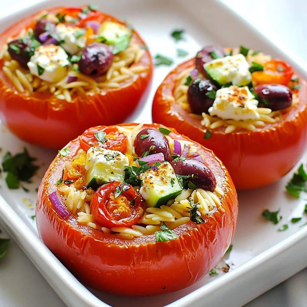 Um köstliche mediterrane Orzo gefüllte Tomaten zu machen, brauchst du folgende Hauptzutaten: - 4 große reife Tomaten - 1 Tasse Orzo-Nudeln - 1/2 Tasse Feta-Käse, zerbröselt - 1/4 Tasse Kalamata-Oliven, grob gehackt - 1/2 Tasse Gurke, gewürfelt - 1/4 Tasse rote Zwiebel, fein gehackt - 2 Knoblauchzehen, fein gehackt - 2 Esslöffel Olivenöl - 1 Esslöffel Zitronensaft - 1 Teelöffel getrockneter Oregano - Salz und Pfeffer nach Geschmack - Frische Petersilie zum Garnieren Du kannst auch einige optionale Zutaten hinzufügen, um den Geschmack zu variieren. Hier sind ein paar Ideen: - Gehackte Paprika für mehr Farbe - Frische Basilikumblätter für zusätzlichen Geschmack - Pinienkerne für eine knusprige Textur - Parmesan-Käse für einen anderen Käsegeschmack Diese gefüllten Tomaten sind nicht nur lecker, sondern auch nahrhaft. Hier sind einige Nährwertinformationen pro Portion: - Kalorien: Ca. 250 - Protein: Ca. 8g - Kohlenhydrate: Ca. 30g - Fett: Ca. 12g - Ballaststoffe: Ca. 3g Diese Nährwerte können je nach Zutaten und Portionen leicht variieren. {{ingredient_image_2}} Beginne mit der Vorbereitung. Nimm dir 15 Minuten Zeit. Heize deinen Ofen auf 190°C vor. So wird alles gleichmäßig gegart. Für die Tomaten schneide die Oberseite ab. Nimm einen Löffel und höhle jede Tomate aus. Achte darauf, die Schale nicht zu beschädigen. Die Innenteile kannst du für die Füllung verwenden. Hacke das Fruchtfleisch klein und lege es beiseite. Koche eine Tasse Orzo-Nudeln in gesalzenem Wasser. Halte dich an die Packungsanweisung. Nach etwa 8-10 Minuten sind sie al dente. Lass die Nudeln abtropfen und stelle sie beiseite. In einer großen Schüssel mische die gekochten Orzo mit dem gehackten Tomatenfruchtfleisch. Füge Feta-Käse, Kalamata-Oliven, Gurke, rote Zwiebel, und Knoblauch hinzu. Gebe Olivenöl, Zitronensaft, Oregano, Salz und Pfeffer dazu. Rühre alles gut durch, bis die Füllung gleichmäßig ist. Fülle jede ausgehöhlte Tomate vorsichtig mit der Orzo-Mischung. Drücke die Füllung leicht an, damit sie nicht herausfällt. Lege die gefüllten Tomaten in eine Auflaufform. Backe sie 20-25 Minuten lang, bis sie leicht goldbraun sind. Lass sie nach dem Backen ein paar Minuten abkühlen. Garnieren mit frischer Petersilie macht sie noch schöner. Ein häufiger Fehler ist, die Tomaten zu voll zu stopfen. Füllen Sie sie leicht, damit die Füllung beim Backen nicht herausquillt. Achten Sie auch darauf, die Orzo-Nudeln nicht zu lange zu kochen. Sie sollten al dente sein, da sie im Ofen weitergaren. Vergessen Sie nicht, die Tomaten vor dem Füllen gut auszuhöhlen. So bleibt mehr Platz für die leckere Mischung. Für eine tolle Füllung mischen Sie alle Zutaten gut. Achten Sie darauf, dass der Feta gut verteilt ist. Er sorgt für einen herzhaften Geschmack. Ich empfehle, frische Kräuter wie Basilikum oder Petersilie hinzuzufügen. Diese geben der Füllung eine frischere Note. Ein Spritzer Zitrone bringt auch eine schöne Säure in die Mischung. Wenn Sie mögen, können Sie auch etwas Chili hinzufügen, um es schärfer zu machen. Präsentation ist alles! Servieren Sie die gefüllten Tomaten auf einem bunten Teller. Beträufeln Sie sie mit etwas hochwertigem Olivenöl. Ein Hauch frischer Petersilie obendrauf macht das Gericht lebendiger. Sie können auch einige Oliven und Zitronenscheiben neben die Tomaten legen. So sieht das Gericht noch einladender aus. Pro Tipps Tomaten vorbereiten: Wählen Sie reife, aber feste Tomaten, damit sie beim Füllen und Backen nicht auseinanderfallen. Füllung anpassen: Variieren Sie die Füllung nach Ihrem Geschmack, fügen Sie zum Beispiel geröstete Pinienkerne oder frische Kräuter hinzu. Ofenüberwachung: Halten Sie während des Backens ein Auge auf die gefüllten Tomaten, um sicherzustellen, dass sie nicht zu weich werden. Serviervorschlag: Servieren Sie die gefüllten Tomaten warm, eventuell mit einem Joghurt-Dip oder einer frischen Vinaigrette für zusätzlichen Geschmack. {{image_4}} Wenn du eine vegetarische Variante der Orzo gefüllten Tomaten suchst, hast du viele Optionen. Du kannst den Feta-Käse durch einen veganen Käse ersetzen. Das gibt dir einen ähnlichen Geschmack ohne tierische Produkte. Zudem kannst du mehr Gemüse hinzufügen. Zucchini oder Paprika sind tolle Ergänzungen. Sie bringen mehr Farbe und Textur in das Gericht. Für eine glutenfreie Version verwende glutenfreie Orzo-Nudeln. Heutzutage gibt es verschiedene Marken, die diese anbieten. Achte darauf, dass die Zutatenliste nur glutenfreie Produkte enthält. Du kannst auch Quinoa verwenden. Quinoa ist nahrhaft und hat einen tollen Geschmack. Es ist eine großartige Alternative zu Orzo. Du kannst die Füllung nach deinem Geschmack anpassen. Füge geröstete Nüsse für mehr Crunch hinzu. Pinienkerne oder Mandeln passen hervorragend zu diesem Gericht. Wenn du es etwas würziger magst, füge rote Pfefferflocken hinzu. Experimentiere mit Kräutern wie Basilikum oder Thymian. Diese geben neuen Geschmack, und du kannst dein Gericht immer wieder neu erfinden. Wenn Sie gefüllte Tomaten übrig haben, lagern Sie sie in einem luftdichten Behälter. So bleiben sie frisch. Stellen Sie den Behälter in den Kühlschrank. Die gefüllten Tomaten sind dort bis zu drei Tage haltbar. Achten Sie darauf, sie nicht über längere Zeit zu lagern. So bleibt der Geschmack und die Textur optimal. Sie können gefüllte Tomaten auch einfrieren. Lassen Sie sie zuerst abkühlen. Wickeln Sie jede Tomate in Frischhaltefolie. Legen Sie die eingewickelten Tomaten in einen Gefrierbeutel. So vermeiden Sie Gefrierbrand. Gefrorene gefüllte Tomaten halten bis zu drei Monate. Zum Auftauen einfach über Nacht im Kühlschrank lassen. Zum Aufwärmen der gefüllten Tomaten heizen Sie den Ofen auf 180°C (350°F) vor. Legen Sie die Tomaten in eine Auflaufform. Decken Sie die Form mit Aluminiumfolie ab. So verhindern Sie, dass die Tomaten austrocknen. Wärmen Sie sie etwa 15-20 Minuten lang. Prüfen Sie, ob sie durchgehend warm sind. Genießen Sie sie warm für das beste Geschmackserlebnis. Die Kochzeit für Orzo beträgt etwa 8 bis 10 Minuten. Kochen Sie die Nudeln in gesalzenem Wasser, bis sie al dente sind. Lassen Sie sie danach abtropfen. Achten Sie darauf, die Orzo nicht zu lange zu kochen. Sonst wird sie matschig. Wenn Sie keinen Feta mögen, probieren Sie Ziegenkäse oder Ricotta. Diese Käsesorten geben den gefüllten Tomaten auch einen tollen Geschmack. Für eine noch reichhaltigere Füllung können Sie auch Mozzarella verwenden. Ja, frische Kräuter sind großartig! Petersilie, Basilikum und Oregano bringen viel Geschmack. Verwenden Sie sie anstelle von getrockneten Kräutern. Frische Kräuter geben den Tomaten ein lebendiges Aroma und eine schöne Farbe. Um die gefüllten Tomaten vegan zu machen, lassen Sie den Käse weg. Ersetzen Sie ihn durch Avocado oder Cashewcreme. Diese Optionen sorgen für eine cremige Textur. Fügen Sie mehr Gemüse wie Spinat oder Artischocken hinzu, um die Füllung zu bereichern. Mediterrane Orzo gefüllte Tomaten bieten einen leckeren und gesunden Genuss. Wir haben die Hauptzutaten, Schritte, Tipps und Variationen besprochen. Es gibt viele Optionen für jeden Geschmack. Vergiss nicht, die gefüllten Tomaten richtig aufzubewahren, damit du sie länger genießen kannst. Lass deiner Kreativität freien Lauf und passe das Rezept an dein Bedürfnis an. Mit diesen einfachen Schritten und Tipps zauberst du im Handumdrehen ein köstliches Gericht. Probier es aus und überzeug dich selbst!