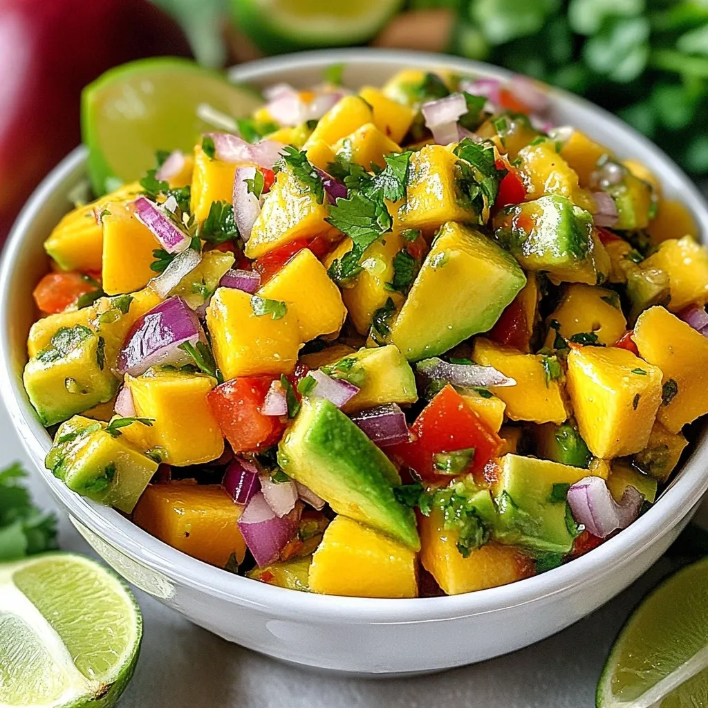Für eine leckere Mango Avocado Salsa brauchst du frische und reife Zutaten. Hier sind die Hauptzutaten: - 1 reife Mango, gewürfelt - 2 reife Avocados, gewürfelt - 1/2 rote Zwiebel, fein gehackt - 1 rote Paprika, gewürfelt - 1 Jalapeño, minced (Kerne entfernt für weniger Schärfe) - 1/4 Tasse frischer Koriander, gehackt - Saft von 2 Limetten - 2 Esslöffel Olivenöl - Salz und Pfeffer nach Geschmack Diese Zutaten bringen eine tolle Frische und Farbe in deine Salsa. Zusätzlich zu den Hauptzutaten kannst du die Salsa mit weiteren Aromen verfeinern. Du könntest zum Beispiel etwas Knoblauch hinzufügen. Ein Spritzer Honig kann die Süße der Mango betonen. Auch ein Hauch von Kreuzkümmel bringt Tiefe in den Geschmack. Experimentiere ruhig mit diesen Varianten! Die Auswahl der besten Zutaten ist wichtig. Achte darauf, dass die Mango und Avocados reif sind. Eine reife Mango gibt beim Drücken leicht nach. Avocados sollten ebenfalls weich sein, aber nicht matschig. Wähle frischen Koriander, da er den Geschmack hebt. Für die Zwiebel und Paprika wähle kräftige, leuchtende Farben. So stellst du sicher, dass deine Salsa frisch und schmackhaft ist. {{ingredient_image_2}} Beginne mit der Auswahl reifer Mango und Avocados. Dies ist wichtig. Eine reife Mango hat eine goldene Farbe und gibt leicht nach. Die Avocado sollte ebenfalls weich sein, aber nicht matschig. Für die Salsa musst du folgende Zutaten vorbereiten: - 1 reife Mango, gewürfelt - 2 reife Avocados, gewürfelt - 1/2 rote Zwiebel, fein gehackt - 1 rote Paprika, gewürfelt - 1 Jalapeño, minced (Kerne entfernt für weniger Schärfe) - 1/4 Tasse frischer Koriander, gehackt - Saft von 2 Limetten Würfle die Mango und Avocados gleichmäßig. Hacke die rote Zwiebel fein, damit sie gut vermischt. Jetzt kommt der Spaß! Gib alle vorbereiteten Zutaten in eine große Rührschüssel. Das sieht schon schön aus. In einer kleinen Schüssel mischst du den Limettensaft, das Olivenöl, Salz und Pfeffer. Rühre gut um, bis alles vermischt ist. Gieße das Dressing über die Zutaten in der großen Schüssel. Hebe alles vorsichtig unter. So bleiben die Avocados ganz. Probiere die Salsa, um sicherzustellen, dass sie gut schmeckt. Füge mehr Salz, Pfeffer oder Limettensaft hinzu, wenn nötig. Lass die Salsa mindestens 15 Minuten stehen, damit die Aromen sich gut verbinden. Das Warten lohnt sich! Um die Salsa frisch zu halten, achte auf die Lagerung. Die Avocado wird schnell braun, wenn sie Luft ausgesetzt ist. Um dies zu verhindern, drücke die Salsa in einen luftdichten Behälter. Füge etwas Limettensaft hinzu. Dieser hilft, die Farbe zu bewahren. Lege auch Frischhaltefolie direkt auf die Salsa. So bleibt sie frisch und schmackhaft. Ein häufiger Fehler ist, die Avocados zu lange zu schneiden. Schneide sie kurz vor dem Servieren. So bleibt die Textur gut. Ein anderer Fehler ist, zu viel Salz hinzuzufügen. Beginne mit einer kleinen Menge und taste dich langsam heran. Auch das Entkernen der Jalapeños ist wichtig. Wenn du die Schärfe magst, kannst du sie ganz lassen. Ansonsten entferne die Kerne für weniger Schärfe. Die Präsentation macht einen großen Unterschied. Verwende eine bunte Schüssel, um die Farben hervorzuheben. Garniere die Salsa mit frischem Koriander. Zusätzlich kannst du Limettenscheiben um die Schüssel legen. Das sieht ansprechend aus und weckt den Appetit. Serviere die Salsa mit Tortilla-Chips. So kannst du die frischen Aromen optimal genießen. Pro Tipps Frische Zutaten: Verwende möglichst frische und reife Zutaten, um den besten Geschmack und die beste Textur in deiner Salsa zu erzielen. Variationen: Experimentiere mit zusätzlichen Zutaten wie Mango-Chutney oder Ananas für eine fruchtige Note oder füge schwarze Bohnen für mehr Fülle hinzu. Vorbereitung: Bereite die Salsa mindestens 15 Minuten vor dem Servieren zu, damit sich die Aromen gut vermischen und entfalten können. Serviervorschläge: Serviere die Salsa zu Tortilla-Chips, gegrilltem Fisch oder Hähnchen, um eine erfrischende und geschmackvolle Kombination zu erhalten. {{image_4}} Mango Avocado Salsa lässt sich toll anpassen. Du kannst zum Beispiel schwarze Bohnen oder Mais hinzufügen. Diese Zutaten bringen mehr Textur und Geschmack. Füge auch etwas Knoblauch für eine aromatische Note hinzu. Wenn du es süßer magst, probiere Ananasstücke. Sie passen gut zur Mango und Avocado. Wenn du Nahrungsmittelallergien hast, gibt es gute Alternativen. Anstelle von Avocado kannst du Hummus verwenden. Das gibt eine cremige Konsistenz. Für Menschen mit Zwiebelunverträglichkeit sind Frühlingszwiebeln eine gute Wahl. Sie sind milder im Geschmack und leicht verdaulich. Wenn du eine glutenfreie Option willst, serviere die Salsa einfach mit Gemüse-Chips. In verschiedenen Regionen gibt es viele Variationen. In Mexiko fügen viele Leute Tomaten hinzu. Das bringt mehr Frische und Farbe. In Südamerika kommt oft Feta-Käse dazu. Er gibt einen salzigen Geschmack und passt gut zu den süßen Früchten. Du kannst auch verschiedene Kräuter verwenden, wie Minze oder Petersilie, um neue Aromen zu entdecken. Um die Mango Avocado Salsa frisch zu halten, bewahre sie in einem luftdichten Behälter auf. Plastik- oder Glasbehälter sind ideal. Stelle sicher, dass der Deckel gut schließt, um die Luft draußen zu halten. Lagere die Salsa im Kühlschrank. Im Kühlschrank hält die Salsa etwa 2 bis 3 Tage. Nach dieser Zeit kann die Avocado braun werden. Um dies zu vermeiden, füge etwas mehr Limettensaft hinzu. Der Saft hilft, die Farbe zu bewahren. Wenn es komisch riecht oder seltsam aussieht, wirf es weg. Das Einfrieren der Salsa ist möglich, aber es verändert die Textur. Wenn du dennoch einfrieren möchtest, benutze einen gefrierfesten Behälter. Fülle den Behälter nicht ganz voll, da sich die Salsa beim Gefrieren ausdehnt. Du kannst die Salsa bis zu 3 Monate einfrieren. Um sie zu verwenden, tau sie über Nacht im Kühlschrank auf. Ja, du kannst die Schärfe der Salsa leicht anpassen. Wenn du es milder magst, entferne die Kerne der Jalapeño. Du kannst auch weniger Jalapeño verwenden oder ihn ganz weglassen. Wenn du mehr Schärfe willst, füge mehr Jalapeño hinzu oder probiere eine schärfere Paprika. Es ist wichtig, die Schärfe nach deinem Geschmack zu gestalten. Mango Avocado Salsa ist sehr vielseitig. Sie passt gut zu Tortilla-Chips als Snack. Du kannst sie auch als Topping für gegrillten Fisch oder Hähnchen verwenden. Zudem schmeckt sie gut in Wraps oder auf Tacos. Diese Salsa bringt einen frischen Geschmack in viele Gerichte. Du kannst die Salsa bis zu zwei Stunden im Voraus zubereiten. Lass sie in den Kühlschrank, damit die Aromen gut durchziehen. Wenn du sie länger aufbewahren möchtest, ist es besser, die Avocados erst kurz vor dem Servieren hinzuzufügen. So bleibt die Salsa frisch und die Farbe schön. Mango Avocado Salsa ist einfach und lecker. Wir haben die Hauptzutaten sowie Gewürze herangezogen. Mit der Schritt-für-Schritt-Anleitung gelingt dir jede Zubereitung. Denk an frische Lagerung und präsentiere sie schön. Variationen zeigen dir neue Wege für Allergiker und regionale Anpassungen. Mit diesen Tipps machst du die beste Salsa. Egal, ob für einen Snack oder ein Fest. Dein kreatives Kochen bringt Freude und Geschmack auf jeden Tisch. Schaffe unvergessliche Momente mit deiner Salsa!