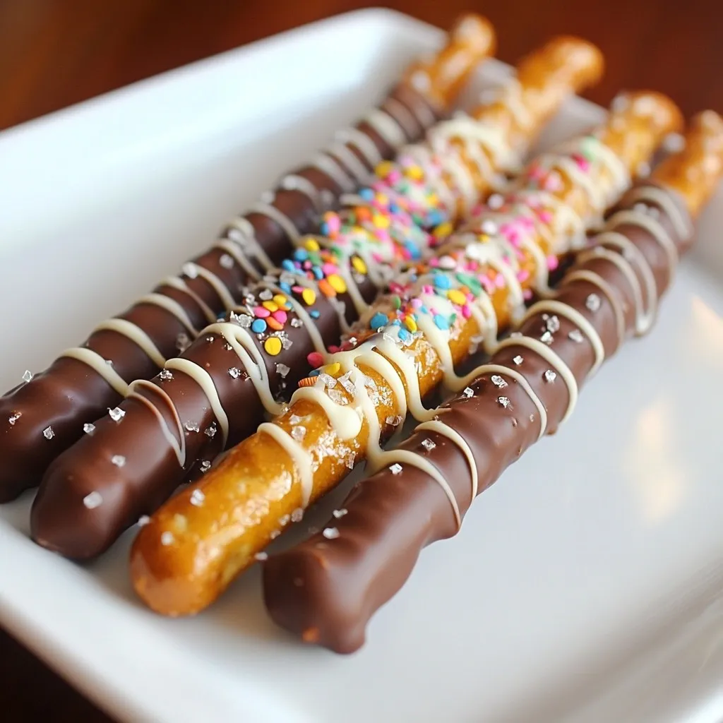 - 12 Brezelstangen - 1 Tasse semi-süße Schokoladenstückchen - 1/2 Tasse weiße Schokoladenstückchen - 1/4 Tasse gehackte Nüsse (Mandeln, Erdnüsse oder Haselnüsse) - 1/4 Tasse Regenbogen-Streusel - Meersalz (optional) Um die perfekten schokoladenüberzogenen Brezelstangen zu machen, brauchen wir einige wichtige Zutaten. Zuerst sind da die Brezelstangen. Sie bringen den knusprigen Biss in unser Rezept. Dann nutzen wir semi-süße Schokoladenstückchen. Diese geben uns den reichen Schokoladengeschmack. Zusätzlich verwenden wir weiße Schokoladenstückchen. Sie sind perfekt für die Dekoration und bringen eine süße Note. Für die Toppings sind gehackte Nüsse eine tolle Wahl. Sie fügen Textur und Geschmack hinzu. Du kannst Mandeln, Erdnüsse oder Haselnüsse verwenden. Regenbogen-Streusel bringen Farbe und Spaß. Sie machen die Brezelstangen noch einladender. Wenn du magst, füge etwas Meersalz hinzu. Es gibt einen schönen süß-salzigen Effekt. So hast du alle Zutaten, um deine Choco-Crazy Brezelstangen zu kreieren! {{ingredient_image_2}} - Lege ein Backblech mit Backpapier aus. Das Backpapier hilft, die Brezelstangen leicht zu entfernen. - Schmelze die Zutaten: Gib die semi-süßen Schokoladenstückchen in eine mikrowellengeeignete Schüssel. Erhitze sie in 30-Sekunden-Intervallen. Rühre die Schokolade gut um, bis sie glatt ist. Schmelze die weißen Schokoladenstückchen in einer separaten Schüssel gleich. - Nimm eine Brezelstange und tauche sie in die geschmolzene Schokolade. Tauche etwa zwei Drittel der Stange ein. - Lass die überschüssige Schokolade in die Schüssel zurücktropfen. So bleibt die Brezel knusprig und die Schokolade gleichmäßig. - Sofort nach dem Eintauchen streue die gehackten Nüsse oder Regenbogen-Streusel über die Schokolade. - Dekoriere die Brezelstangen mit der geschmolzenen weißen Schokolade. Träufle sie mit einer Gabel oder einem Spritzbeutel über die Stangen. - Lass die Brezelstangen bei Raumtemperatur stehen, bis die Schokolade fest wird. Du kannst sie auch für 10-15 Minuten in den Kühlschrank stellen, um den Prozess zu beschleunigen. Für das Schmelzen der Schokolade gibt es zwei Hauptmethoden: Mikrowelle und Wasserbad. Ich bevorzuge die Mikrowelle. Das geht schnell und einfach. Du musst die Schokolade in eine mikrowellengeeignete Schüssel geben. Erwärme sie in 30-Sekunden-Intervallen. Rühre nach jedem Intervall um. So bleibt die Schokolade glatt und klumpenfrei. Wenn du das Wasserbad verwendest, setze eine hitzebeständige Schüssel auf einen Topf mit simmerndem Wasser. Achte darauf, dass das Wasser die Schüssel nicht berührt. Rühre die Schokolade, bis sie ganz geschmolzen ist. Diese Methode ist langsamer, aber sie gibt dir mehr Kontrolle. Um Klumpen zu vermeiden, stelle sicher, dass kein Wasser in die Schokolade gelangt. Wasser kann Schokolade zum Gerinnen bringen. Halte die Schokolade immer gut im Auge, damit sie nicht überhitzt. Die Toppings machen die Brezelstangen besonders. Du kannst verschiedene Kombinationen verwenden. Gehackte Nüsse sind ein Hit. Mandeln, Erdnüsse oder Haselnüsse passen gut. Regenbogen-Streusel bringen Farbe und Spaß. Ein Geheimtipp: Streue etwas Meersalz über die geschmolzene Schokolade. Der süß-salzige Geschmack ist ein Traum! Das Salz hebt die Süße der Schokolade hervor und macht jeden Bissen noch besser. Wie du die Brezelstangen präsentierst, ist wichtig. Serviere sie auf einem schönen Teller. Du kannst sie auch in einer dekorativen Papiertüte anrichten. Ein Glas sieht ebenfalls toll aus. So wirken deine Brezelstangen wie ein Geschenk. Für Geschenke kannst du die Brezelstangen einzeln einwickeln. Verwende Folie oder eine kleine Box. Das macht sie besonders und festlich. Denke daran, dass die Präsentation einen großen Eindruck macht! Pro Tipps Schokoladenqualität: Verwende hochwertige Schokoladenstückchen für den besten Geschmack und eine glattere Schmelze. Variationen hinzufügen: Experimentiere mit verschiedenen Nüssen oder Toppings wie Kokosraspeln oder M&Ms, um neue Geschmacksrichtungen zu entdecken. Schokolade temperieren: Für eine glänzendere Oberfläche kannst du die Schokolade temperieren, bevor du die Brezelstangen tauchst. Aufbewahrung: Bewahre die Brezelstangen in einem luftdichten Behälter auf, um ihre Frische zu erhalten. {{image_4}} Eine einfache Möglichkeit, deine Schokoladenüberzogenen Brezelstangen zu variieren, ist die Verwendung von Milchschokolade. Milchschokolade hat einen süßen, cremigen Geschmack. Sie passt gut zu den salzigen Brezeln. Du kannst die halb-süße Schokolade durch Milchschokolade ersetzen. Das gibt einen neuen Twist. Eine andere spannende Option ist die Verwendung verschiedener Nüsse. Gehackte Mandeln, Erdnüsse, oder Haselnüsse bringen unterschiedliche Aromen und Texturen. Probiere verschiedene Nüsse aus und finde deinen Favoriten. Nüsse geben auch einen schönen Crunch. Für Feiertage kannst du die Brezelstangen anpassen. Für Halloween kannst du orangefarbene oder schwarze Streusel verwenden. Für Weihnachten sind rote und grüne Streusel perfekt. So schaffst du eine festliche Stimmung. Personalisierte Geschenke sind auch eine tolle Idee. Du kannst die Brezelstangen in schönen Tüten verpacken. Füge ein Etikett mit einer persönlichen Nachricht hinzu. Das macht das Geschenk besonders und einzigartig. Für eine gesündere Option kannst du dunkle Schokolade verwenden. Dunkle Schokolade hat weniger Zucker und viele Antioxidantien. Sie hat auch einen intensiven Geschmack, der gut zu den Brezeln passt. Wenn du nach glutenfreien Alternativen suchst, gibt es spezielle glutenfreie Brezeloptionen. Diese sind oft aus Reis oder Mais gemacht. Damit können auch glutenempfindliche Menschen die leckeren Brezelstangen genießen. Für die besten Ergebnisse lagere die Schokoladenbrezelstangen bei Raumtemperatur. Zu viel Kälte kann die Schokolade matt aussehen lassen. Wenn du sie im Kühlschrank aufbewahrst, stelle sicher, dass sie in einem geschlossenen Behälter sind. So bleibt die Schokolade schön glänzend. Die Brezelstangen halten sich bis zu einer Woche, wenn du sie richtig lagerst. Verwende luftdichte Behälter, um die Frische zu bewahren. Diese Behälter schützen die Brezelstangen vor Luft und Feuchtigkeit. Feuchtigkeit kann die Schokolade klebrig machen. Vermeide diesen Effekt, indem du die Brezelstangen nicht in feuchte Räume stellst. Lagere sie an einem kühlen, trockenen Ort, um ihre knusprige Textur zu erhalten. Die Brezelstangen brauchen etwa 30 Minuten zum Festigen. Wenn du sie schneller festigen möchtest, stelle sie in den Kühlschrank. Dort sind sie in 10 bis 15 Minuten bereit. Ja, du kannst die Schokolade im Voraus schmelzen. Schmelze sie wie beschrieben und lasse sie abkühlen. Bewahre die geschmolzene Schokolade in einem luftdichten Behälter auf. Sie hält sich so für ein paar Tage. Erwärme sie vor der Nutzung erneut in der Mikrowelle in kurzen Intervallen. Für die besten Zutaten gehe zu einem lokalen Lebensmittelgeschäft oder einer Spezialitätengeschäft. Dort findest du frische Brezelstangen und hochwertige Schokoladenstückchen. Alternativ kannst du auch online nach diesen Zutaten suchen. Websites wie Amazon oder spezielle Backshops bieten eine große Auswahl. Diese leckeren Brezelstangen machen viel Spaß! Wir haben die Hauptzutaten besprochen. Dann haben wir den einfachen Ablauf der Zubereitung erklärt. Ich teilte Tipps für Toppings und deren schöne Präsentation. Es gibt auch Variationen für jeden Anlass. Schließlich gab es nützliche Lagerungshinweise. Nutze diese Informationen, um deine eigenen Brezelstangen zu machen. Viel Spaß beim Ausprobieren!