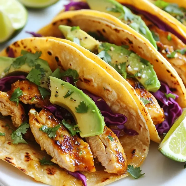 Für die Honey Lime Chicken Tacos brauchst du: - 450 g Hähnchenbrust, dünn geschnitten - 60 ml Honig - 60 ml frisch gepresster Limettensaft - 30 ml Sojasauce (low sodium) - 1 Teelöffel Chilipulver - 1/2 Teelöffel Knoblauchpulver - 1/2 Teelöffel Kreuzkümmel - Salz und Pfeffer nach Geschmack - 8 kleine Mais- oder Weizentortillas - 240 g rote Kohlrabi, fein gehobelt - 1 Avocado, in Scheiben geschnitten - 1/4 Tasse frischer Koriander, gehackt - Limettenviertel zum Servieren Wähle frisches Hähnchen für mehr Geschmack. Achte darauf, dass die Hähnchenbrust eine schöne Farbe hat. Frische Limetten geben dir den besten Saft. Kaufe Honig, der rein und ohne Zusatzstoffe ist. Verwende hochwertige Sojasauce für einen guten Umami-Geschmack. Das Gemüse sollte knackig sein. Rote Kohlrabi bringt Farbe und Crunch. Wähle eine reife Avocado, die leicht nachgibt. Koriander gibt einen frischen und würzigen Geschmack. Wenn du kein Hähnchen magst, verwende Tofu oder Fisch. Diese Proteine nehmen die Marinade gut auf. Für eine süßere Note kannst du Agavendicksaft anstelle von Honig nutzen. Wenn du glutenfrei bist, wähle glutenfreie Tortillas. Um die Schärfe zu reduzieren, kannst du weniger Chilipulver nutzen. Statt roter Kohlrabi kannst du auch Weißkohl oder Salat verwenden. Koriander kann durch Petersilie ersetzt werden, wenn du das Aroma nicht magst. {{ingredient_image_2}} Um das Hähnchen zu marinieren, nimm eine mittelgroße Schüssel. Gib 60 ml Honig, 60 ml frisch gepressten Limettensaft und 30 ml Sojasauce hinein. Füge 1 Teelöffel Chilipulver, 1/2 Teelöffel Knoblauchpulver und 1/2 Teelöffel Kreuzkümmel hinzu. Würze mit Salz und Pfeffer nach Geschmack. Rühre alles gut um, bis die Marinade gleichmäßig ist. Jetzt leg die dünn geschnittenen Hähnchenstücke in die Marinade. Mische die Hähnchenstücke gut, sodass sie vollständig bedeckt sind. Lass das Hähnchen für etwa 30 Minuten bei Raumtemperatur marinieren. Für einen intensiveren Geschmack kannst du es bis zu 2 Stunden im Kühlschrank lassen. Erhitze eine große Pfanne bei mittlerer Hitze. Gib das marinierte Hähnchen mit der Marinade in die Pfanne. Brate das Hähnchen für 6 bis 8 Minuten. Rühre regelmäßig um, damit es gleichmäßig gart und leicht karamelisiert. Achte darauf, dass es gut durchgegart ist. Während das Hähnchen brät, bereite die Tortillas vor. Du kannst sie in einer separaten Pfanne kurz erwärmen oder direkt über einer Gasflamme für ein paar Sekunden rösten. Achte darauf, dass sie weich und geschmeidig sind. Um die Tacos zusammenzustellen, nimm eine Tortilla und füge eine großzügige Menge des gekochten Hähnchens darauf. Streue etwas von dem feinen roten Kohl darüber, füge einige Scheiben Avocado hinzu und bestreue alles mit frischem Koriander. Serviere die Tacos sofort mit Limettenvierteln zum Beträufeln. Um das Hähnchen lecker zu machen, ist die Marinade wichtig. Ich empfehle, das Hähnchen mindestens 30 Minuten marinieren zu lassen. So zieht der Honig und Limettensaft gut ein. Wenn du mehr Zeit hast, lass es bis zu 2 Stunden im Kühlschrank. Das macht den Geschmack noch besser. Beim Braten des Hähnchens ist Geduld wichtig. Erhitze die Pfanne bei mittlerer Hitze. Das Hähnchen braucht 6-8 Minuten, um durchzugaren. Rühre regelmäßig um, damit es gleichmäßig bräunt. Wenn es leicht karamellisiert ist, ist es perfekt. Achte darauf, dass das Hähnchen nicht zu trocken wird. Es sollte saftig bleiben. Wenn du keine Mais- oder Weizentortillas magst, gibt es viele Alternativen. Du kannst auch Salatblätter verwenden. Das macht die Tacos leicht und frisch. Für eine glutenfreie Option sind Reispapier oder glutenfreie Tortillas gut. Experimentiere mit verschiedenen Sorten, um deinen Favoriten zu finden. Pro Tipps Hähnchen marinieren: Lassen Sie das Hähnchen mindestens 30 Minuten marinieren, um den Geschmack zu intensivieren. Ideal sind bis zu 2 Stunden im Kühlschrank. Temperatur beachten: Braten Sie das Hähnchen bei mittlerer Hitze, um ein gleichmäßiges Garen und eine schöne Karamellisierung zu erreichen. Tortillas aufwärmen: Erwärmen Sie die Tortillas direkt über einer Gasflamme für ein authentisches Aroma oder in einer Pfanne, um sie weich und geschmeidig zu machen. Frische Zutaten: Verwenden Sie frischen Koriander und Limetten, um den Tacos einen frischen Geschmack zu verleihen. Sie können auch andere Toppings wie Salsa oder Jalapeños hinzufügen. {{image_4}} Du kannst die Hähnchenbrust leicht ersetzen. Probiere Rindfleisch oder Tofu. Beides gibt einen tollen Geschmack. Für Gemüse kannst du Paprika oder Zucchini verwenden. Diese Gemüse sorgen für frische und Farbe. Du kannst auch Bohnen oder Linsen für eine proteinreiche Option nehmen. Möchtest du etwas mehr Geschmack? Füge etwas Cayennepfeffer hinzu! So wird es schön scharf. Wenn du es süßer magst, probiere Agavendicksaft statt Honig. Frische Kräuter wie Minze oder Basilikum geben eine neue Note. Auch ein Spritzer Limettensaft macht viel aus. Serviere die Tacos mit frischem Salat. Ein grüner Salat passt gut dazu. Du kannst auch Reis oder Quinoa als Beilage verwenden. Diese Beilagen machen die Mahlzeit sättigender. Vergiss nicht, die Limettenviertel zum Beträufeln bereitzustellen! So wird alles noch frischer. Um das marinierte Hähnchen frisch zu halten, lege es in einen luftdichten Behälter. Stelle sicher, dass die Marinade das Hähnchen gut umschließt. Du kannst das Hähnchen bis zu zwei Stunden im Kühlschrank aufbewahren. Wenn du es länger aufbewahren möchtest, friere es ein. So bleibt der Geschmack erhalten. Achte darauf, das Hähnchen vor der Zubereitung im Kühlschrank aufzutauen. Wenn du nach dem Essen Reste hast, bewahre sie in einem luftdichten Behälter auf. Das Hähnchen bleibt so bis zu drei Tage frisch. Du kannst die Reste leicht aufgewärmen. Verwende die Reste auch in anderen Gerichten. Zum Beispiel in Salaten oder Sandwiches. So vermeidest du Lebensmittelverschwendung und genießt neue Geschmäcker. Um das Hähnchen wieder aufzuwärmen, benutze eine Pfanne bei mittlerer Hitze. Füge etwas Öl hinzu, damit es nicht austrocknet. Erhitze das Hähnchen für 5 bis 7 Minuten, bis es warm ist. Du kannst auch die Mikrowelle verwenden. Stelle die Mikrowelle auf mittlere Leistung und erhitze das Hähnchen für 1 bis 2 Minuten. Achte darauf, dass du das Hähnchen gleichmäßig erwärmst, damit es saftig bleibt. Du solltest das Hähnchen mindestens 30 Minuten marinieren. Wenn du mehr Geschmack möchtest, mariniere es bis zu 2 Stunden im Kühlschrank. Die Marinade aus Honig und Limettensaft macht das Hähnchen zart und aromatisch. Je länger es zieht, desto mehr Geschmack bekommt es. Ja, du kannst die Tacos im Voraus zubereiten. Bereite das marinierte Hähnchen und die Füllung am Tag vorher vor. Du kannst die Tortillas auch leicht aufwärmen, kurz bevor du die Tacos servierst. Das macht die Tacos frisch und lecker, wenn du sie essen willst. Zu den Hähnchen-Tacos passen viele Beilagen. Ein frischer grüner Salat mit Limettendressing ist perfekt. Auch schwarze Bohnen oder Reis sind eine gute Wahl. Du kannst auch etwas scharfe Salsa oder Guacamole dazu servieren. Frischer Koriander und Limettenviertel bringen einen tollen Geschmack. Die Zutaten sind der Schlüssel zu köstlichen Hähnchen-Tacos. Wir haben uns angesehen, welche Zutaten du brauchst und wie du sie auswählst. Die Schritt-für-Schritt-Anleitung hilft dir, das Hähnchen perfekt zu marinieren und zuzubereiten. Tipps und Tricks sorgen dafür, dass dein Gericht gelingt. Variationen bieten dir viele Möglichkeiten zur Anpassung, während die Lagerungshinweise einfaches Aufbewahren und Aufwärmen ermöglichen. Denk daran, Spaß beim Kochen zu haben. So machst du jede Mahlzeit zu einem besonderen Erlebnis.
