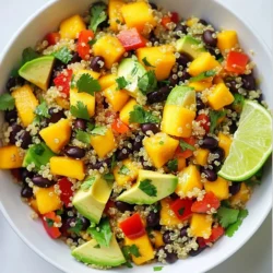 Für den Mango Black Bean Quinoa Salad benötigst du folgende Zutaten: - 1 Tasse Quinoa, gründlich gewaschen - 2 Tassen Wasser oder Gemüsebrühe - 1 Dose (425 g) schwarze Bohnen, gut abgetropft und gewaschen - 1 reife Mango, gewürfelt - 1 rote Paprika, gewürfelt - 1 kleine rote Zwiebel, fein gehackt - 1 Tasse Mais (frisch oder gefroren) - 1 Avocado, gewürfelt - 1/4 Tasse frischer Koriander, grob gehackt Diese Zutaten bringen eine bunte Mischung aus Texturen und Geschmäckern in deinen Salat. Die Quinoa sorgt für eine nahrhafte Basis, während die Mango eine süße Note hinzufügt. Das Dressing ist einfach, aber sehr lecker. Du benötigst: - Saft von 1 Limette - 3 Esslöffel Olivenöl - 1 Teelöffel Kreuzkümmel - Salz und Pfeffer nach Geschmack Diese Gewürze und das Dressing bringen die Aromen zusammen. Der Limettensaft gibt Frische, und der Kreuzkümmel fügt Tiefe hinzu. Wähle frische und reife Produkte. Achte darauf, dass die Mango weich, aber nicht überreif ist. Die Bohnen sollten gut abgetropft sein, um den Salat nicht wässrig zu machen. Kaufe am besten Bio-Zutaten, wenn es möglich ist. Sie sind oft frischer und gesünder. Mit diesen Zutaten kannst du einen köstlichen und nahrhaften Salat zubereiten, der sowohl für dich als auch für deine Gäste ein Genuss ist. {{ingredient_image_2}} Um die Quinoa perfekt zu kochen, nehmen Sie einen mittelgroßen Kochtopf. Geben Sie eine Tasse Quinoa und zwei Tassen Wasser oder Gemüsebrühe hinein. Stellen Sie den Herd auf mittlere Hitze. Lassen Sie die Mischung kochen. Wenn es kocht, reduzieren Sie die Hitze auf niedrig. Decken Sie den Topf ab und lassen Sie die Quinoa 15 Minuten köcheln. Nach dem Kochen nehmen Sie den Topf vom Herd. Lassen Sie die Quinoa abgedeckt für fünf Minuten ruhen. Danach lockern Sie die Quinoa mit einer Gabel auf und lassen sie kurz abkühlen. In einer großen Schüssel kombinieren Sie die gekochte Quinoa. Fügen Sie die schwarzen Bohnen, gewürfelte Mango, rote Paprika, rote Zwiebel, Mais und Avocado hinzu. Diese Zutaten bringen viele Farben und Nährstoffe in den Salat. Mischen Sie alles vorsichtig, damit die Zutaten gleichmäßig verteilt sind. Für das Dressing benötigen Sie eine kleine Schüssel. Geben Sie den Saft von einer Limette, drei Esslöffel Olivenöl, einen Teelöffel Kreuzkümmel, Salz und Pfeffer hinein. Nutzen Sie einen Schneebesen, um alles gut zu vermischen. Das Dressing sorgt für einen frischen Geschmack und hebt die Aromen der Zutaten hervor. Gießen Sie das Dressing über die Salatmischung. Vermengen Sie alles vorsichtig, bis alle Zutaten gut bedeckt sind. Fügen Sie den grob gehackten Koriander hinzu und heben Sie ihn vorsichtig unter. Lassen Sie den Salat mindestens 15 Minuten im Kühlschrank ruhen. Dies hilft, die Aromen zu vereinen und macht den Salat noch köstlicher. Um die beste Quinoa zu kochen, beginne mit einer Tasse Quinoa. Spüle sie gründlich unter Wasser. Verwende dann zwei Tassen Wasser oder Gemüsebrühe. Bringe das Wasser zum Kochen und reduziere die Hitze. Lass die Quinoa 15 Minuten köcheln. Sie sollte locker und weich sein. Nach dem Kochen, lass sie fünf Minuten ruhen. Mit einer Gabel auflockern, damit sie fluffig bleibt. Du kannst die Quinoa und die Bohnen am Tag zuvor kochen. Kühle sie dann im Kühlschrank. Schneide das Gemüse frisch, wenn du bereit bist, den Salat zu machen. So bleiben die Aromen frisch und knackig. Das spart Zeit und macht den Salat schneller fertig. Für die beste Präsentation, verwende eine große Schüssel. Platziere den Salat schön darin. Du kannst Limettenspalten und frischen Koriander darauflegen. Das sieht nicht nur gut aus, sondern schmeckt auch frisch. Serviere den Salat kalt oder bei Raumtemperatur. So kommen die Aromen gut zur Geltung. Pro Tipps Quinoa richtig kochen: Achten Sie darauf, die Quinoa gründlich zu waschen, um Bitterstoffe zu entfernen. Kochen Sie sie in Gemüsebrühe für zusätzlichen Geschmack. Optimaler Avocado-Geschmack: Wählen Sie eine reife Avocado, die leicht auf Druck nachgibt. Fügen Sie sie erst kurz vor dem Servieren hinzu, um eine Verfärbung zu vermeiden. Frische Zutaten: Verwenden Sie frische, saisonale Zutaten, um den Geschmack des Salats zu maximieren. Dies gilt besonders für die Mango und den Koriander. Aromen entfalten: Lassen Sie den Salat mindestens 15 Minuten im Kühlschrank ruhen, um die Aromen zu intensivieren und eine harmonische Mischung zu erzielen. {{image_4}} Mango Black Bean Quinoa Salad ist schon vegan und glutenfrei. Quinoa und schwarze Bohnen sind tolle Eiweißquellen. Du brauchst also keine tierischen Produkte. Achte darauf, dass die Gemüsebrühe auch vegan ist. So bleibt dein Salat rein pflanzlich und gesund. Wenn du mehr Geschmack willst, füge geröstete Nüsse oder Samen hinzu. Mandeln oder Sonnenblumenkerne geben einen tollen Crunch. Du kannst auch Jalapeños für eine scharfe Note verwenden. Feta-Käse passt gut, wenn du nicht vegan isst. So wird dein Salat noch interessanter. Nutze die Saison für frische Zutaten! Im Sommer sind frische Tomaten und Gurken perfekt. Im Herbst kannst du Kürbis oder Süßkartoffeln hinzufügen. Diese Zutaten bringen neue Aromen und Farben. Probiere auch verschiedene Kräuter wie Minze oder Petersilie. So wird dein Salat immer wieder neu und spannend. Um den Mango Black Bean Quinoa Salad frisch zu halten, lege ihn in einen luftdichten Behälter. So bleibt der Salat knackig und die Aromen frisch. Stelle sicher, dass der Salat gut abgekühlt ist, bevor du ihn in den Kühlschrank gibst. Dies verhindert, dass die anderen Lebensmittel im Kühlschrank warm werden. Der Salat hält sich im Kühlschrank etwa drei bis fünf Tage. Nach dieser Zeit können die Zutaten an Frische verlieren. Achte darauf, den Salat vor dem Essen zu überprüfen. Wenn er seltsam riecht oder die Farben trüb erscheinen, ist es besser, ihn wegzuwerfen. Ich empfehle, diesen Salat kalt zu genießen, da die Aromen so am besten zur Geltung kommen. Wenn du ihn jedoch warm servieren möchtest, erwärme die Quinoa separat. Mische dann die anderen Zutaten vorsichtig darunter. Vermeide es, den gesamten Salat in der Mikrowelle zu erhitzen, da die Avocado und Mango matschig werden könnten. Um den Salat proteinreicher zu machen, füge Hähnchen, Tofu oder Feta hinzu. Diese Zutaten passen gut zu den Aromen des Salats. Du kannst auch mehr schwarze Bohnen verwenden. Sie sind eine hervorragende Proteinquelle und geben dem Salat einen tollen Geschmack. Ja, du kannst den Salat im Voraus zubereiten. Er bleibt frisch im Kühlschrank für bis zu drei Tage. Das ist praktisch, wenn du für eine Party oder ein Picknick planst. Stelle sicher, dass du das Dressing separat aufbewahrst, um die Frische zu erhalten. Der Salat passt gut zu gegrilltem Fleisch oder Fisch. Du kannst auch Tortilla-Chips oder frisches Brot servieren. Wenn du etwas Einfaches möchtest, sind gegrillte Gemüse eine gute Wahl. Sie ergänzen die Aromen des Salats perfekt. In diesem Blogpost haben wir die Zutaten und Zubereitung eines leckeren Quinoa-Salats behandelt. Ich habe die wichtigsten Schritte erläutert, von der Auswahl der Zutaten bis zur perfekten Konsistenz der Quinoa. Denken Sie daran, dass frische und saisonale Zutaten den besten Geschmack bringen. Variationen und Lagerungstipps helfen Ihnen, den Salat lange zu genießen. Experimentieren Sie mit neuen Zutaten oder Beilagen, um Abwechslung zu schaffen. Genießen Sie diesen Salat und lassen Sie Ihrer Kreativität freien Lauf!