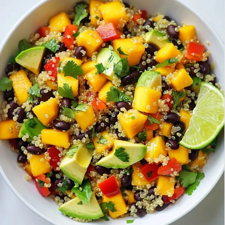 Für den Mango Black Bean Quinoa Salad benötigst du folgende Zutaten: - 1 Tasse Quinoa, gründlich gewaschen - 2 Tassen Wasser oder Gemüsebrühe - 1 Dose (425 g) schwarze Bohnen, gut abgetropft und gewaschen - 1 reife Mango, gewürfelt - 1 rote Paprika, gewürfelt - 1 kleine rote Zwiebel, fein gehackt - 1 Tasse Mais (frisch oder gefroren) - 1 Avocado, gewürfelt - 1/4 Tasse frischer Koriander, grob gehackt Diese Zutaten bringen eine bunte Mischung aus Texturen und Geschmäckern in deinen Salat. Die Quinoa sorgt für eine nahrhafte Basis, während die Mango eine süße Note hinzufügt. Das Dressing ist einfach, aber sehr lecker. Du benötigst: - Saft von 1 Limette - 3 Esslöffel Olivenöl - 1 Teelöffel Kreuzkümmel - Salz und Pfeffer nach Geschmack Diese Gewürze und das Dressing bringen die Aromen zusammen. Der Limettensaft gibt Frische, und der Kreuzkümmel fügt Tiefe hinzu. Wähle frische und reife Produkte. Achte darauf, dass die Mango weich, aber nicht überreif ist. Die Bohnen sollten gut abgetropft sein, um den Salat nicht wässrig zu machen. Kaufe am besten Bio-Zutaten, wenn es möglich ist. Sie sind oft frischer und gesünder. Mit diesen Zutaten kannst du einen köstlichen und nahrhaften Salat zubereiten, der sowohl für dich als auch für deine Gäste ein Genuss ist. {{ingredient_image_2}} Um die Quinoa perfekt zu kochen, nehmen Sie einen mittelgroßen Kochtopf. Geben Sie eine Tasse Quinoa und zwei Tassen Wasser oder Gemüsebrühe hinein. Stellen Sie den Herd auf mittlere Hitze. Lassen Sie die Mischung kochen. Wenn es kocht, reduzieren Sie die Hitze auf niedrig. Decken Sie den Topf ab und lassen Sie die Quinoa 15 Minuten köcheln. Nach dem Kochen nehmen Sie den Topf vom Herd. Lassen Sie die Quinoa abgedeckt für fünf Minuten ruhen. Danach lockern Sie die Quinoa mit einer Gabel auf und lassen sie kurz abkühlen. In einer großen Schüssel kombinieren Sie die gekochte Quinoa. Fügen Sie die schwarzen Bohnen, gewürfelte Mango, rote Paprika, rote Zwiebel, Mais und Avocado hinzu. Diese Zutaten bringen viele Farben und Nährstoffe in den Salat. Mischen Sie alles vorsichtig, damit die Zutaten gleichmäßig verteilt sind. Für das Dressing benötigen Sie eine kleine Schüssel. Geben Sie den Saft von einer Limette, drei Esslöffel Olivenöl, einen Teelöffel Kreuzkümmel, Salz und Pfeffer hinein. Nutzen Sie einen Schneebesen, um alles gut zu vermischen. Das Dressing sorgt für einen frischen Geschmack und hebt die Aromen der Zutaten hervor. Gießen Sie das Dressing über die Salatmischung. Vermengen Sie alles vorsichtig, bis alle Zutaten gut bedeckt sind. Fügen Sie den grob gehackten Koriander hinzu und heben Sie ihn vorsichtig unter. Lassen Sie den Salat mindestens 15 Minuten im Kühlschrank ruhen. Dies hilft, die Aromen zu vereinen und macht den Salat noch köstlicher. Um die beste Quinoa zu kochen, beginne mit einer Tasse Quinoa. Spüle sie gründlich unter Wasser. Verwende dann zwei Tassen Wasser oder Gemüsebrühe. Bringe das Wasser zum Kochen und reduziere die Hitze. Lass die Quinoa 15 Minuten köcheln. Sie sollte locker und weich sein. Nach dem Kochen, lass sie fünf Minuten ruhen. Mit einer Gabel auflockern, damit sie fluffig bleibt. Du kannst die Quinoa und die Bohnen am Tag zuvor kochen. Kühle sie dann im Kühlschrank. Schneide das Gemüse frisch, wenn du bereit bist, den Salat zu machen. So bleiben die Aromen frisch und knackig. Das spart Zeit und macht den Salat schneller fertig. Für die beste Präsentation, verwende eine große Schüssel. Platziere den Salat schön darin. Du kannst Limettenspalten und frischen Koriander darauflegen. Das sieht nicht nur gut aus, sondern schmeckt auch frisch. Serviere den Salat kalt oder bei Raumtemperatur. So kommen die Aromen gut zur Geltung. Pro Tipps Quinoa richtig kochen: Achten Sie darauf, die Quinoa gründlich zu waschen, um Bitterstoffe zu entfernen. Kochen Sie sie in Gemüsebrühe für zusätzlichen Geschmack. Optimaler Avocado-Geschmack: Wählen Sie eine reife Avocado, die leicht auf Druck nachgibt. Fügen Sie sie erst kurz vor dem Servieren hinzu, um eine Verfärbung zu vermeiden. Frische Zutaten: Verwenden Sie frische, saisonale Zutaten, um den Geschmack des Salats zu maximieren. Dies gilt besonders für die Mango und den Koriander. Aromen entfalten: Lassen Sie den Salat mindestens 15 Minuten im Kühlschrank ruhen, um die Aromen zu intensivieren und eine harmonische Mischung zu erzielen. {{image_4}} Mango Black Bean Quinoa Salad ist schon vegan und glutenfrei. Quinoa und schwarze Bohnen sind tolle Eiweißquellen. Du brauchst also keine tierischen Produkte. Achte darauf, dass die Gemüsebrühe auch vegan ist. So bleibt dein Salat rein pflanzlich und gesund. Wenn du mehr Geschmack willst, füge geröstete Nüsse oder Samen hinzu. Mandeln oder Sonnenblumenkerne geben einen tollen Crunch. Du kannst auch Jalapeños für eine scharfe Note verwenden. Feta-Käse passt gut, wenn du nicht vegan isst. So wird dein Salat noch interessanter. Nutze die Saison für frische Zutaten! Im Sommer sind frische Tomaten und Gurken perfekt. Im Herbst kannst du Kürbis oder Süßkartoffeln hinzufügen. Diese Zutaten bringen neue Aromen und Farben. Probiere auch verschiedene Kräuter wie Minze oder Petersilie. So wird dein Salat immer wieder neu und spannend. Um den Mango Black Bean Quinoa Salad frisch zu halten, lege ihn in einen luftdichten Behälter. So bleibt der Salat knackig und die Aromen frisch. Stelle sicher, dass der Salat gut abgekühlt ist, bevor du ihn in den Kühlschrank gibst. Dies verhindert, dass die anderen Lebensmittel im Kühlschrank warm werden. Der Salat hält sich im Kühlschrank etwa drei bis fünf Tage. Nach dieser Zeit können die Zutaten an Frische verlieren. Achte darauf, den Salat vor dem Essen zu überprüfen. Wenn er seltsam riecht oder die Farben trüb erscheinen, ist es besser, ihn wegzuwerfen. Ich empfehle, diesen Salat kalt zu genießen, da die Aromen so am besten zur Geltung kommen. Wenn du ihn jedoch warm servieren möchtest, erwärme die Quinoa separat. Mische dann die anderen Zutaten vorsichtig darunter. Vermeide es, den gesamten Salat in der Mikrowelle zu erhitzen, da die Avocado und Mango matschig werden könnten. Um den Salat proteinreicher zu machen, füge Hähnchen, Tofu oder Feta hinzu. Diese Zutaten passen gut zu den Aromen des Salats. Du kannst auch mehr schwarze Bohnen verwenden. Sie sind eine hervorragende Proteinquelle und geben dem Salat einen tollen Geschmack. Ja, du kannst den Salat im Voraus zubereiten. Er bleibt frisch im Kühlschrank für bis zu drei Tage. Das ist praktisch, wenn du für eine Party oder ein Picknick planst. Stelle sicher, dass du das Dressing separat aufbewahrst, um die Frische zu erhalten. Der Salat passt gut zu gegrilltem Fleisch oder Fisch. Du kannst auch Tortilla-Chips oder frisches Brot servieren. Wenn du etwas Einfaches möchtest, sind gegrillte Gemüse eine gute Wahl. Sie ergänzen die Aromen des Salats perfekt. In diesem Blogpost haben wir die Zutaten und Zubereitung eines leckeren Quinoa-Salats behandelt. Ich habe die wichtigsten Schritte erläutert, von der Auswahl der Zutaten bis zur perfekten Konsistenz der Quinoa. Denken Sie daran, dass frische und saisonale Zutaten den besten Geschmack bringen. Variationen und Lagerungstipps helfen Ihnen, den Salat lange zu genießen. Experimentieren Sie mit neuen Zutaten oder Beilagen, um Abwechslung zu schaffen. Genießen Sie diesen Salat und lassen Sie Ihrer Kreativität freien Lauf!