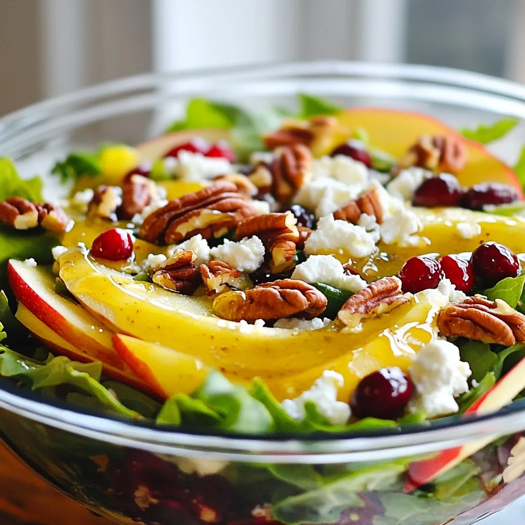Für diesen frischen Salat benötigst du: - 4 Tassen gemischte Blattsalate (Spinat, Rucola, Grünkohl) - 1 großer Apfel, entkernt und dünn geschnitten (Honeycrisp oder Fuji sind am besten) - 1 Tasse frische Cranberries (oder getrocknete, wenn frisch nicht verfügbar) - 1/2 Tasse Pekannüsse, geröstet - 1/4 Tasse Feta-Käse, zerbröselt (optional) - 1/4 Tasse rote Zwiebel, dünn geschnitten - 1/4 Tasse Olivenöl - 2 Esslöffel Apfelessig - 1 Esslöffel Ahornsirup - Salz und Pfeffer nach Geschmack Diese Zutaten bringen den perfekten Mix aus süß, salzig und knusprig. Du kannst den Salat weiter aufpeppen mit: - Granatapfelkernen für extra Süße - Walnüssen anstelle von Pekannüssen für einen anderen Biss - Frischer Minze oder Petersilie für ein frisches Aroma Diese Optionen geben dir die Freiheit, deinen Salat ganz nach deinem Geschmack anzupassen. Frische Zutaten machen einen großen Unterschied. Hier sind einige Tipps: - Wähle Salate, die knackig und lebendig aussehen. Vermeide welke Blätter. - Achte darauf, dass die Äpfel fest sind und keine Druckstellen haben. - Frische Cranberries sollten glänzend und fest sein. Vermeide matschige oder schrumpelige Früchte. - Kaufe Pekannüsse, die ungesalzen sind, damit du die volle Kontrolle über den Geschmack hast. Gute Zutaten sind der Schlüssel zu einem köstlichen Salat! {{ingredient_image_2}} Zuerst wasche die frischen Cranberries gut ab. Falls du getrocknete verwendest, achte darauf, dass sie ungesüßt sind. Schneide den großen Apfel in dünne Scheiben. Ich mag Honeycrisp oder Fuji, weil sie süß und knackig sind. Röste die Pekannüsse in einer trockenen Pfanne. Das dauert etwa fünf Minuten. Schüttle die Pfanne oft, damit sie nicht anbrennen. Nimm eine kleine Schüssel. Gieße das Olivenöl, den Apfelessig und den Ahornsirup hinein. Füge Salz und Pfeffer hinzu. Verquirle alles gut mit einer Gabel oder einem kleinen Schneebesen. Probiere das Dressing und passe die Würze nach deinem Geschmack an. Es sollte frisch und leicht süßlich sein. Nimm eine große Schüssel und füge die gemischten Blattsalate hinzu. Gib die Apfelscheiben, die Cranberries und die gerösteten Pekannüsse dazu. Wenn du Feta magst, streue ihn gleichmäßig darüber. Gieße das Dressing über den Salat. Mische alles vorsichtig, sodass die Blätter nicht zerdrückt werden. Du kannst den Salat in einer großen Schüssel servieren oder auf einzelne Teller verteilen. Um den Salat noch schöner zu machen, garniere ihn mit zusätzlichen Cranberries und Pekannüssen. Um deinen Salat frisch und knackig zu halten, achte auf die Qualität der Zutaten. Verwende frische Blattsalate wie Spinat, Rucola oder Grünkohl. Wenn du frische Cranberries nimmst, wasche sie gut. Röste die Pekannüsse in einer trockenen Pfanne. So entfalten sie ihr volles Aroma. Lass sie nicht zu lange rösten. Fünf Minuten sind ideal. Für zusätzlichen Geschmack kannst du Feta-Käse hinzufügen. Der salzige Feta ergänzt die süßen Äpfel und Cranberries perfekt. Ein Spritzer Zitronensaft im Dressing bringt Frische. Du kannst auch einen Hauch von Zimt über die Äpfel streuen. Das gibt dem Salat eine warme Note. Präsentiere den Salat in einer klaren Glasschüssel. So kannst du die schönen Schichten der Zutaten sehen. Gieße das Dressing kurz vor dem Servieren darüber. Garniere den Salat mit extra Cranberries und Pekannüssen. Das macht ihn noch einladender. Pro Tipps Frische Cranberries: Wenn du frische Cranberries verwendest, achte darauf, sie gut abzuspülen, um eventuelle Verunreinigungen zu entfernen. Pekannüsse rösten: Die Pekannüsse beim Rösten gut im Auge behalten, da sie schnell verbrennen können. Sie sollten goldbraun und duftend sein. Dressing anpassen: Verpasse dem Dressing eine persönliche Note, indem du verschiedene Essigsorten oder zusätzliche Gewürze ausprobierst. Serviertipp: Serviere den Salat in einer klaren Glasschüssel, um die bunten Zutaten optimal zur Geltung zu bringen. {{image_4}} Wenn du keine Pekannüsse magst, probiere Walnüsse oder Mandeln. Diese Nüsse bringen einen anderen Geschmack, aber sie passen gut zu diesem Salat. Für Käse kannst du auch Ziegenkäse oder Parmesan verwenden. Ziegenkäse gibt dem Salat eine schöne Cremigkeit, während Parmesan einen salzigen Touch hinzufügt. Das Dressing ist wichtig für den Geschmack. Du kannst das Olivenöl durch Avocadoöl ersetzen, um eine andere Note zu bekommen. Ein Joghurt-Dressing kann auch lecker sein. Mische Naturjoghurt mit Zitronensaft und Honig für einen frischen Geschmack. Für eine scharfe Note füge etwas Dijon-Senf hinzu. Füge saisonale Zutaten für mehr Geschmack hinzu. Im Herbst sind geröstete Kürbisstücke eine tolle Wahl. Sie passen gut zu Äpfeln und Cranberries. Im Winter kannst du Granatapfelkerne verwenden. Diese bringen Farbe und eine süße Note. Auch Orangenstücke sind eine erfrischende Ergänzung im Sommer. Wenn du Reste vom Cranberry Apple Pecan Salad hast, bewahre sie in einem luftdichten Behälter auf. So bleibt der Salat frisch. Es ist wichtig, das Dressing getrennt zu halten. So werden die Blätter nicht matschig. Der Salat hält sich gut für etwa 2 bis 3 Tage im Kühlschrank. Achte darauf, ihn gut abgedeckt zu lagern. Nach ein paar Tagen können die Zutaten an Frische verlieren. Die Cranberries und der Apfel bleiben jedoch recht stabil. Falls du Reste hast, kannst du die Zutaten für andere Gerichte nutzen. Füge die Blattsalate zu einem Sandwich hinzu oder verwende die Pekannüsse in einem Müsli. Die Cranberries passen gut zu Joghurt oder im Haferbrei. So vermeidest du Lebensmittelverschwendung und genießt leckere neue Gerichte. Der Cranberry Apple Pecan Salad bleibt frisch für etwa 2 bis 3 Tage im Kühlschrank. Stelle sicher, dass du den Salat in einem luftdichten Behälter aufbewahrst. Die Blattsalate verlieren jedoch schnell ihre Knackigkeit. Daher ist es am besten, ihn frisch zuzubereiten, wenn du ihn genießen möchtest. Ja, du kannst die Pekannüsse weglassen, wenn du möchtest. Der Salat bleibt auch ohne sie lecker. Du könntest stattdessen andere Nüsse verwenden, wie Walnüsse oder Mandeln. Diese geben dem Salat ebenfalls einen schönen Crunch und Geschmack. Du kannst viele Früchte hinzufügen, um den Salat zu variieren. Birnen sind eine tolle Wahl, da sie süß und saftig sind. Trauben und Orangenstücke sorgen für Frische. Auch einige reife Avocados können eine cremige Note hinzufügen. Sei kreativ und finde deine Lieblingskombination! Du hast nun alles, was du für einen leckeren Cranberry-Äpfel-Pekannuss-Salat brauchst. Wir haben die Hauptzutaten und optionale Varianten besprochen. Die Schritt-für-Schritt-Anleitung hilft dir bei der Zubereitung und dem Anrichten. Mit Tipps für die perfekte Zubereitung und spannende Variationen kannst du kreativ werden. Denke auch an die besten Lagerinformationen, um den Salat lange frisch zu halten. Mach diesen Salat zu deinem neuen Lieblingsgericht!